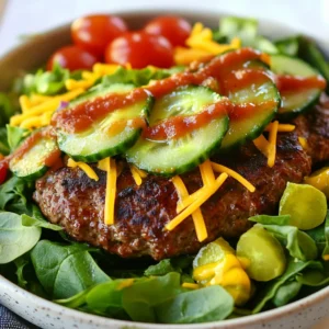 - 1 pound ground beef (or turkey for a leaner option) - 4 cups mixed greens: spinach, arugula, and romaine For the main part of your burger bowl, choose either ground beef or turkey. Beef gives a rich flavor, while turkey keeps it light. I love using a mix of greens like spinach, arugula, and romaine. This mix adds crunch and nutrition. The base of greens is key for a fresh taste. - 1 cup cherry tomatoes, halved - 1 cucumber, diced into bite-sized pieces - 1/2 cup pickles, sliced into rounds - 1 ripe avocado, sliced - 1/2 cup shredded sharp cheddar cheese - 1/4 cup ketchup (or your favorite condiment) - 1/4 cup mustard (yellow or Dijon, to taste) Now, let’s talk toppings. Cherry tomatoes add sweetness and color. Diced cucumber gives a nice crunch. Pickles add tang, while avocado brings creaminess. I always use sharp cheddar cheese; it melts beautifully. Don't forget ketchup and mustard! They add that classic burger taste everyone loves. - Sliced jalapeños - Tortilla chips for crunch If you like spice, add sliced jalapeños. They give a nice kick! For extra crunch, try crushing some tortilla chips on top. This adds texture and flavor. Feel free to mix and match your toppings for a fun twist. {{ingredient_image_2}} To make great patties, start by mixing the meat with seasonings. In a large bowl, combine 1 pound of ground beef or turkey with 1 teaspoon garlic powder, 1 teaspoon onion powder, and 1 teaspoon smoked paprika. Add salt and pepper to taste. Use your hands to mix gently. Be careful not to overwork the meat, or the patties may become tough. Next, shape the meat into patties. Divide the mixture into four equal parts. Make each patty a bit larger than a burger bun. This way, they will shrink as they cook. Now it’s time to cook the patties. Heat a non-stick skillet or grill pan over medium-high heat. Place the patties in the pan and cook them for about 4-5 minutes on each side. You want them to reach medium doneness, which is about 165°F (74°C) for turkey. Adjust the cooking time to match your preference. Once the patties are done, it’s time to build your burger bowls. Start by layering the salad base. In a large serving bowl, add 4 cups of mixed greens. This can be spinach, arugula, and romaine. Next, add the cooked patties on top of the greens. The heat from the patties will help wilt the greens a little. Now, it’s time for the toppings. Scatter 1 cup of halved cherry tomatoes, 1 diced cucumber, 1/2 cup of sliced pickles, and 1 ripe avocado that you sliced. This creates a colorful display. To finish, sprinkle 1/2 cup of shredded sharp cheddar cheese over each patty. The heat will slightly melt the cheese. Drizzle 1/4 cup of ketchup and 1/4 cup of mustard on top for a tangy flavor. If you like spice, add sliced jalapeños. You can place them in the salad or on the patties. Serve the bowls right away. Encourage everyone to mix the ingredients for a tasty bite. Enjoy your flavorful burger bowls! To make the best burger patties, keep a few key tips in mind. - Avoiding overworking the meat: Gently mix the ground meat with seasonings. Use your hands to blend, but don’t mash it. Overworking makes patties tough. You want them juicy and tender. - Checking internal temperature: Cook patties until they reach 165°F (74°C) for turkey. Use a meat thermometer to check. This ensures food safety and perfect doneness. How you serve your burger bowl matters. - Creating a visually appealing bowl: Start with a bed of mixed greens. Add colorful toppings around the patty. Cherry tomatoes, cucumbers, and avocados bring brightness. - Suggestions for serving: Drizzle ketchup and mustard over the top. For extra crunch, sprinkle crushed tortilla chips. This adds texture and flavor. Making burger bowls your way is easy. - Adapting ingredients for dietary preferences: Use ground turkey for leaner options or plant-based patties for a vegan twist. You can swap mixed greens with kale or lettuce based on taste. - Combining flavors creatively: Try adding different cheeses or spicy condiments. Mix in new veggies like bell peppers or red onions. Each change creates a unique flavor profile. Pro Tips Use a Meat Thermometer: To ensure your patties are cooked to perfection, invest in a meat thermometer. The internal temperature should reach 160°F (71°C) for ground beef and 165°F (74°C) for turkey. Customize Your Greens: Feel free to mix up your salad greens! Adding kale or baby kale can elevate the nutritional value and texture of your burger bowl. Rest Your Patties: After cooking, let the patties rest for a few minutes before serving. This helps retain their juices and enhances the overall flavor. Experiment with Toppings: Don't hesitate to get creative with your toppings! Try adding caramelized onions, sautéed mushrooms, or even a fried egg for extra richness. {{image_4}} You can switch up the protein in your burger bowls. Try using ground turkey for a leaner dish. If you want a meat-free option, consider black beans or lentils. These options are healthy and tasty. You can also try chicken patties or plant-based patties. They add great flavor and texture. Both options fit well in your burger bowls. Make your burger bowls exciting by adding unique flavors. Think about different cuisines. For a Southwest twist, add corn, black beans, and salsa. For an Asian flair, use teriyaki sauce and top with sesame seeds. Gourmet toppings make a big difference too. Try crispy onions, fresh herbs, or spicy aioli. These small changes can transform your meal. Using fresh, seasonal ingredients can elevate your burger bowls. During spring and summer, add ripe tomatoes, cucumbers, and fresh herbs. In fall and winter, roasted squash and kale work well. These seasonal vegetables are often at their best. They taste better and provide great nutrition. Adapting your burger bowls with the seasons keeps every meal fresh and fun. To keep your burger bowls fresh, store them in the fridge. Place leftovers in airtight containers. This helps keep the flavors intact and prevents spoilage. Use glass or plastic containers that seal well. Label the containers with the date. This way, you can track freshness easily. When reheating, you want to keep the quality high. The best method is using the oven or microwave. Set your microwave to medium heat. Heat for about 1-2 minutes. If using an oven, preheat it to 350°F (175°C). Warm the burger bowls for about 10 minutes. Check if the patties are heated through before serving. Freezing your burger bowls can extend their life. First, separate the patties and toppings before freezing. Wrap each patty in plastic wrap and place in a freezer bag. For toppings, use a container or bag with air removed. When ready to eat, thaw the patties in the fridge overnight. Reheat them as instructed above. Add fresh toppings after reheating for the best taste. You can use lean meats like ground turkey or chicken. These options are tasty and lower in fat. If you want a plant-based choice, try black beans, lentils, or chickpeas. These will give you a good texture and flavor. Using lean meat or plant-based options can make your burger bowl healthier. Just remember to season them well. Seasonings like garlic powder, onion powder, and smoked paprika work great. Yes, you can prep components in advance. Cook the patties and store them in the fridge for up to three days. You can also wash and chop your veggies ahead of time. Keep the mixed greens, tomatoes, and pickles in separate containers. This helps them stay fresh. When it's time to eat, just assemble your bowl. Heat the patties in the microwave or a skillet. This keeps everything tasty and fresh. To keep your avocado fresh, leave the pit in the unused half. This helps slow browning. You can also sprinkle lemon or lime juice on the cut surface. The acid helps preserve its color. Store the avocado half in an airtight container in the fridge. Use it within a day or two for the best taste. If it does brown, you can scrape off the top layer before serving. Burger bowls are fun, tasty, and easy to make. You can mix ground beef or turkey with fresh greens, add vibrant toppings, and explore spicy add-ons. Remember, the way you shape and cook the patties matters. Aim for a perfect finish each time. Get creative by customizing your burger bowl to fit your taste. Store leftovers well or even freeze them for later. Enjoy making these bowls that fit any diet and season. With these tips, you're set to impress at your next meal.