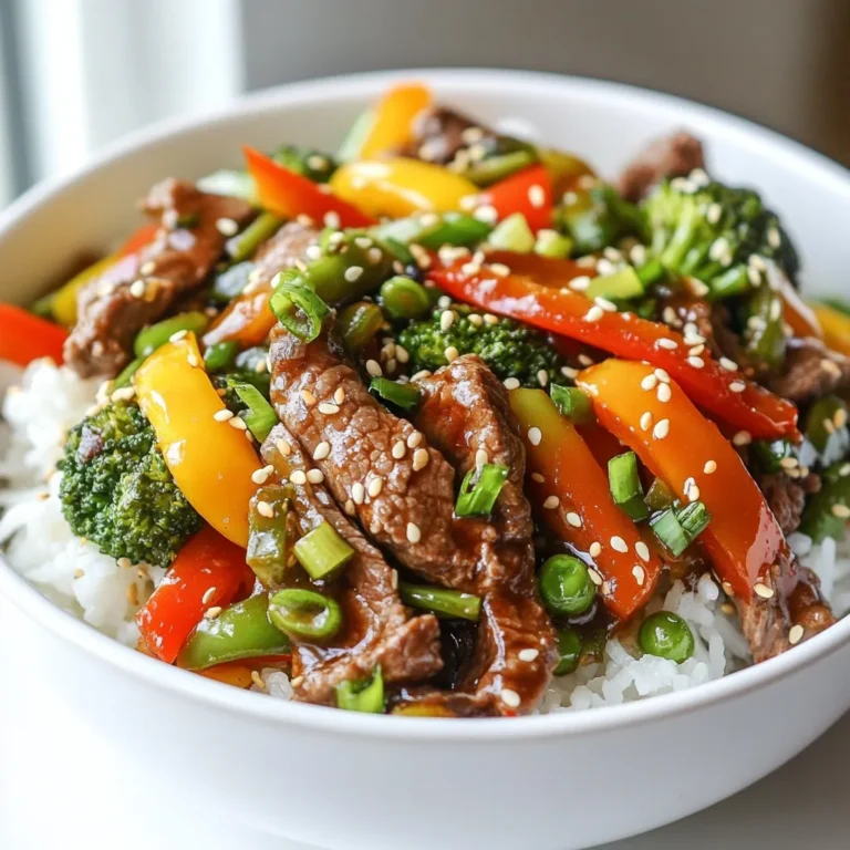 - 1 lb beef sirloin, thinly sliced against the grain - 1 red bell pepper, sliced into thin strips - 1 yellow bell pepper, sliced into thin strips - 1 cup broccoli florets, cut small - 1 cup snap peas, trimmed - 2 tablespoons soy sauce - 1 tablespoon oyster sauce - 1 teaspoon sesame oil - 3 cloves garlic, finely minced - 1 inch ginger, freshly grated - 1 tablespoon cornstarch mixed with 2 tablespoons water (slurry) - Salt and black pepper to taste - Cooked rice or noodles for serving - Sesame seeds for garnish - Chopped green onions for garnish When I prepare a quick beef stir-fry, I start with fresh ingredients. The beef sirloin needs to be thinly sliced against the grain. This helps keep it tender. I love using colorful bell peppers. They add flavor and make the dish pop. Broccoli and snap peas are also great choices. They bring a nice crunch and bright color. Next up is the marinade. I mix soy sauce, oyster sauce, and sesame oil. The soy sauce gives saltiness, while the oyster sauce adds depth. Sesame oil brings a lovely nutty flavor. Marinating the beef for ten minutes makes it even better. For the finishing touches, garlic and ginger are key. They add aroma and taste. I use cornstarch mixed with water to thicken the sauce. A little salt and black pepper help enhance all the flavors. Finally, I serve it over rice or noodles. Adding sesame seeds and green onions gives it that perfect crunch and touch. {{ingredient_image_2}} To marinate beef sirloin, start with thin slices. In a medium bowl, mix soy sauce, oyster sauce, and sesame oil. Add the beef to the bowl and stir well. Make sure all pieces are covered. Let it sit for about 10 minutes. This step adds flavor and tenderness. For a perfect sear, use a hot skillet. Heat 1 tablespoon of vegetable oil over high heat. Add the marinated beef in batches. Do not overcrowd the pan; this helps browning. Stir-fry for 2-3 minutes. The beef should brown but not fully cook. This adds great flavor. Aromatics like garlic and ginger are key. After searing, keep the skillet hot. Add the remaining vegetable oil. Then, add minced garlic and grated ginger. Sauté for about 30 seconds. You want them fragrant but not burnt. This adds a rich flavor base to your stir-fry. To cook vegetables, add them after the aromatics. Use red and yellow bell peppers, broccoli, and snap peas. Stir-fry these for 3-4 minutes. Keep them tender-crisp. This means they should be bright and still have some bite. Overcooking makes them mushy. Now, return the beef to the skillet. Pour in the cornstarch slurry while stirring. This will thicken the sauce quickly. Keep stirring for about a minute. Ensure the sauce coats all the beef and veggies. This makes each bite flavorful and delicious. Finally, taste your stir-fry. Add salt and black pepper to enhance flavor. Mix well to combine everything. Serve hot over rice or noodles. For a garnish, sprinkle sesame seeds and chopped green onions. This adds color and a nice crunch. To save time in the kitchen, prep all your ingredients first. Cut the beef and veggies before you start cooking. Marinate the beef while you chop veggies. This way, you can cook fast. Use high heat to quickly sear the beef. Stir-frying keeps the cooking time short. Cook in small batches to avoid steaming the beef. Keeping vegetables crisp is key for a great stir-fry. Cook veggies over high heat for just a few minutes. Stir them often to prevent burning. Bright colors mean they are still fresh. Add veggies in the order of cooking time. Start with the bell peppers, then add broccoli and snap peas. This way, they stay crunchy and tasty. Adding spices and sauces can boost your stir-fry's flavor. Try adding crushed red pepper for heat. A splash of rice vinegar adds a tangy touch. You can also mix in hoisin sauce for a sweet twist. If you love garlic, add more minced cloves. Experiment and find what you enjoy! Pro Tips Marinate for Maximum Flavor: Allow the beef to marinate for at least 30 minutes if time permits. This enhances the flavor and tenderness of the meat. High Heat is Key: Stir-frying over high heat ensures the beef cooks quickly and remains tender, while also giving the vegetables a nice crisp texture. Customize Your Veggies: Feel free to swap in your favorite vegetables, such as carrots or zucchini, to make this dish your own! Perfectly Cooked Rice or Noodles: Ensure your rice or noodles are cooked just before serving. This keeps them warm and ready to absorb the delicious stir-fry flavors. {{image_4}} You can swap beef for chicken, tofu, or shrimp. Each choice adds its own charm. For chicken, use thinly sliced breast or thigh. Tofu gives a great vegetarian option. Make sure to press it to remove excess water. Shrimp cooks quickly and adds a lovely taste. Adjust cooking times based on your protein choice for best results. Feel free to change up the veggies! Carrots, zucchini, or mushrooms work great. You can also try bok choy or green beans. Think about what you love and what you have. Each vegetable brings a unique flavor and texture. Just remember to cut them evenly for even cooking. You can change the sauce for new flavors. Add chili paste for heat or honey for sweetness. Swap soy sauce with tamari for a gluten-free option. Try adding lime juice for a zesty kick. Experiment with different sauces like teriyaki or hoisin. Adjust amounts to match your taste. To store leftovers safely, let your beef stir-fry cool down first. Place it in an airtight container. Store it in the fridge. It will stay fresh for about three to four days. Always label your container with the date. This way, you know when to use it. For the best reheating, use a skillet. Heat it on medium. Add a splash of water or broth. This keeps the stir-fry moist. Stir often until it's hot. You can also use the microwave. Cover your dish with a lid or a damp paper towel. This helps trap steam and keeps the food from drying out. Yes, you can freeze beef stir-fry! First, cool it completely. Then, place it in a freezer-safe bag or container. Squeeze out any air to prevent freezer burn. You can freeze it for up to three months. To eat, thaw it overnight in the fridge. Reheat it in a skillet or microwave when ready. Cooking beef stir-fry takes about 20 minutes. Here’s how it breaks down: - Prep Time: 10 minutes to marinate and chop. - Cooking Time: 10 minutes to stir-fry everything. The quick cooking time keeps the beef juicy and the veggies crisp. Yes, you can add more veggies for extra flavor. Here are some great options: - Carrots: Cut into thin matchsticks. - Mushrooms: Sliced for a savory touch. - Zucchini: Adds a nice crunch. - Baby corn: For sweetness and texture. Feel free to mix and match based on your taste! Absolutely! This recipe works great for meal prep. Here are some tips: - Cook in Bulk: Make a larger batch to divide into portions. - Store Properly: Keep in airtight containers in the fridge for up to 4 days. - Reheat: Use the microwave or a pan to reheat. Add a splash of water to keep it moist. Meal prepping helps save time and ensures you have a quick meal ready. For stir-fry, choose tender cuts of beef. Here are some good options: - Sirloin: Lean and flavorful, perfect for quick cooking. - Flank Steak: Great for its beefy taste and tender texture. - Ribeye: Rich in fat, making it extra juicy. If you prefer a different protein, try chicken or tofu for variety! This blog post showed you how to make quick beef stir-fry. We covered main ingredients, key steps, and helpful tips. You learned about marinating beef, perfect searing, and the right cooking techniques. Remember to keep your veggies crispy and explore protein or sauce variations. Follow storage rules to enjoy leftovers safely. With practice, you’ll master this dish and impress everyone. Enjoy your cooking journey and make this stir-fry your own!