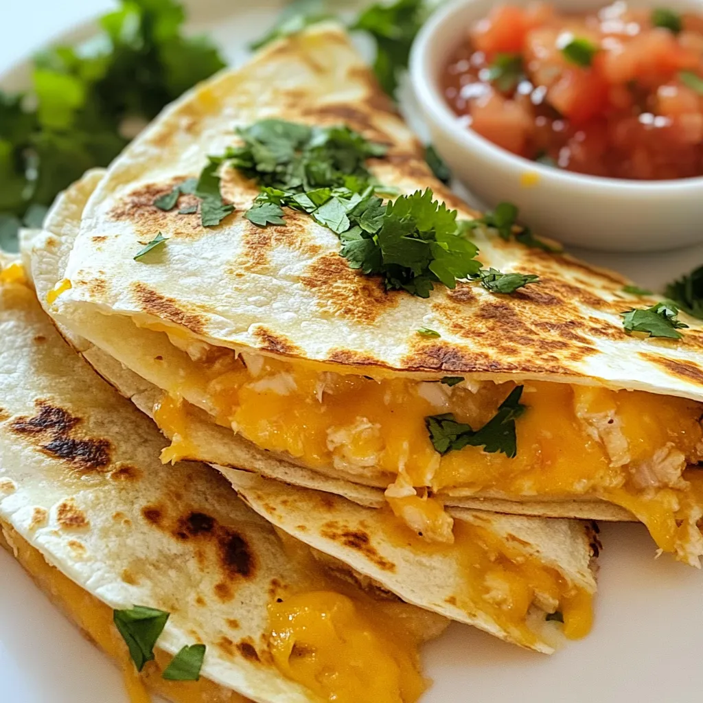 - 2 cups cooked chicken, shredded - 1 ½ cups shredded cheddar cheese - ½ cup cream cheese, softened - ½ teaspoon garlic powder - ½ teaspoon onion powder - 1 teaspoon taco seasoning - 4 large flour tortillas - 2 tablespoons olive oil (for frying) - Salsa (for serving) - Fresh cilantro, chopped (for garnish) - 1 cup = 8 ounces - ½ cup = 4 ounces - 1 tablespoon = 3 teaspoons - Add some diced jalapeños for heat. - Swap cheddar for pepper jack cheese for a spicy kick. - Include black beans for extra protein and fiber. {{ingredient_image_2}} Start by gathering your ingredients. In a medium bowl, mix together: - 2 cups cooked chicken, shredded - ½ cup cream cheese, softened - ½ teaspoon garlic powder - ½ teaspoon onion powder - 1 teaspoon taco seasoning Stir well until the chicken mixture is smooth and creamy. This blend gives the quesadilla its rich taste. Next, take one large flour tortilla. Spread a quarter of the chicken mixture over half of the tortilla. Ensure it covers the area well. Then, sprinkle about ⅓ cup of shredded cheddar cheese on top. The cheese adds flavor and helps bind the quesadilla. Carefully fold the tortilla in half, making sure the filling is sealed inside. Press gently to keep it closed. Heat 1 tablespoon of olive oil in a large skillet over medium heat. Once hot, place one folded quesadilla in the skillet. Cook for about 2-3 minutes until the bottom is golden brown. Using a spatula, flip the quesadilla carefully. If needed, add another tablespoon of olive oil to the skillet. Cook the other side for another 2-3 minutes until it’s crispy and the cheese melts. After cooking, take the quesadilla out. Use a sharp knife or pizza cutter to slice it into wedges. Repeat this process for the rest of the tortillas and chicken filling. Serve your quesadillas warm with salsa for dipping. Don’t forget to garnish with fresh cilantro for extra flavor! To get a crispy quesadilla, use enough oil. Olive oil works great for frying. Heat the skillet until it is hot but not smoking. This helps the quesadilla crisp up nicely. Cook it for just long enough on each side. Aim for 2-3 minutes per side. If you want more crunch, increase the heat slightly. Just watch it closely to avoid burning. For a taste that hits just right, use fresh spices. Try adding more garlic powder or onion powder. Fresh cilantro on top gives a bright flavor. You can drizzle some lime juice over the quesadilla too. This adds a nice zing. If you like heat, add some jalapeños or hot sauce to the chicken mix. Many people overfill their quesadillas. This makes them hard to cook and flip. Stick to a quarter of the filling per tortilla. Another mistake is not sealing them well. Press the edges to keep the filling inside. Lastly, don’t rush the cooking. Let each side get crispy before flipping. This will give you that lovely golden color and melt the cheese perfectly. Pro Tips Use Leftover Chicken: This recipe is perfect for using up leftover rotisserie chicken, saving you time and enhancing the flavor. Customize Your Cheese: Feel free to mix different types of cheese, such as Monterey Jack or Pepper Jack, for a unique twist. Don’t Overfill: Make sure not to overload the quesadillas with filling, as this can make them difficult to flip and may cause them to break apart. Keep It Warm: If making multiple quesadillas, keep the finished ones warm in a low oven while you cook the rest. {{image_4}} You can easily make a vegetarian quesadilla. Replace the chicken with black beans or sautéed veggies. Try bell peppers, onions, or mushrooms for great flavor. Use the same cream cheese mixture. It will be just as creamy and tasty! Want more heat? Add diced jalapeños or a pinch of cayenne pepper to the filling. If you like mild food, skip the spices or use sweet peppers. You can control the spice to fit your taste. Get creative with your fillings! You can use shredded beef, pork, or even shrimp. For a twist, try adding fresh spinach or corn. Mix and match ingredients to find your favorite combination. The possibilities are endless! To keep your leftover quesadillas fresh, let them cool first. Place them in an airtight container. You can store them in the fridge for up to three days. Make sure to separate layers with parchment paper to avoid sticking. When you're ready to enjoy your quesadillas again, reheat them in a skillet. Place the quesadilla in the skillet over medium heat. Cook for about 2-3 minutes on each side. This method keeps them crispy and warm. You can also use a microwave. Heat on high for about 30-45 seconds. However, this may make them less crispy. If you want to freeze your quesadillas, wrap each one tightly in plastic wrap. Then, place them in a freezer bag. They can last up to three months in the freezer. To reheat, let them thaw in the fridge overnight. Then, follow the same reheating steps to enjoy a delicious meal later! You can use any cooked chicken. Shredded rotisserie chicken works great. You can also boil or grill chicken breasts. Just make sure the chicken is tender and easy to shred. Dark meat adds more flavor, but light meat is fine too. Yes, you can prepare the chicken filling ahead of time. Store it in the fridge for up to three days. You can also assemble the quesadillas and keep them in the fridge. Just cook them fresh when you are ready to eat. This keeps them crispy and delicious. To make this recipe healthier, use whole wheat tortillas. They have more fiber and nutrients. You can also reduce the cheese or use low-fat cheese. Adding veggies like spinach or bell peppers boosts nutrition too. Use grilled chicken instead of fried for a lighter option. You learned about the key ingredients for perfect quesadillas. We covered how to prep the chicken, assemble, and cook them for tasty results. I shared tips for a crispy texture and flavor boosts. You can explore fun variations and proper storage to keep your quesadillas fresh. Remember, with practice, you’ll make delicious quesadillas that everyone will love. Enjoy your cooking journey and impress your family and friends!