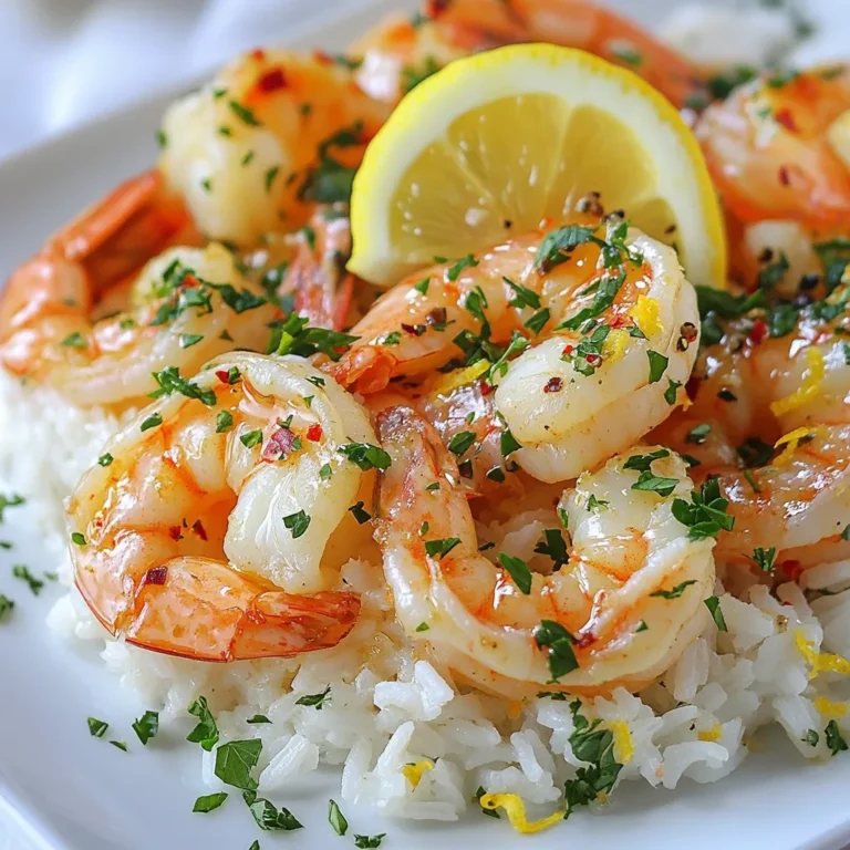 - 1 pound large shrimp, peeled and deveined - 1 cup jasmine rice - 2 cups chicken or vegetable broth - 4 tablespoons unsalted butter - 6 cloves garlic, minced - 1 teaspoon smoked paprika - 1 teaspoon fresh lemon zest - 1 tablespoon freshly squeezed lemon juice - Salt and freshly ground black pepper, to taste - ¼ cup fresh parsley, finely chopped (for garnish) - Optional: A pinch of red pepper flakes for those who enjoy a spicy kick Start by rinsing the jasmine rice. Use cold water until it runs clear. This step helps remove extra starch. It makes the rice fluffy and not sticky. Next, mince the garlic. You want it finely chopped for a strong flavor. For the shrimp, peel and devein them if they are not already. This step is key for a clean bite. Gather all your spices and herbs. Measure them out beforehand for easy mixing later. When measuring rice, use a dry measuring cup. For liquids like broth, a liquid measuring cup works best. Make sure to pack the garlic firmly when you chop it. This ensures you get the full flavor in each bite. For spices, use measuring spoons to get just the right amount. Remember, you can adjust salt and pepper to your taste. {{ingredient_image_2}} To start, rinse 1 cup of jasmine rice under cold water. Keep rinsing until the water runs clear. This step removes excess starch. It helps the rice cook fluffy. Next, in a medium saucepan, mix the rinsed rice with 2 cups of chicken or vegetable broth. Bring it to a boil over medium-high heat. Once it boils, reduce the heat to low. Cover the pot and let it simmer for 15 minutes. The rice will absorb all the broth. After that, take it off the heat and let it sit for 5 more minutes. This helps the rice steam and become tender. While your rice cooks, let’s prepare the shrimp. In a large skillet, melt 2 tablespoons of butter over medium heat. When the butter is bubbling, add 6 cloves of minced garlic. Sauté the garlic for about 1 minute. Stir it often so it doesn’t burn. You want it fragrant and golden. Add 1 pound of deveined shrimp to the skillet. Season the shrimp with 1 teaspoon of smoked paprika, lemon zest, salt, and black pepper. Cook the shrimp for 2-3 minutes on each side. When they turn pink and opaque, they are ready. Once cooked, stir in the other 2 tablespoons of butter and 1 tablespoon of lemon juice. Toss the shrimp in the garlic butter sauce to coat them well. If you like spice, add a pinch of red pepper flakes. Now it’s time to plate your meal. Fluff the cooked rice with a fork to separate the grains. Serve a generous amount of rice on each plate. Top it with the garlic butter shrimp. For a nice touch, sprinkle finely chopped parsley on top. You can also add a bit of extra lemon zest if you want more citrus flavor. This dish looks great and tastes even better! To make fluffy rice, wash the jasmine rice well. Rinsing helps remove extra starch. This step is key. Use cold water until it runs clear. After that, cook the rice in broth. This adds flavor. Follow a 2:1 liquid to rice ratio. When boiling, cover and reduce the heat. Let it simmer for 15 minutes. After cooking, let it sit for 5 minutes. This allows the rice to steam and become fluffy. For perfect shrimp, start with fresh or frozen shrimp. If frozen, thaw them first. Heat butter in a skillet. Use medium heat to avoid burning. Add minced garlic and sauté for about a minute. Then, add the shrimp and season them. Cook for 2-3 minutes on each side. Look for pink and opaque shrimp. This means they’re ready. Remember, overcooking makes shrimp rubbery, so watch closely. To enhance flavor, use smoked paprika for warmth. A touch of fresh lemon zest brightens the dish. You can also add a splash of lemon juice. If you like heat, red pepper flakes are great. Fresh herbs like parsley add color and taste. Feel free to experiment with spices you enjoy. Each twist makes the meal unique and fun. Pro Tips Rinse the Rice: Rinsing jasmine rice under cold water removes excess starch, resulting in fluffier rice that doesn't stick together. Don’t Overcook the Shrimp: Cook shrimp just until they turn pink and opaque, usually 2-3 minutes per side, to avoid rubbery texture. Add Freshness with Zest: Incorporating lemon zest not only enhances flavor but also adds a vibrant aroma to the dish. Garnish for Color: Finishing with fresh parsley and extra lemon zest elevates presentation and adds a pop of color to your dish. {{image_4}} If you love heat, add red pepper flakes. Start with a pinch and taste. You can always add more if you want. The flakes bring warmth and a nice kick to the dish. This simple tweak will make your garlic butter shrimp sizzle with flavor. Not in the mood for shrimp? You can swap it for chicken or tofu. Use about one pound of chicken breast, cut into small pieces. Cook it the same way you cook shrimp. If you want to use tofu, choose firm tofu. Cube it and sauté until golden. Both options will still soak up that tasty garlic butter sauce. Adding veggies can boost nutrition and flavor. Try asparagus or peas for a pop of color. Cut asparagus into bite-sized pieces and cook them with the shrimp. For peas, add them in the last minute of cooking. They will stay bright and crisp. This simple addition makes the dish even more appealing and balanced. To store leftovers, let the dish cool first. Place the shrimp and rice in an airtight container. Make sure it seals well to keep the flavors fresh. Store it in the fridge for up to three days. If you keep it longer, it may lose its taste and texture. When you’re ready to eat, take the leftovers out of the fridge. You can reheat them in the microwave. Use a microwave-safe bowl and cover it with a lid or a damp paper towel. Heat for about 1 to 2 minutes, stirring halfway through. Check if it's warm enough. If not, heat for an extra 30 seconds. You can also reheat in a skillet. Add a splash of broth or water to keep it moist. Warm it over medium heat, stirring gently until it’s hot. This method helps keep the shrimp tender. If you want to freeze the dish, let it cool completely. Divide it into smaller portions and place them in freezer-safe bags or containers. Remove as much air as possible to avoid freezer burn. You can freeze it for up to three months. To thaw, place the container in the fridge overnight. For a quicker method, you can use the microwave’s defrost setting. Once thawed, reheat as mentioned above. This way, you can enjoy this tasty meal on busy days! For this recipe, I recommend using large shrimp. They provide a nice bite and cook well. Look for fresh or frozen shrimp that is peeled and deveined. You can also use shrimp labeled as “jumbo” if you want a bigger portion. The cooking time remains the same, so you’ll still get that perfect garlic butter flavor. Yes, you can use brown rice. It has a nuttier taste and a chewier texture. Keep in mind, brown rice takes longer to cook. You will need to adjust the cooking time to about 40-45 minutes. Use the same amount of broth, but check the rice often to avoid overcooking. To keep shrimp tender, avoid overcooking them. Cook the shrimp just until they turn pink and opaque, which takes about 2-3 minutes per side. Make sure your skillet is hot before adding the shrimp. If you see them curling tightly, they are likely overcooked. Yes, you can make this dish without butter. You can use olive oil or a plant-based butter alternative. Both options will add flavor and richness to the dish. If you choose olive oil, use the same amount as the butter to maintain the creamy texture. This blog post covered key steps for cooking garlic butter shrimp and jasmine rice. We discussed the right ingredients, how to prep them, and helpful measurement tips. You learned cooking methods and plating ideas for a great dish. I shared tips for fluffy rice and cooking shrimp well. Options for variations and smart storage methods were also included. The right ingredients and careful preparation lead to a tasty meal you can enjoy.