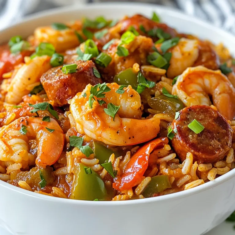 To make a great jambalaya, you need some key ingredients. Here’s a list to get you started: - 1 lb boneless, skinless chicken thighs, diced - 1 lb shrimp, peeled and deveined - 1 and 1/2 cups andouille sausage, sliced - 1 large onion, chopped - 1 green bell pepper, diced - 1 red bell pepper, diced - 3 cloves garlic, minced - 1 can diced tomatoes (14 oz) - 3 cups chicken broth - 2 cups long-grain rice, rinsed - 2 tablespoons Cajun seasoning - 1 teaspoon dried thyme - 1 teaspoon smoked paprika - 2 bay leaves - Salt and black pepper to taste - 3 tablespoons vegetable oil - 1/4 cup green onions, sliced (for garnish) - Fresh parsley, chopped (for garnish) These ingredients blend together for rich flavor and texture. You can add optional ingredients for more flavor. Consider these ideas: - Chopped celery for crunch - Diced jalapeños for heat - Hot sauce for spice - A splash of white wine for depth - Okra for a traditional touch These extras can tweak the taste to your liking. Cajun seasoning is a mix of spices. It often includes paprika, cayenne, garlic powder, and more. Use it to kick up the flavor in your jambalaya. The “Holy Trinity” is a key part of Cajun cooking. It refers to onion, bell pepper, and celery. These three ingredients form the base of many Cajun dishes, including jambalaya. They add sweetness and depth. Using these ingredients correctly makes your jambalaya both authentic and delicious! {{ingredient_image_2}} Start by heating three tablespoons of vegetable oil in a large skillet over medium heat. When the oil is hot, add one pound of diced, boneless chicken thighs. Cook them for six to eight minutes until they turn brown on all sides. This step gives the chicken a nice flavor. Once done, take the chicken out and set it aside on a plate. Next, add one and a half cups of sliced andouille sausage to the same skillet. Cook it for three to four minutes. You want it to brown and release its tasty oils. This adds depth to your jambalaya. Now it's time for the veggies! Toss in one large chopped onion, one diced green bell pepper, and one diced red bell pepper into the skillet with the sausage. Sauté these for about five minutes. You want the vegetables to get tender and flavorful. After that, stir in three minced garlic cloves. Cook for another minute until it smells amazing. Next, return the browned chicken to the skillet. Add in one can of diced tomatoes (with juice), three cups of chicken broth, and two cups of rinsed long-grain rice. Sprinkle in two tablespoons of Cajun seasoning, one teaspoon of dried thyme, one teaspoon of smoked paprika, and two bay leaves. Mix everything well to combine. Bring this mixture to a boil. Then, lower the heat and let it simmer. Cover the skillet with a lid and simmer for about 20 minutes. Stir occasionally to avoid sticking. When the rice is almost tender, it's time to add one pound of peeled and deveined shrimp. Fold them gently into the mix and cover again. Cook for another five to seven minutes until the shrimp turn pink. Once everything is cooked, take the skillet off the heat. Discard the bay leaves. Taste your jambalaya and add salt and black pepper as needed. Let it sit for about five minutes. This resting time helps the flavors blend. When ready to serve, dish the jambalaya into deep bowls. Garnish with sliced green onions and fresh parsley for a pop of color. You can also enjoy it with crusty bread or cornbread on the side. Enjoy your delicious creation! - Use fresh ingredients for the best taste. - Rinse your rice to remove excess starch. This helps keep the grains separate. - Adjust the Cajun seasoning to match your spice level. Start light and add more. - Let the jambalaya sit for a few minutes before serving. This melds the flavors. - Use a large skillet or Dutch oven to allow for even cooking. - Don’t skip the browning step for the chicken and sausage. This adds flavor. - Avoid overcooking the shrimp. They only need about 5-7 minutes to turn pink. - Don’t add too much liquid at once. This can make the dish soupy. - Skipping the bay leaves can rob your jambalaya of depth. Remember to remove them before serving. - Don’t rush the simmering step. It’s key for the rice to cook properly. - Serve your jambalaya in deep bowls for a hearty presentation. - Garnish with green onions and parsley for color and freshness. - Pair it with crusty bread or cornbread to soak up the flavors. - A simple green salad can balance out the meal's richness. - For a drink, try a cold beer or sweet tea. Both complement the spice well. Pro Tips Use Fresh Ingredients: Always opt for fresh vegetables and herbs to enhance the flavors of your jambalaya. Freshness can make a significant difference in the final taste. Customize the Spice Level: Adjust the Cajun seasoning according to your preference. If you like it spicier, consider adding some cayenne pepper or hot sauce for an extra kick. Let it Rest: Allowing the jambalaya to sit for a few minutes after cooking helps the flavors meld together and improves the overall taste. Add More Seafood: For a seafood lover's twist, feel free to incorporate other seafood like mussels or crab alongside the shrimp for added depth and flavor. {{image_4}} You can choose seafood or meat for your jambalaya. Seafood jambalaya often features shrimp and fish. This version bursts with fresh ocean flavor. Meat jambalaya, on the other hand, usually includes chicken and sausage. Andouille sausage adds a spicy kick, which many love. Both options taste great and showcase the rich Cajun culture. Want a meat-free version? Try a vegetarian jambalaya! Use bell peppers, onions, and zucchini for a fresh taste. Add chickpeas or black beans for protein. Vegetable broth replaces chicken broth, giving it a rich flavor. You can even toss in some corn for sweetness. This dish still holds the essence of Cajun cooking. Jambalaya changes from region to region. In Louisiana, you find the classic Creole style. This version often includes tomatoes and is more sauce-heavy. In contrast, the Cajun style is drier and uses no tomatoes. Some areas add different spices or ingredients. For instance, some folks enjoy adding okra for texture. Each region brings its twist to this beloved dish. To store leftover jambalaya, wait for it to cool. Place it in an airtight container. Make sure to separate the rice and meat if possible. This helps keep everything fresh. Store it in the fridge for up to three days. If you want to keep it longer, freezing is a great option. When you reheat jambalaya, use the stove for the best taste. Add a splash of chicken broth to keep it moist. Heat it on low and stir often. You can also use a microwave. Cover it with a damp paper towel and heat in short bursts. Stir after each interval to avoid drying it out. To freeze jambalaya, let it cool completely. Portion it into freezer-safe bags. Squeeze out the air before sealing. Label the bags with the date. You can freeze them for up to three months. When ready to eat, thaw in the fridge overnight. Reheat on the stove or in the microwave. Enjoy your delicious meal anytime! The Holy Trinity in Cajun cooking is a mix of three key vegetables: onion, bell pepper, and celery. These ingredients form the base for many Cajun dishes, including jambalaya. They add depth and flavor to the dish. Using these three together gives your jambalaya that authentic taste. Yes, you can make jambalaya ahead of time. In fact, it tastes even better the next day! Cook it fully, then cool it down. Store it in the fridge for up to three days. Reheat it gently on the stove. This makes meal prep easy and delicious. If you can’t find Andouille sausage, you have options. You can use smoked sausage or kielbasa as a substitute. Both provide good flavor. For a lighter choice, turkey sausage works too. Just make sure to season well to keep that Cajun vibe. Jambalaya and paella are both rice dishes but have key differences. Jambalaya comes from Cajun and Creole culture in Louisiana. It is often spicier and uses a mix of meats and seafood. Paella hails from Spain and typically includes saffron and different seafood. The cooking methods also differ, with jambalaya being a one-pot dish. Yes, jambalaya is generally gluten-free! The main ingredients, rice and meat, do not contain gluten. However, always check your Cajun seasoning and sausage to be sure. Some brands may add gluten or wheat. In this post, I shared how to make authentic Cajun jambalaya. You learned about key ingredients, like chicken, sausage, and the Holy Trinity. I provided detailed steps for cooking and tips to avoid common mistakes. You can customize your dish with seafood or vegetarian options. Finally, I showed you how to store and reheat leftovers. Now, you have all the knowledge to make a tasty jambalaya that stands out at any meal. Enjoy your cooking!
