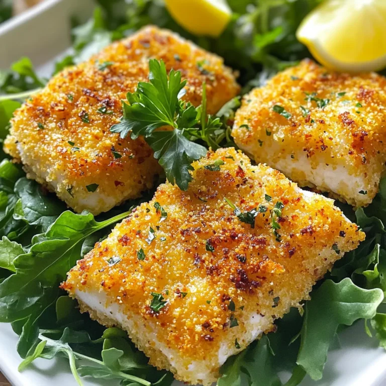 To make Air Fryer Parmesan Crusted Tilapia, gather these key items: - 4 tilapia fillets - 1 cup grated Parmesan cheese - 1 cup breadcrumbs (panko is best for crunch) - 1 tablespoon garlic powder - 1 tablespoon dried parsley - 1 teaspoon paprika - 1/2 teaspoon salt - 1/4 teaspoon black pepper - 2 large eggs, beaten - 2 tablespoons olive oil These ingredients create a tasty crust that makes the tilapia pop with flavor. If you want to switch things up, consider these alternatives: - Use a different fish like cod or haddock if you can't find tilapia. - Swap Parmesan cheese with Pecorino Romano for a sharper taste. - Use whole wheat breadcrumbs for a healthier option. - Try fresh herbs instead of dried for a more vibrant flavor. These changes can give your dish a unique twist while keeping it delicious. This dish is not just tasty; it also offers good nutrition. Here’s a quick look: - Calories: Around 360 per serving - Protein: 30g - Fat: 18g - Carbohydrates: 20g - Fiber: 1g Tilapia is a lean fish, making it a healthy option for dinner. The Parmesan adds flavor and protein, while the olive oil provides healthy fats. Enjoy your meal knowing you are eating something good for you! First, set your air fryer to 400°F (200°C). Let it heat for about 5 minutes. Preheating helps the fish cook evenly. This step is key for a crispy crust. Grab a shallow dish and mix the following ingredients: - 1 cup grated Parmesan cheese - 1 cup breadcrumbs (panko works best for crunch) - 1 tablespoon garlic powder - 1 tablespoon dried parsley - 1 teaspoon paprika - 1/2 teaspoon salt - 1/4 teaspoon black pepper Stir these well until they blend together. This mixture gives the fish great flavor. Take your tilapia fillets and pat them dry with paper towels. Drying is important. It helps the coating stick better. Next, dip each fillet in beaten eggs. Let extra egg drip off. Then, transfer the fillet to the breadcrumb mixture. Press gently to coat all sides. This step ensures maximum crunch. Place the coated fillets in the air fryer basket. Make sure they are not touching. Cook them for 8-10 minutes. Flip the fillets halfway through. They are done when the crust is golden brown. The fish should flake easily with a fork. Enjoy your crispy meal! To get that perfect crunch, start by drying your tilapia fillets well. Use paper towels to remove any moisture. This helps the coating stick better. When mixing the coating, use panko breadcrumbs. They add extra crunch and texture. After coating the fish, spray both sides with olive oil. This small step makes a big difference. It helps the crust turn golden and crispy in the air fryer. One common mistake is not preheating the air fryer. Always preheat it to 400°F (200°C) for best results. Another mistake is overcrowding the basket. Cook in a single layer to allow hot air to circulate. This ensures even cooking and crispiness. Also, avoid rushing the cooking time. Flipping the fillets halfway through helps them cook evenly. Lastly, don’t skip resting the fish. Let it sit for two minutes after cooking to enhance flavor and texture. For a colorful plate, serve the tilapia on a bed of mixed greens. This adds freshness and crunch. Steamed vegetables like broccoli or green beans also pair well. Add lemon wedges for a zesty touch. A sprinkle of fresh parsley brightens up the dish. You could even serve it with a side of rice or quinoa for a hearty meal. Enjoy your crispy delight! {{image_4}} You can change the taste of your Air Fryer Parmesan Crusted Tilapia easily. Here are some fun ideas: - Lemon Zest: Add zest from one lemon for a bright flavor. - Cajun Spice: Mix in Cajun seasoning for a spicy kick. - Herbs: Try fresh dill or basil for a fresh twist. - Cheese: Use different cheeses like cheddar or feta for variety. These add-ins will make your dish unique every time. While the air fryer gives you a crisp finish, other methods work too. Here are a few options: - Oven Baking: Preheat your oven to 425°F (220°C). Cook the fillets on a baking sheet for 15-20 minutes. - Pan-Frying: Heat oil in a skillet over medium heat. Cook each side for 3-4 minutes until golden brown. - Grilling: Preheat your grill. Cook the fillets for 3-4 minutes on each side. Use a grill basket to prevent them from falling through. These methods can give you great results as well. Pair your tilapia with tasty sides for a complete meal. Here are some ideas: - Steamed Vegetables: Broccoli or asparagus adds color and nutrition. - Rice: Serve with jasmine or brown rice for a filling side. - Salad: A crisp green salad balances the dish perfectly. - Mashed Potatoes: Creamy mashed potatoes complement the crispy fish well. These sides will make your meal even more enjoyable. To store leftover tilapia, let it cool first. Then, place it in an airtight container. This keeps the fish fresh and tasty. You can store it in the fridge for up to three days. Make sure to label the container with the date. This way, you can enjoy it later without worry. When you're ready to enjoy your leftover tilapia, reheating is simple. Preheat your air fryer to 350°F (175°C). Place the fillets in the basket, making sure they are not crowded. Heat for about 5 to 7 minutes. This will keep the crust crispy. Check that the fish is heated all the way through before serving. If you want to save tilapia for later, freezing is an option. First, let the cooked fish cool completely. Then, wrap each fillet in plastic wrap, and place them in a freezer bag. Remove as much air as possible before sealing. You can freeze it for up to three months. When you’re ready to eat, thaw it in the fridge overnight. Reheat it using the instructions above for a crunchy treat. You can tell tilapia is cooked when it flakes easily with a fork. The fish should turn opaque and have a light golden crust. If it looks shiny or translucent, it needs more time. Yes, you can use frozen tilapia fillets. Just ensure you thaw them first. You can do this by placing them in the fridge overnight or using the defrost setting on your microwave. Pat them dry before coating to help the breading stick. You can try different seasonings to suit your taste. Lemon zest adds a fresh flavor. Cajun seasoning gives a nice kick. You might also enjoy adding dill or cumin for a unique twist. Feel free to experiment with spices! You learned about making air fryer Parmesan crusted tilapia. We covered key ingredients and alternatives. I shared step-by-step instructions for perfect cooking. Tips helped you avoid common mistakes and achieve a crispy coating. Variations offered fun ways to change the dish. Storing and reheating tips keep leftovers tasty. Experiment with flavors and enjoy this easy recipe. With practice, you'll impress yourself and others with your skills. Enjoy your delicious, healthy meal!