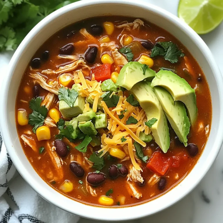 To make Chicken Enchilada Soup, gather the following: - 1 lb boneless, skinless chicken breasts - 1 tablespoon olive oil - 1 medium onion, finely diced - 3 cloves garlic, minced - 1 red bell pepper, finely diced - 1 can (15 oz) black beans, rinsed and drained - 1 can (15 oz) corn, drained - 1 can (10 oz) enchilada sauce - 4 cups chicken broth - 1 teaspoon ground cumin - 1 teaspoon chili powder - 1 teaspoon smoked paprika - Salt and freshly ground black pepper to taste - Fresh cilantro, chopped (for garnish) - Ripe avocado, diced (for topping) - Shredded cheese (cheddar or Mexican blend, for topping) - Lime wedges (for serving) You can dress up your soup with some fun toppings. Try these: - Chopped green onions - Sour cream - Jalapeño slices - Tortilla strips These toppings add crunch and flavor. Feel free to mix and match to suit your taste! If you don't have certain ingredients, don’t worry! Here are some swaps: - Use chicken thighs instead of chicken breasts for a richer flavor. - Swap olive oil for vegetable oil or butter. - Use any color bell pepper you have on hand. - If you need a vegetarian option, replace chicken with extra beans or lentils. - Use vegetable broth instead of chicken broth for a lighter taste. These substitutions help you adapt the recipe while keeping it delicious! {{ingredient_image_2}} First, gather all your ingredients. You need: - 1 lb boneless, skinless chicken breasts - 1 tablespoon olive oil - 1 medium onion, finely diced - 3 cloves garlic, minced - 1 red bell pepper, finely diced - 1 can (15 oz) black beans, rinsed and drained - 1 can (15 oz) corn, drained - 1 can (10 oz) enchilada sauce - 4 cups chicken broth - 1 teaspoon ground cumin - 1 teaspoon chili powder - 1 teaspoon smoked paprika - Salt and freshly ground black pepper to taste - Fresh cilantro, chopped (for garnish) - Ripe avocado, diced (for topping) - Shredded cheese (cheddar or Mexican blend, for topping) - Lime wedges (for serving) Make sure your onion and red bell pepper are diced small. This helps them cook evenly. Mince the garlic to release its flavor. Rinse and drain your black beans and corn, so they mix well in the soup. In a large pot, heat the olive oil over medium heat. Once hot, add the diced onion. Sauté it for 3-4 minutes until it turns soft and clear. Next, add the minced garlic and diced red bell pepper. Cook them for 2 more minutes, stirring often. This makes the mix smell great! Now it's time to add the chicken breasts. Pour in the chicken broth and enchilada sauce. Then, mix in the black beans, corn, cumin, chili powder, smoked paprika, and a pinch of salt and pepper. Stir until everything is well combined. Turn the heat up to bring the pot to a gentle boil. Once it boils, lower the heat, cover the pot, and let it simmer for 20-25 minutes. This makes sure the chicken cooks nicely and becomes tender. Carefully take out the chicken breasts from the pot. Use two forks to shred the chicken into bite-sized pieces. Return the shredded chicken back to the pot. Stir well to mix it in. Let the soup simmer for 5 more minutes. This will help all the flavors mix together. Taste the soup and adjust the seasoning if needed. If you want a richer taste, add more enchilada sauce. When ready to serve, ladle the soup into bowls. Top each bowl with fresh chopped cilantro, diced avocado, and shredded cheese. Don't forget to add a squeeze of lime juice for that extra zing! To make your chicken enchilada soup truly shine, focus on layering flavors. Start by sautéing the onion until it's soft. This step adds sweetness. Garlic and red bell pepper follow, adding depth and color. Use a good quality enchilada sauce; it packs a punch. If you want more heat, add fresh jalapeños or a dash of cayenne pepper. For extra richness, a splash of lime juice brightens the soup. Remember to taste as you go and adjust the seasoning with salt and pepper. One common mistake is overcooking the chicken. It can become dry and tough. Make sure to simmer until just cooked. Another mistake is not rinsing the beans. This can lead to a gritty texture. Also, avoid skipping the fresh toppings. They add brightness and contrast to the warm soup. Lastly, don't forget to taste! Every soup needs tweaking, so adjust your spices as needed. Serve the soup hot in colorful bowls for a fun presentation. Top with fresh cilantro and diced avocado for creaminess. A sprinkle of shredded cheese adds flavor, while lime wedges bring a fresh zesty touch. For a complete meal, pair it with warm tortillas or crunchy tortilla chips. This soup also works well with a side salad for a healthy touch. Enjoy your cozy bowl of chicken enchilada soup! Pro Tips Use Rotisserie Chicken: For a quicker option, consider using store-bought rotisserie chicken. It adds convenience and a delicious roasted flavor to your soup. Customize Your Spices: Feel free to adjust the level of spices according to your taste. Add more chili powder for heat or smoked paprika for a deeper flavor. Add Fresh Vegetables: Boost the nutrition by adding fresh vegetables like zucchini or spinach towards the end of the cooking process for added texture and flavor. Make It Ahead: This soup tastes even better the next day! Make a larger batch and refrigerate or freeze leftovers for a quick meal later. {{image_4}} To make a vegetarian version of Chicken Enchilada Soup, replace chicken with mushrooms or zucchini. These veggies add rich textures. You can also use vegetable broth instead of chicken broth for a full flavor. Add black beans and corn to keep it hearty. Don’t forget to include enchilada sauce for that classic taste. This version is just as tasty and filling! If you like heat, spice it up! Add diced jalapeños or serrano peppers to the soup. You can also increase the chili powder for more warmth. A dash of hot sauce can elevate the flavor. For an extra kick, consider using chipotle peppers in adobo sauce. They add a smoky depth that pairs well with the soup. Adjust the spices to fit your taste! Using a slow cooker makes this soup easy and flavorful. Start by sautéing onion, garlic, and bell pepper in a skillet. Then, add them to the slow cooker with chicken, broth, and sauce. Cook on low for 6-8 hours or high for 4 hours. Shred the chicken right before serving. This method lets the flavors blend beautifully, making the soup even more delicious! To keep your Chicken Enchilada Soup fresh, let it cool first. Use an airtight container. Store it in the fridge for up to three days. If you want to save it longer, freezing is a great option. For freezing, use a freezer-safe container. Leave some space at the top for expansion. The soup can last in the freezer for up to three months. When you're ready to eat, just thaw it overnight in the fridge before reheating. To reheat, pour the soup into a pot over medium heat. Stir occasionally until it’s hot. If the soup seems thick, add a little chicken broth or water to loosen it up. You can also use the microwave. Heat in 1-minute intervals, stirring in between. Enjoy it warm with your favorite toppings! Chicken Enchilada Soup lasts about 3 to 4 days in the fridge. Store it in an airtight container. If you want to keep it longer, freeze it. In the freezer, it can last for up to 3 months. Just remember to thaw it in the fridge before reheating. Yes, you can use canned chicken. It is a great time-saver. Just drain and rinse the chicken before adding it to the soup. Cook the soup for a shorter time. You can add the canned chicken during the last 10 minutes of cooking. Absolutely! To make Chicken Enchilada Soup dairy-free, skip the cheese on top. You can use dairy-free cheese if you prefer. Additionally, check the enchilada sauce for dairy ingredients. Many brands offer dairy-free options. Several sides go well with Chicken Enchilada Soup. Here are some great options: - Tortilla chips for crunch - Fresh salsa for a zesty touch - Cornbread for a sweet pairing - A simple green salad for freshness - Lime wedges for added flavor These sides enhance the meal and offer extra flavors. Enjoy your soup! This blog post guides you through making Chicken Enchilada Soup. We covered ingredients, step-by-step cooking, and storage tips. You learned about optional toppings and substitutions too. I shared ways to enhance flavor, avoid common mistakes, and suggested serving ideas. We explored variations, including vegetarian options and freezer-friendly tips. Remember, cooking is fun, so don't be afraid to experiment. Enjoy your tasty soup!