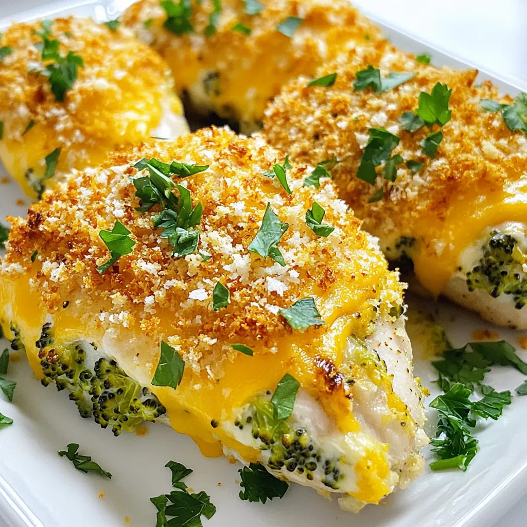 - 4 boneless, skinless chicken breasts - 1 cup fresh broccoli florets, steamed and finely chopped - 1 cup shredded cheddar cheese - 1/2 cup cream cheese, softened to room temperature - 1/4 teaspoon garlic powder - 1/4 teaspoon onion powder - Salt and freshly ground black pepper to taste - 1 cup seasoned breadcrumbs - 2 tablespoons olive oil - Extra shredded cheese - Fresh parsley When I create broccoli cheese stuffed chicken, I focus on quality ingredients. The chicken breasts are the canvas for the creamy filling. I love using fresh broccoli florets because they add great flavor and color. The combination of cheddar and cream cheese makes the filling rich and gooey. The seasonings are simple but key. Garlic powder and onion powder boost the taste. Salt and pepper are crucial to enhance all flavors. Seasoned breadcrumbs give a nice crunch to the dish. For a finishing touch, I often add extra cheese on top. Fresh parsley provides a pop of green. It makes the dish look appealing and fresh. Each bite bursts with flavor and texture, making it a family favorite. {{ingredient_image_2}} - First, combine your chopped broccoli, cheddar cheese, cream cheese, garlic powder, onion powder, salt, and pepper in a large bowl. - Use a fork or spatula to mix everything well. You want a creamy and smooth filling. This ensures each bite is packed with flavor. - Take each chicken breast and carefully slice it from the side. Make a pocket, but don’t cut all the way through. - Now, stuff each pocket with the broccoli and cheese mixture. You can use your fingers or a spoon to fill it well. If needed, use toothpicks to keep the filling inside. - Heat your skillet over medium-high heat and add olive oil until it shimmers. - Sear the stuffed chicken breasts for about 3-4 minutes on each side until they are golden brown. - Transfer the chicken to a baking dish and bake in the preheated oven for 20-25 minutes. Ensure the chicken reaches an internal temperature of 165°F (74°C). - To secure the chicken pockets, use toothpicks. Insert them carefully after stuffing. This keeps the filling from spilling out. - The right temperature ensures juicy chicken. Bake it until the internal temperature hits 165°F (74°C). Use a meat thermometer for accuracy. - For a flavor boost, consider adding herbs. Fresh thyme or basil can enhance the taste. - If you crave extra creaminess, add more cream cheese or a dollop of sour cream. It makes the filling richer and more delightful. - A heavy skillet works best for searing. Cast iron or stainless steel skillets give a nice, even heat. - Choose a baking dish that fits your chicken snugly. This helps the chicken cook evenly in the oven. Pro Tips Use Fresh Broccoli: Fresh broccoli provides a vibrant flavor and texture. If using frozen, ensure it’s well-drained to avoid excess moisture. Seal the Filling: If you're worried about the filling leaking out, use kitchen twine to tie the stuffed chicken breasts securely together. Experiment with Cheese: While cheddar is delicious, try mixing in different cheeses like mozzarella or pepper jack for a unique twist. Rest Before Serving: Allow the chicken to rest for a few minutes after baking. This helps the juices redistribute for a more flavorful bite. {{image_4}} You can switch up the cheese for this dish. Try mozzarella for a gooey texture. Gouda gives a rich flavor. For a dairy-free option, use cashew cheese or almond-based cheese. These alternatives can still provide a creamy filling. You can add other veggies to mix things up. Spinach, kale, or roasted red peppers work well. They add color and nutrients. Fresh herbs like basil or thyme can boost the flavor too. Just chop them finely and mix them into your filling. Want some heat? Add hot sauce or red pepper flakes to the filling. For a cheesy kick, use pepper jack cheese. This will give your dish a fun twist. You can even serve it with a spicy dipping sauce for extra flavor. To keep your broccoli cheese stuffed chicken fresh, follow these steps: - Place leftovers in an airtight container. - Refrigerate within two hours of cooking. - Use within three to four days for best taste. If you want to freeze it: - Wrap each piece tightly in plastic wrap. - Then place them in a freezer-safe bag. - Use within three months for best quality. When reheating, you want to keep the chicken juicy and the coating crispy. Here are a few methods: - Oven: Preheat to 350°F (175°C). Place chicken on a baking sheet. Cover with foil to retain moisture. Heat for about 20 minutes. - Microwave: This method is quick but may make the chicken soggy. Use a microwave-safe dish, cover it, and heat in 30-second intervals. Check until warm. In the fridge, this dish lasts about three to four days when stored correctly. Look for these signs of spoilage: - Unpleasant smell. - Color changes in the chicken. - Slimy texture on the surface. Storing and reheating correctly helps you enjoy your meal longer! Yes, you can use frozen broccoli for this dish. However, it may change the texture and flavor slightly. Frozen broccoli tends to be softer after cooking. To retain some crunch, steam it briefly before mixing it with the cheese. This helps keep some of its original taste. The best way to check if chicken is fully cooked is by using a meat thermometer. You want the internal temperature to reach 165°F (74°C). This ensures it is safe to eat. If you do not have a thermometer, cut into the chicken. The juices should run clear, and the meat should be white, not pink. Yes, you can prepare this dish ahead of time. Stuff the chicken and cover it. Store it in the fridge for up to 24 hours before cooking. When ready to cook, take it out and let it sit for about 15 minutes at room temperature. This helps it cook evenly. In this blog post, we explored how to make delicious stuffed chicken breasts with broccoli and cheese. We covered the key ingredients, detailed step-by-step instructions, and shared useful tips. Remember to secure the chicken pockets well and adjust the flavors to your liking. Feel free to experiment with different cheeses and veggies. When storing leftovers, keep them sealed for the best taste. Enjoy your cooking journey and make this recipe your own!