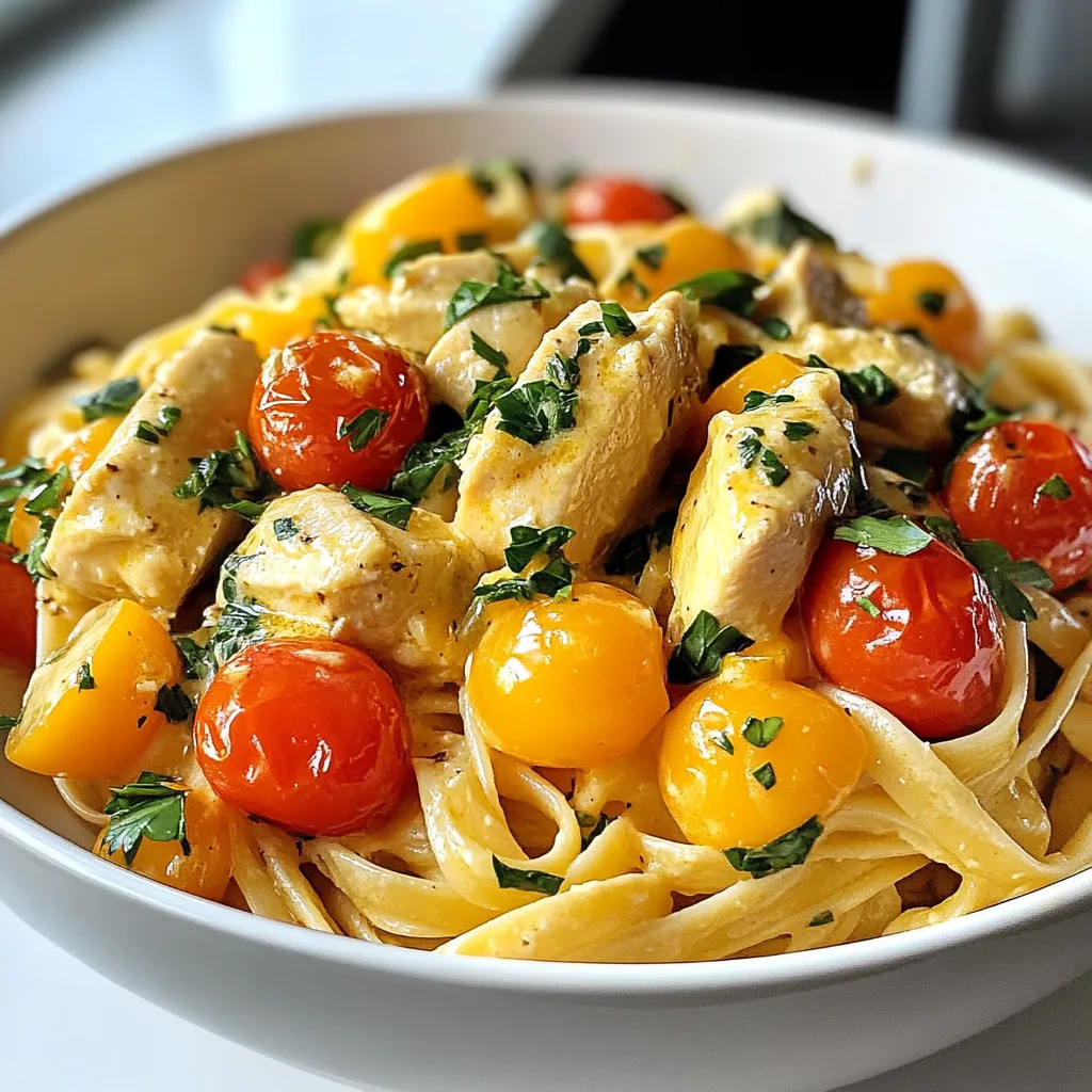 - 8 oz linguine pasta - 2 boneless, skinless chicken breasts, diced - 4 tablespoons cowboy butter - 3 cloves garlic, minced - 1 teaspoon smoked paprika - ½ teaspoon cayenne pepper - 1 cup cherry tomatoes, halved - 1 cup fresh spinach, chopped - ½ cup heavy cream - Salt and black pepper - ½ cup unsalted butter, softened - 2 tablespoons fresh chives, chopped - 1 tablespoon fresh parsley, chopped - 1 tablespoon lemon zest - 1 teaspoon garlic powder - 1 teaspoon onion powder - Pinch of salt - Fresh parsley, chopped {{ingredient_image_2}} To start, gather your ingredients for the cowboy butter. In a medium bowl, mix ½ cup of soft unsalted butter with 2 tablespoons of chopped chives, 1 tablespoon of chopped parsley, and the zest from one lemon. Add 1 teaspoon of garlic powder, 1 teaspoon of onion powder, and a pinch of salt. Blend everything well until smooth. Roll the mixture in parchment paper to form a log. Chill it in the fridge for about 30 minutes until firm. Fill a large pot with water and add a good amount of salt. Bring the water to a boil. Add 8 ounces of linguine pasta and cook it until al dente, following the package guide. Once ready, save ½ cup of the pasta water, then drain the rest. Set the linguine aside. In a large skillet, heat 2 tablespoons of the cowboy butter over medium-high heat. Once it melts, add 2 diced chicken breasts. Season the chicken with 1 teaspoon of smoked paprika, ½ teaspoon of cayenne pepper, salt, and pepper. Cook the chicken for about 7 to 10 minutes until golden brown and cooked through to 165°F (75°C). After the chicken cooks, lower the heat to medium. Stir in 3 minced garlic cloves and cook for 1 minute. Next, add 1 cup of halved cherry tomatoes. Cook them for 3 to 5 minutes until they soften and burst with flavor. Slowly pour in ½ cup of heavy cream, stirring to mix it well. Add 1 cup of chopped spinach and let it simmer for 2 to 3 minutes until the spinach wilts. Taste the sauce and adjust with more salt or pepper as needed. Now, add the drained linguine to the skillet. Pour in the reserved pasta water and the rest of the cowboy butter. Toss everything together gently. Make sure the pasta is well-coated in the creamy sauce and heated through. Serve your cowboy butter chicken linguine in shallow bowls. Garnish with chopped parsley for a pop of color. For an extra zing, squeeze some fresh lemon juice on top before enjoying this delightful dish. To make your chicken shine, start with good quality meat. Cut the chicken into even pieces. This helps it cook at the same rate. Season it well with smoked paprika and salt. This adds depth and flavor. Cook until golden brown and juicy. A nice sear gives great taste. Spice can change a dish a lot. I use cayenne pepper for heat. If you want less spice, use less cayenne. For more flavor, add some crushed red pepper flakes. Taste as you go. This way, you can find the right balance for your palate. To boost flavors, use fresh herbs like chives and parsley. The cowboy butter adds a rich taste. Don't forget to add garlic early to get that nice aroma. Cherry tomatoes give sweetness and color. They also add a nice pop to the dish. How you serve can make a big difference. Use shallow bowls to show off the pasta. The bright tomatoes and green spinach look great against the creamy sauce. Finish with freshly chopped parsley for color. A squeeze of lemon juice adds a fresh touch, too. This makes your dish look as good as it tastes! Pro Tips Use Fresh Ingredients: Always opt for fresh herbs and vegetables to elevate the flavor of your Cowboy Butter Chicken Linguine. Adjust Spice Levels: Feel free to modify the amount of cayenne pepper to suit your personal heat preference. Don't Overcook the Pasta: Ensure your linguine is cooked al dente for the best texture, as it will continue to cook when added to the skillet. Garnish for Flavor: A sprinkle of fresh lemon juice over the finished dish adds a delightful brightness that complements the richness of the sauce. {{image_4}} You can make this dish meat-free. Swap the chicken for mushrooms or zucchini. Use the same spices to keep the flavor bold. Sauté the veggies just like you would with the chicken. Add a little extra cowboy butter to keep it rich. For a gluten-free meal, choose gluten-free linguine. Many brands offer great options that taste amazing. Just cook it according to the package. The rest of the recipe stays the same, so you won't miss out on any flavor. If you want to try different proteins, consider shrimp or tofu. Shrimp cooks quickly and adds a nice flavor. For tofu, use firm or extra-firm, and sauté until golden. Both options pair well with the creamy sauce and spices. To keep your Cowboy Butter Chicken Linguine fresh, store leftovers in an airtight container. Make sure to cool it down first. Place it in the fridge. It will stay good for about 3 to 4 days. If you want to enjoy it later, separate the pasta from the sauce. This helps keep the pasta from getting mushy. When you're ready to eat, reheat the linguine on the stove. Use a skillet over low heat. Add a little water or extra cream to help loosen the sauce. Stir often until it is hot. You can also microwave it. Use a microwave-safe bowl, cover it, and heat in short bursts. Stir after every minute until warm. If you have extra Cowboy Butter Chicken Linguine, you can freeze it. Place it in a freezer-safe container. Leave some space at the top for expansion. It will last for up to 2 months in the freezer. To thaw, move it to the fridge overnight. Reheat as mentioned before for the best taste. Cowboy butter is a tasty mix of butter and herbs. It has fresh chives, parsley, lemon zest, garlic powder, and onion powder. You can spread it on bread or use it in dishes like this pasta. It adds rich flavor and a touch of fun. Yes, you can use different pasta types. Penne or fettuccine works well too. Just keep an eye on the cooking time. Each type may need a bit more or less time. Cook until it's al dente for the best texture. To add heat, increase the cayenne pepper. You can also add diced jalapeños or red pepper flakes. Start with a little, then taste as you go. This way, you can control the spice level to fit your taste. If you want a lighter option, use half-and-half or whole milk. For a dairy-free choice, try coconut milk or cashew cream. Each alternative will change the flavor a bit, so choose what you like best. This recipe takes about 35 minutes from start to finish. You spend 15 minutes prepping and 20 minutes cooking. It's quick and perfect for a weeknight dinner when you're short on time. Yes, you can prep some parts in advance. Make the cowboy butter and cook the chicken earlier in the day. Store them in the fridge. Just heat everything up when you’re ready to serve. The pasta may need a bit of water to stay creamy. In this article, we explored the tasty recipe for Cowboy Butter Chicken Linguine. You learned about key ingredients like chicken, garlic, and cream. Step-by-step, I guided you through preparing the dish, cooking pasta, and serving it right. Remember, you can make this meal your own with tips for spice and presentation. Enjoy the variations and feel free to try them. With this recipe, dinner will be a hit. Get cooking and impress everyone at your table!