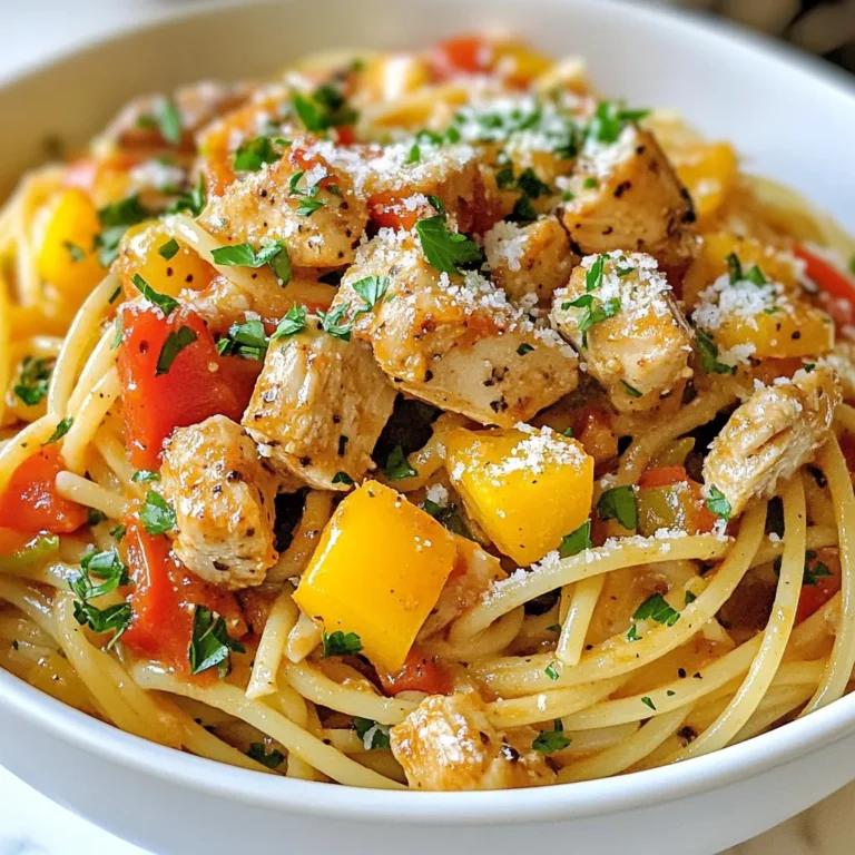 To make Creamy Cajun Chicken Spaghetti, you'll need the following ingredients: - Spaghetti - Chicken Breast - Cajun Seasoning - Vegetables (Onion, Garlic, Bell Pepper) - Diced Tomatoes - Heavy Cream - Chicken Broth - Parmesan Cheese - Salt and Pepper - Garnish (Fresh Parsley) These ingredients blend together to create a meal that is rich and full of flavor. The chicken breast adds protein, while the Cajun seasoning brings a warm kick. I love using fresh vegetables like onion, garlic, and bell pepper for added taste and texture. Diced tomatoes add sweetness, and heavy cream gives the dish its creamy texture. The chicken broth helps to deepen the flavors, while Parmesan cheese gives that final touch of richness. Don’t forget the fresh parsley for garnish; it adds a pop of color and freshness to your dish! {{ingredient_image_2}} To start, bring a large pot of salted water to a rapid boil. Add 8 ounces of spaghetti to the pot. Cook it according to the package directions, usually around 8-10 minutes. You want the pasta to be al dente, which means it should be firm to the bite. This texture holds up well with the sauce. Once cooked, drain the pasta in a colander. Remember to save a cup of the pasta water. You might need it later to adjust the sauce. Next, grab a large skillet. Heat 2 tablespoons of olive oil over medium-high heat. Wait for the oil to shimmer, then add 1 pound of bite-sized chicken breast cubes. Sprinkle 1 teaspoon of Cajun seasoning over the chicken. Add a pinch of salt and pepper for flavor. Cook for about 5-7 minutes. Stir occasionally until the chicken turns golden brown and is fully cooked. Once done, remove the chicken from the skillet and set it aside on a plate. In the same skillet, do not clean it out. This keeps all those great flavors. Start by adding 1 finely diced medium onion and 3 minced garlic cloves. Stir frequently for 1-2 minutes until the onion turns translucent. Now toss in 1 sliced bell pepper. Cook for another 3-4 minutes. You should see the vegetables become tender and aromatic, signaling that they are ready. Now it's time to bring everything together. Pour in a can of 15 ounces of drained diced tomatoes, 1 cup of chicken broth, and 1 cup of heavy cream. Stir everything to mix well. Allow the mixture to come to a gentle simmer. Let it cook for about 5 minutes. This helps the sauce thicken slightly. If the sauce gets too thick, add a splash of the reserved pasta water to reach your desired consistency. Off the heat, stir in 1 cup of freshly grated Parmesan cheese. Mix until it melts into the sauce. This creates that rich and creamy texture everyone loves. Taste your dish and adjust the seasoning with more salt and pepper as needed. Now, it's time to serve. Dish out the creamy Cajun chicken spaghetti onto warm plates. For a pop of color, garnish with chopped fresh parsley. You can arrange the spaghetti in shallow bowls. Top each serving with extra Parmesan cheese and a sprig of parsley. To complete your meal, consider pairing it with warm garlic bread and a fresh side salad. Enjoy your flavorful weeknight meal! - To make the sauce creamier, add more heavy cream. You can even mix in a bit of cream cheese for extra richness. - If the sauce gets too thick, use the reserved pasta water. Just add a little at a time until you reach the right consistency. - For juicy chicken, cook it over medium-high heat. This way, it browns nicely outside but stays tender inside. - If you want alternatives to chicken breast, try thighs or even shrimp. Both options cook quickly and taste great with Cajun flavors. - When chopping vegetables, use a sharp knife. This makes cutting easier and safer. You can also cut them in advance and store them in the fridge. - For busy cooks, prep the chicken and veggies the night before. Store them in airtight containers. This makes cooking quick and simple on a busy weeknight. Pro Tips Use Quality Chicken: Opt for organic or free-range chicken for better flavor and texture in your dish. Adjust Spice Level: Feel free to adjust the amount of Cajun seasoning based on your heat preference; start with less and add more as needed. Fresh Herbs: Incorporate fresh herbs like thyme or basil for an extra layer of flavor that complements the creaminess. Leftover Storage: Store any leftovers in an airtight container in the fridge for up to 3 days; reheat gently to preserve the creamy texture. {{image_4}} You can change the main protein in this dish. Instead of chicken, use shrimp. Shrimp cooks fast and adds a sweet flavor. Just sauté it for a few minutes. You can also add sausage for a different taste. Andouille sausage gives a nice kick. For a vegetarian option, use mushrooms or chickpeas. Both options soak up the sauce well. You can adjust the heat of the dish. If you prefer more spice, add extra Cajun seasoning. You can also use fresh jalapeños for a fresh, hot taste. If you want milder flavors, cut back on the seasoning. Adding different herbs can change the taste too. Consider using thyme or oregano for added layers of flavor. If you need a dairy-free option, swap heavy cream for coconut milk. The creaminess will still be there, and it adds a sweet touch. For cheese, look for plant-based versions of Parmesan. Many brands offer tasty dairy-free cheese that melts well. This way, you keep the dish creamy and flavorful without dairy. To keep your creamy Cajun chicken spaghetti fresh, place it in an airtight container. Store it in the fridge for up to four days. Make sure to let it cool down before sealing it. If you want to save it for later, you can freeze it. Use a freezer-safe container and store it for up to three months. Be sure to label your containers with the date. When reheating, avoid drying out your dish. The microwave is quick but may make it dry. Heat it on medium power for about two to three minutes, stirring halfway. For stovetop reheating, use low heat. Add a splash of chicken broth or cream for moisture. Stir and heat for about five to seven minutes. This way, your meal stays creamy and delicious. Cajun seasoning is a blend of spices. It captures the bold flavors of Louisiana cooking. It usually includes: - Paprika - Cayenne pepper - Garlic powder - Onion powder - Oregano - Thyme - Black pepper These spices create a warm, spicy flavor that enhances your dish. Yes, you can prepare this dish in advance. First, cook the pasta and chicken as stated. Store them separately in airtight containers. Keep the sauce in another container. When ready to eat, reheat each part. Mix them together just before serving for the best taste. To add heat, try these options: - Increase the amount of Cajun seasoning. - Add a pinch of cayenne pepper. - Stir in some chopped jalapeños. - Use hot sauce to taste. These additions will enhance the flavor and spice level. This dish pairs well with simple sides. Here are some ideas: - Garlic bread - A fresh green salad - Steamed veggies These sides balance the creamy pasta and make a complete meal. Yes, gluten-free pasta works well here. You can choose from many types, like: - Rice pasta - Quinoa pasta - Chickpea pasta Just follow the cooking instructions on the package for the best results. This blog post shared a tasty recipe for Creamy Cajun Chicken Spaghetti. We covered key ingredients, how to cook them step-by-step, and tips for perfecting the dish. You learned how to customize this recipe to suit your taste and diet. Remember to store leftovers properly and reheat them well. Whether you like it mild or spicy, this dish fits any occasion. Now, grab your ingredients and enjoy making this flavorful meal!