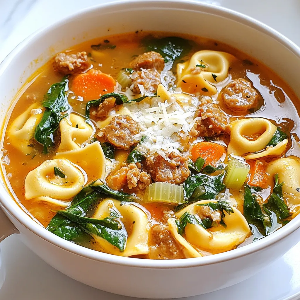 - 1 tablespoon olive oil - 1 pound Italian sausage (mild or spicy) - 1 medium onion, finely diced - 3 cloves garlic, minced - 2 medium carrots, peeled and diced - 2 celery stalks, diced - 6 cups rich chicken broth - 1 can (14 ounces) diced tomatoes, undrained To make this soup shine, start with good ingredients. The olive oil adds richness. Italian sausage gives it a hearty flavor. The vegetables—onion, carrots, celery, and garlic—add depth. Chicken broth and tomatoes create a solid base for your soup. - 1 teaspoon dried basil - 1 teaspoon dried oregano - Salt and freshly ground black pepper to taste - 1 package (9 ounces) cheese tortellini - 2 cups fresh baby spinach - Grated Parmesan cheese for serving For seasoning, dried basil and oregano bring warmth. Salt and pepper enhance all the flavors. The cheese tortellini adds a delightful bite. Fresh spinach adds color and nutrition. Finally, top your soup with grated Parmesan for a creamy finish. {{ingredient_image_2}} 1. Heating Oil and Browning Sausage: - Start by pouring 1 tablespoon of olive oil into a large pot. - Heat it over medium heat until it shimmers. - Add 1 pound of Italian sausage to the pot. - Use a wooden spoon to break it apart into smaller pieces. - Cook for about 5-7 minutes until the sausage is browned and cooked through. 2. Sautéing Vegetables: - Once the sausage is ready, add in 1 medium diced onion, 2 diced carrots, and 2 diced celery stalks. - Cook these for another 5-7 minutes until the onion turns soft and translucent. 3. Adding Garlic and Spices: - Toss in 3 minced cloves of garlic. - Sauté for 1 more minute until the garlic releases its strong aroma. 4. Incorporating Broth and Tomatoes: - Pour in 6 cups of rich chicken broth and 1 can of undrained diced tomatoes. - Add 1 teaspoon of dried basil and 1 teaspoon of dried oregano. - Season with salt and freshly ground black pepper. - Bring the soup mixture to a gentle simmer. 5. Simmering for Flavor Development: - Let the soup simmer for about 10 minutes. - This helps flavors blend and softens the veggies. 6. Cooking Tortellini and Adding Spinach: - Add 1 package of cheese tortellini to the pot. - Cook according to package instructions, usually about 3-5 minutes. - In the last minute, stir in 2 cups of fresh baby spinach until it wilts. Taste the soup as you go, adjusting seasonings for a perfect finish. Enjoy your warm, hearty meal! To get more flavor in your Sausage Tortellini Soup, try adding spices. A pinch of red pepper flakes can add heat. You can also use smoked paprika for a smoky touch. Fresh herbs like parsley or thyme can brighten the dish. For cooking techniques, don’t skip browning the sausage. This step adds depth. Let the vegetables cook until soft and sweet. Sauté garlic until fragrant, but don’t burn it. This brings out its best flavor. If you want to change the protein, turkey sausage works well. It’s leaner but still tasty. You can also use plant-based sausage for a vegan option. For vegetables, feel free to switch things up. Add bell peppers, zucchini, or green beans for more texture. Use kale instead of spinach for a heartier bite. Just adjust cooking times to keep everything tender. Pro Tips Choose Your Sausage Wisely: Select a high-quality Italian sausage for the best flavor. Experiment with different spice levels to match your taste preferences. Mild sausage offers a savory base, while spicy adds a kick to the soup. Prep Your Veggies in Advance: Chop all vegetables ahead of time to streamline your cooking process. This ensures that you can focus on cooking without interruptions, making the process smoother and more enjoyable. Enhance with Fresh Herbs: For an added layer of flavor, consider garnishing your soup with fresh basil or parsley just before serving. This will elevate the presentation and provide a burst of freshness with each spoonful. Perfectly Cooked Tortellini: Keep an eye on the tortellini while cooking. Overcooking can lead to a mushy texture. Aim to cook them just until they float to the top for the best bite. {{image_4}} You can change the tortellini to suit your tastes. Try using different filled pastas like spinach or mushroom tortellini. Each type adds its own flavor. You can also use fresh pasta instead of dry for a softer bite. Adding more vegetables makes this soup even better. Bell peppers bring a sweet crunch, while zucchini adds a nice texture. You can toss in kale or corn for more color and nutrients. Feel free to mix and match based on what you have at home! If you need gluten-free options, look for gluten-free tortellini made from rice or chickpeas. These alternatives work well in the soup and taste great too. For a vegan version, swap the sausage for plant-based sausage. Use vegetable broth instead of chicken broth. Replace cheese tortellini with a vegan option or make your own with flour and water. You can also skip the cheese topping or use a dairy-free alternative. Making these changes lets you enjoy this soup, no matter your diet! To keep your Sausage Tortellini Soup fresh, follow these steps: - Refrigeration: Store leftovers in an airtight container. This helps prevent spills and keeps the soup fresh. It stays good for up to three days in your fridge. - Freezing: For longer storage, freeze the soup. Use freezer-safe bags or containers. Leave some space at the top for expansion. The soup can last for up to three months in the freezer. When it's time to enjoy your leftovers, here's how to reheat the soup: - Proper Reheating: Pour the soup into a pot. Heat it over medium heat. Stir occasionally until it reaches a gentle simmer. This helps heat the soup evenly. - Preventing Overcooking: Avoid boiling the soup. This can make the tortellini mushy. Heat just until hot to keep the flavors fresh and the texture right. These simple steps ensure your Sausage Tortellini Soup tastes great, even days later! How long can I store Sausage Tortellini Soup? You can store Sausage Tortellini Soup in the fridge for about 3-4 days. Make sure to keep it in an airtight container. If you want to keep it longer, you can freeze it. When frozen, it can last for up to 3 months. Just remember to thaw it in the fridge before reheating. Can I use frozen tortellini? Yes, you can use frozen tortellini in this soup. Just add it directly to the pot without thawing. It will cook in about the same time as fresh tortellini. This makes it a great option for busy nights when you need a quick meal. Is there a quicker way to make this soup? To save time, you can use pre-cooked sausage. Just add it to the pot with the veggies. You can also prepare the vegetables ahead of time. This way, you can skip some steps and get the soup ready in about 20 minutes. What can I serve with Sausage Tortellini Soup? This soup pairs well with crusty bread or a fresh salad. You might enjoy garlic bread for a tasty side. A sprinkle of extra Parmesan cheese on top makes it even better. You can also serve it with a light green salad for balance. This blog post covered how to make Sausage Tortellini Soup. It highlighted the key ingredients like olive oil, Italian sausage, and fresh veggies. I shared steps for preparing the soup base and building flavor. I also gave tips on customizations, storage, and reheating. Remember, you can adjust this recipe to fit your taste. Whether you want a vegetarian option or different spices, the choices are yours. Enjoy making this tasty soup for any meal!