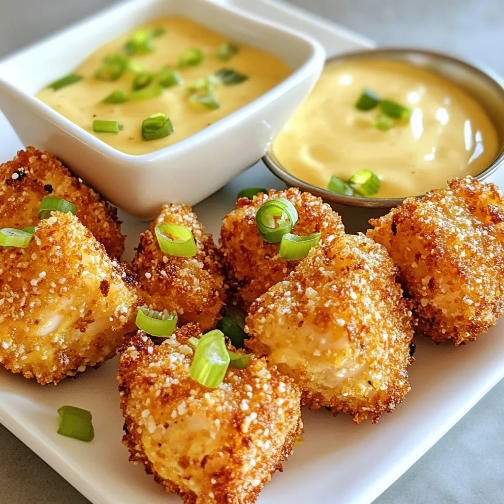 To make these delicious bites, gather the following main ingredients: - 1 pound skinless, boneless salmon fillet, cut into bite-sized cubes - 1/2 cup all-purpose flour - 1 teaspoon garlic powder - 1 teaspoon smoked paprika - 1/2 teaspoon sea salt - 1/4 teaspoon freshly ground black pepper - 1 large egg, beaten until smooth - 1 cup panko breadcrumbs These ingredients come together to create a crispy coating that perfectly complements the salmon. Now, let’s whip up that delightful Bang Bang sauce. You will need: - 1/2 cup mayonnaise - 2 tablespoons sweet chili sauce - 1 tablespoon sriracha (adjust based on your heat preference) - 1 tablespoon fresh lemon juice This sauce brings a creamy, spicy kick that makes every bite special. You will need a few tools to make this recipe easy and fun: - A shallow dish for mixing the breading - Two bowls for the egg and panko - A large, heavy skillet for frying - A slotted spoon for removing the salmon bites - Paper towels for draining excess oil Having the right equipment helps make cooking smoother and more enjoyable. {{ingredient_image_2}} Start by gathering your ingredients. You will need: - 1/2 cup all-purpose flour - 1 teaspoon garlic powder - 1 teaspoon smoked paprika - 1/2 teaspoon sea salt - 1/4 teaspoon freshly ground black pepper In a shallow dish, whisk together the flour, garlic powder, smoked paprika, sea salt, and black pepper. Mix until everything is well combined. This mixture gives a great flavor base to the salmon bites. Next, in another bowl, beat one large egg until smooth. In a third bowl, pour in 1 cup of panko breadcrumbs. The panko will create that crispy texture we love. Now it’s time to bread the salmon. Take one piece of salmon and dredge it in the flour mixture. Make sure it is fully coated. Shake off any extra flour; we want a nice thin layer. Next, dip the floured salmon cube into the beaten egg. Let any excess egg drip off. Finally, coat the salmon in the panko breadcrumbs. Press gently so they stick well. Repeat this process until all your salmon cubes are breaded. Heat about 1/2 inch of oil in a large, heavy skillet over medium-high heat. Wait until it shimmers but does not smoke. Carefully add the breaded salmon bites in small batches. Make sure they have space; this helps them fry evenly. Cook the salmon bites for about 3-4 minutes on each side. Look for a golden brown color and that crispy texture. Once cooked, remove them and place on a plate lined with paper towels. This helps absorb any extra oil. Now, your crispy Bang Bang salmon bites are ready for the next delicious step! To get your salmon bites super crispy, start with dry salmon. Pat the cubes with paper towels. This removes moisture, which helps the coating stick better. Use panko breadcrumbs for a light and crunchy texture. They fry up beautifully and give a nice crunch. When frying, let the oil get hot, but not smoking. This keeps the bites from soaking up too much oil. Fry in small batches to ensure even cooking and crispiness. Choose oils with a high smoke point for frying. Good options include vegetable oil, canola oil, or peanut oil. These oils can handle high heat without breaking down. Avoid olive oil as it burns quickly and alters the taste. Heating oil to the right temperature is key. You want it hot enough to sizzle when salmon touches it. One common mistake is overcrowding the pan. This traps steam and makes the bites soggy. Fry only a few at a time. Another mistake is not heating the oil enough. If it's too cold, the batter won’t crisp up. Finally, don’t skip the seasoning in the flour mix. It adds flavor to each bite. Pro Tips Fresh Salmon is Key: Always use the freshest salmon you can find for the best flavor and texture. Look for bright pink flesh and a fresh ocean scent. Perfectly Panko: For extra crunch, consider toasting the panko breadcrumbs in a dry skillet for a few minutes before using them to coat the salmon. Oil Temperature Matters: Ensure your oil is hot enough before adding the salmon bites. If the oil isn't hot, the bites will absorb too much oil and become greasy. Customize the Sauce: Feel free to adjust the sweetness and spice of the Bang Bang sauce to your taste. Add more sriracha for heat or a bit of honey for sweetness! {{image_4}} You can change up the Bang Bang sauce to fit your taste. Try mixing yogurt with a bit of lemon juice and garlic for a creamy dip. You can also use a spicy mayo by blending mayonnaise with more sriracha. Another option is a sweet and tangy teriyaki sauce. Each sauce will give your salmon bites a new twist. If you want to switch things up, use chicken or shrimp. For chicken, cut it into bite-sized pieces like salmon. The cooking time is similar, about 4-5 minutes per side. Shrimp cooks faster. Just fry them for 2-3 minutes until they turn pink. Both options keep the crispy texture and flavor. Baking is a great way to make these bites healthier. Preheat the oven to 400°F. After breading, place the salmon bites on a baking sheet lined with parchment paper. Spray them lightly with oil and bake for 12-15 minutes. They will be less oily but still tasty. Frying gives a crunchier bite, but baking is lighter. Choose what fits your meal best! After enjoying your crispy salmon bites, you may have some leftovers. To store them properly, let them cool completely first. Place the salmon bites in an airtight container. Make sure the container is sealed well to keep out air. You can store them in the fridge for up to three days. This way, you can enjoy them later without losing their taste. To reheat the salmon bites and keep them crispy, avoid the microwave. Instead, preheat your oven to 350°F (175°C). Spread the salmon bites on a baking sheet lined with parchment paper. Heat them for about 10-15 minutes. This method helps regain the crunchiness. You can also use an air fryer for about 5-7 minutes. Both options work well to keep that perfect crisp. If you want to prepare these bites ahead of time, freezing is a great option. First, let the cooked salmon bites cool completely. Then, place them in a single layer on a baking sheet. Freeze them for about an hour. After they are firm, transfer them to a freezer-safe bag. Remove as much air as possible before sealing. You can store them in the freezer for up to two months. When ready to eat, follow the reheating tips above for best results. Bang Bang sauce is a creamy and spicy dip. It combines mayonnaise, sweet chili sauce, and sriracha. The name comes from the bold flavors that "bang" on your taste buds. You can adjust the spice by adding more sriracha. This sauce works great with many dishes, not just salmon. Yes, you can prepare these salmon bites ahead of time. Bread the salmon and store them in the fridge. You can fry them just before serving. This keeps them crispy and fresh. If you want to make the sauce ahead, mix it and store it in the fridge as well. The spice level of Bang Bang sauce can vary. If you like heat, add more sriracha. For a milder taste, use less. Most people find it has a nice kick without being overwhelming. Adjust it to fit your taste buds and enjoy. Crispy Bang Bang Salmon Bites pair well with many sides. Here are some tasty options: - Steamed rice - Fresh salad - Coleslaw - Vegetable sticks - Lime wedges These sides add color and flavor to your meal, making it even better! In this post, we explored crispy Bang Bang salmon bites. We covered key ingredients, from the fish to the sauce, and shared essential tools for cooking. You learned step-by-step how to prepare, bread, and fry the bites. We provided tips for crispy texture and avoided common mistakes. Plus, you discovered variations, storage methods, and answered your burning questions. Now, you can enjoy these tasty salmon bites anytime. Happy cooking!