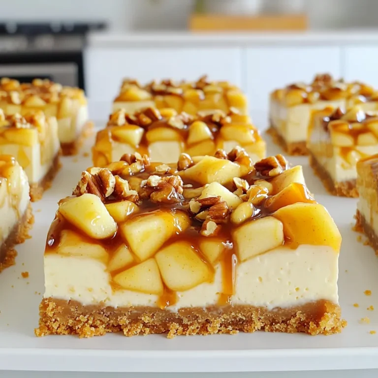 - 1 ½ cups graham cracker crumbs - ½ cup unsalted butter, melted - 1 cup cream cheese, softened to room temperature - ½ cup granulated sugar - 2 large eggs, at room temperature - 1 teaspoon vanilla extract - 2 cups apples, peeled, cored, and diced - 1 teaspoon ground cinnamon - ½ cup caramel sauce - ¼ cup chopped nuts For the best flavor in your cheesecake bars, I suggest using Granny Smith or Honeycrisp apples. These apples bring a nice balance of sweet and tart flavors. Granny Smith apples add a crisp bite, while Honeycrisp apples offer a juicy sweetness. Both varieties work well in this dessert. If you need to swap ingredients, here are some ideas: - Use salted butter instead of unsalted butter. - Cream cheese can be replaced with mascarpone for a richer taste. - For a dairy-free option, try a plant-based cream cheese. - If you don’t have graham crackers, use crushed cookies or digestive biscuits. - You can substitute chopped nuts with seeds for a nut-free option. Start by preheating your oven to 325°F (160°C). Grab a 9x9 inch baking pan and lightly grease it with cooking spray or butter. This step helps stop the cheesecake from sticking. In a medium bowl, mix 1 ½ cups of graham cracker crumbs with ½ cup of melted unsalted butter. Stir until it is well combined. Press this mixture evenly into the bottom of your greased pan. This forms a solid base for your bars. In a large mixing bowl, beat together 1 cup of softened cream cheese and ½ cup of granulated sugar. Use an electric mixer for about 2 minutes until the mixture is creamy. Don’t forget to scrape the sides of the bowl. Next, add 2 large eggs one at a time, mixing on low speed. Blend in 1 teaspoon of vanilla extract until everything is smooth. In another bowl, toss 2 cups of diced apples with 1 teaspoon of ground cinnamon. This adds great flavor. Gently fold the apple mixture into your cream cheese mixture. Do this carefully to keep some apple chunks. Pour this mixture over your graham cracker crust in the pan. Drizzle ½ cup of caramel sauce on top and use a knife to swirl it into the cheesecake. Sprinkle ¼ cup of chopped nuts over the top for added crunch. Place your pan in the oven and bake for 40-45 minutes. The cheesecake should be set but still jiggle slightly in the center. This indicates a creamy texture. After baking, let the pan cool at room temperature for about 30 minutes. Then, transfer it to the fridge to chill for at least 2 hours. Once cold, cut into squares or bars. For a delightful touch, drizzle extra caramel sauce just before serving. Enjoy your delicious caramel apple cheesecake bars! To make your cheesecake bars creamy, start with room temperature cream cheese. This helps it mix smoothly. Beat the cream cheese with sugar until it’s light and fluffy. Add eggs one at a time, mixing gently. This keeps the mixture airy. Do not overmix after adding the apples. A few small chunks add great texture. For a beautiful look, drizzle caramel sauce over the cheesecake layer. Use a knife or toothpick to swirl it in. Be careful not to mix it all in. You want to see the caramel swirls on top. This creates a lovely marbled effect that catches the eye. Taste your mixture before baking. If you want it sweeter, add more sugar. You can also use less sugar if you prefer a less sweet treat. Remember that the caramel sauce adds sweetness too. Adjusting the sweetness gives you control over your final flavor. {{image_4}} You can change the nuts on top to fit your taste. I like walnuts and pecans. They add crunch and flavor. You could also try almonds or hazelnuts. Just chop them up and sprinkle them on. This gives your bars a fun twist. The nuts also add healthy fats. While apples shine in this recipe, feel free to explore other fruits. Pears work well too, with their sweet and juicy texture. You can even mix apples and pears for a new taste. Berries like raspberries or blueberries can add a fresh burst of flavor. Just keep in mind that moisture levels may change with different fruits. If you want to switch up the crust, there are many options. You can use crushed cookies, like Oreos or vanilla wafers, for a sweet spin. For a gluten-free option, try almond flour or gluten-free graham crackers. A cookie crust can give it a unique taste. You can even add spices like nutmeg or ginger to the crust for extra flavor. To keep your caramel apple cheesecake bars fresh, store them in an airtight container. This helps to maintain their creamy texture and delicious flavor. If you plan to eat them within a few days, the fridge is perfect. Just make sure they are completely cool before sealing them away. You can also use plastic wrap to cover the bars if you don't have a container. When stored properly, these cheesecake bars last about 5 to 7 days in the fridge. Keep an eye on them for any changes in texture or smell. If you notice anything off, it’s best to throw them out. Always remember: when in doubt, throw it out! Yes, you can freeze these bars! To do this, cut them into squares first. Wrap each square tightly in plastic wrap. Then, place them in a freezer-safe container. They stay fresh for up to 3 months in the freezer. When you’re ready to enjoy them, just thaw them in the fridge overnight. They will taste fresh and delicious, just like when you first baked them! Yes, you can use different cheeses. Cream cheese gives a smooth texture. You could try mascarpone for a rich taste. Ricotta is another great choice. Just remember, the flavor will change a bit. No worries if you lack graham crackers. You can use crushed cookies or vanilla wafers instead. You can also try crushed pretzels for a salty twist. Just mix them with the melted butter as you would with graham crackers. The bars are done when they puff slightly. They should have a slight jiggle in the center. A toothpick inserted should come out mostly clean. If you see wet batter, bake a bit longer. You can make these bars ahead of time. They taste great after chilling in the fridge. Prepare them a day before serving for the best flavor. Just cover them tightly to keep them fresh. You learned how to make delicious caramel apple cheesecake bars. We covered the key ingredients, from the best apples to crust options. I shared easy steps for baking and tips for a great texture. You can explore variations with different nuts or fruits and learn how to store them well. Enjoy your baking adventure and feel free to make it your own!