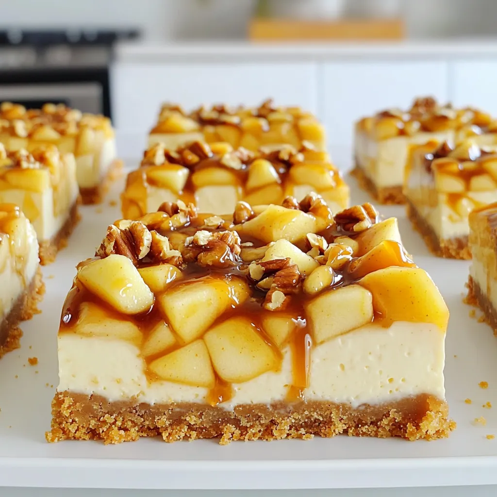 - 1 ½ cups graham cracker crumbs - ½ cup unsalted butter, melted - 1 cup cream cheese, softened to room temperature - ½ cup granulated sugar - 2 large eggs, at room temperature - 1 teaspoon vanilla extract - 2 cups apples, peeled, cored, and diced - 1 teaspoon ground cinnamon - ½ cup caramel sauce - ¼ cup chopped nuts For the best flavor in your cheesecake bars, I suggest using Granny Smith or Honeycrisp apples. These apples bring a nice balance of sweet and tart flavors. Granny Smith apples add a crisp bite, while Honeycrisp apples offer a juicy sweetness. Both varieties work well in this dessert. If you need to swap ingredients, here are some ideas: - Use salted butter instead of unsalted butter. - Cream cheese can be replaced with mascarpone for a richer taste. - For a dairy-free option, try a plant-based cream cheese. - If you don’t have graham crackers, use crushed cookies or digestive biscuits. - You can substitute chopped nuts with seeds for a nut-free option. Start by preheating your oven to 325°F (160°C). Grab a 9x9 inch baking pan and lightly grease it with cooking spray or butter. This step helps stop the cheesecake from sticking. In a medium bowl, mix 1 ½ cups of graham cracker crumbs with ½ cup of melted unsalted butter. Stir until it is well combined. Press this mixture evenly into the bottom of your greased pan. This forms a solid base for your bars. In a large mixing bowl, beat together 1 cup of softened cream cheese and ½ cup of granulated sugar. Use an electric mixer for about 2 minutes until the mixture is creamy. Don’t forget to scrape the sides of the bowl. Next, add 2 large eggs one at a time, mixing on low speed. Blend in 1 teaspoon of vanilla extract until everything is smooth. In another bowl, toss 2 cups of diced apples with 1 teaspoon of ground cinnamon. This adds great flavor. Gently fold the apple mixture into your cream cheese mixture. Do this carefully to keep some apple chunks. Pour this mixture over your graham cracker crust in the pan. Drizzle ½ cup of caramel sauce on top and use a knife to swirl it into the cheesecake. Sprinkle ¼ cup of chopped nuts over the top for added crunch. Place your pan in the oven and bake for 40-45 minutes. The cheesecake should be set but still jiggle slightly in the center. This indicates a creamy texture. After baking, let the pan cool at room temperature for about 30 minutes. Then, transfer it to the fridge to chill for at least 2 hours. Once cold, cut into squares or bars. For a delightful touch, drizzle extra caramel sauce just before serving. Enjoy your delicious caramel apple cheesecake bars! To make your cheesecake bars creamy, start with room temperature cream cheese. This helps it mix smoothly. Beat the cream cheese with sugar until it’s light and fluffy. Add eggs one at a time, mixing gently. This keeps the mixture airy. Do not overmix after adding the apples. A few small chunks add great texture. For a beautiful look, drizzle caramel sauce over the cheesecake layer. Use a knife or toothpick to swirl it in. Be careful not to mix it all in. You want to see the caramel swirls on top. This creates a lovely marbled effect that catches the eye. Taste your mixture before baking. If you want it sweeter, add more sugar. You can also use less sugar if you prefer a less sweet treat. Remember that the caramel sauce adds sweetness too. Adjusting the sweetness gives you control over your final flavor. {{image_4}} You can change the nuts on top to fit your taste. I like walnuts and pecans. They add crunch and flavor. You could also try almonds or hazelnuts. Just chop them up and sprinkle them on. This gives your bars a fun twist. The nuts also add healthy fats. While apples shine in this recipe, feel free to explore other fruits. Pears work well too, with their sweet and juicy texture. You can even mix apples and pears for a new taste. Berries like raspberries or blueberries can add a fresh burst of flavor. Just keep in mind that moisture levels may change with different fruits. If you want to switch up the crust, there are many options. You can use crushed cookies, like Oreos or vanilla wafers, for a sweet spin. For a gluten-free option, try almond flour or gluten-free graham crackers. A cookie crust can give it a unique taste. You can even add spices like nutmeg or ginger to the crust for extra flavor. To keep your caramel apple cheesecake bars fresh, store them in an airtight container. This helps to maintain their creamy texture and delicious flavor. If you plan to eat them within a few days, the fridge is perfect. Just make sure they are completely cool before sealing them away. You can also use plastic wrap to cover the bars if you don't have a container. When stored properly, these cheesecake bars last about 5 to 7 days in the fridge. Keep an eye on them for any changes in texture or smell. If you notice anything off, it’s best to throw them out. Always remember: when in doubt, throw it out! Yes, you can freeze these bars! To do this, cut them into squares first. Wrap each square tightly in plastic wrap. Then, place them in a freezer-safe container. They stay fresh for up to 3 months in the freezer. When you’re ready to enjoy them, just thaw them in the fridge overnight. They will taste fresh and delicious, just like when you first baked them! Yes, you can use different cheeses. Cream cheese gives a smooth texture. You could try mascarpone for a rich taste. Ricotta is another great choice. Just remember, the flavor will change a bit. No worries if you lack graham crackers. You can use crushed cookies or vanilla wafers instead. You can also try crushed pretzels for a salty twist. Just mix them with the melted butter as you would with graham crackers. The bars are done when they puff slightly. They should have a slight jiggle in the center. A toothpick inserted should come out mostly clean. If you see wet batter, bake a bit longer. You can make these bars ahead of time. They taste great after chilling in the fridge. Prepare them a day before serving for the best flavor. Just cover them tightly to keep them fresh. You learned how to make delicious caramel apple cheesecake bars. We covered the key ingredients, from the best apples to crust options. I shared easy steps for baking and tips for a great texture. You can explore variations with different nuts or fruits and learn how to store them well. Enjoy your baking adventure and feel free to make it your own!
