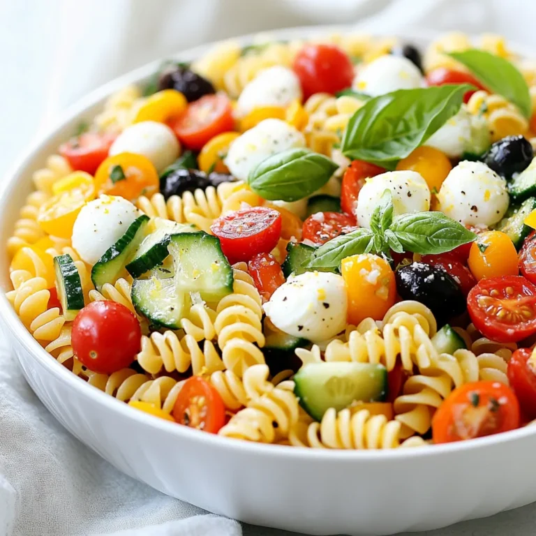 To make a tasty cold pasta salad, you need a few key items. Here’s what I use: - 8 ounces fusilli or rotini pasta - 1 cup cherry tomatoes, halved - 1 cup cucumber, diced - 1/2 cup red bell pepper, finely chopped - 1/4 cup red onion, finely chopped - 1/4 cup black olives, sliced - 1/2 cup fresh mozzarella balls, halved - 1/4 cup fresh basil leaves, chopped Using these fresh ingredients makes the salad bright and colorful. Adding veggies gives your pasta salad a great crunch and taste. I love using: - Cherry tomatoes for sweetness - Cucumber for a refreshing bite - Red bell pepper for color and crunch - Red onion for a sharp flavor - Black olives for a salty touch Feel free to mix and match your favorite veggies. You can add spinach, zucchini, or even artichokes! The dressing brings everything together. I use a simple lemon vinaigrette. Here’s what you need: - 1/4 cup extra virgin olive oil - 2 tablespoons fresh lemon juice - Zest of 1 lemon - Salt and black pepper to taste This dressing is light and bright. It enhances the flavors of the pasta and veggies without overpowering them. You can also try adding herbs or a splash of vinegar for a twist! {{ingredient_image_2}} First, you need to boil a large pot of salted water. Use enough water to cover the pasta. Once the water is boiling, add the fusilli or rotini pasta. Cook it according to the package instructions. This usually takes about 8-10 minutes. You want the pasta to be al dente, which means it should be firm but not hard. After cooking, drain the pasta in a colander. Rinse it under cold water to stop the cooking. This keeps the pasta from getting mushy. Set it aside to cool completely. Now, grab a large mixing bowl. In this bowl, add the halved cherry tomatoes, diced cucumber, finely chopped red bell pepper, and red onion. Next, toss in the sliced black olives and halved mozzarella balls. Finally, add the chopped fresh basil leaves. Gently mix all the vegetables together. You want them evenly distributed for the best flavor. In a small bowl, whisk together the extra virgin olive oil, fresh lemon juice, and lemon zest. Add a pinch of salt and black pepper to taste. Whisk until the mixture is well combined. This creates a bright and zesty dressing for the salad. The lemon adds a nice fresh flavor. Now it’s time to bring everything together. Add the cooled pasta to the bowl of mixed vegetables. Gently toss all the ingredients together. You want to coat the pasta and vegetables with the dressing. Make sure everything is well blended. This ensures that every bite is flavorful. Cover the salad bowl with plastic wrap or transfer it to an airtight container. Place it in the refrigerator for at least 30 minutes. This chilling time helps the flavors meld together. When you are ready to serve, stir the salad gently again. You can garnish with more fresh basil leaves or a few halved cherry tomatoes for a pop of color. Enjoy your refreshing cold pasta salad! To get the best pasta, cook it al dente. This means it should be firm but not hard. Follow the cooking time on the package. After boiling, drain the pasta and rinse it with cold water. This stops the cooking and cools it down. Make sure to toss it with a little olive oil. This keeps the pasta from sticking together. Basil shines in this salad, but many other herbs work too. Try parsley or cilantro for a fresh twist. Dill adds a nice flavor if you want something different. You can even mix herbs for a unique taste. Just chop them finely and add them to the salad. Serve this pasta salad in a large bowl. It looks great and makes it easy to share. To keep it fresh, add a little olive oil just before serving. This gives it a nice shine. You can also top it with extra herbs or fresh veggies. This adds color and makes it even more appetizing. Enjoy your dish chilled for the best taste! Pro Tips Perfect Pasta Texture: Make sure to cook the pasta al dente for the best texture. It should be firm to the bite, as it will continue to absorb the dressing while chilling. Fresh Ingredients Matter: Use the freshest vegetables and herbs you can find. Fresh basil and ripe tomatoes will elevate the flavor of your pasta salad immensely. Enhance the Vinaigrette: For a deeper flavor, consider adding a teaspoon of Dijon mustard or a pinch of red pepper flakes to the vinaigrette. Chill for Flavor: Allow the salad to chill for at least 30 minutes before serving. This resting time helps the flavors meld together beautifully. {{image_4}} If you want to make a vegetarian pasta salad, you have many options. You can swap the mozzarella for vegan cheese. This keeps the creamy feel while being dairy-free. Instead of olives, try artichoke hearts for a different flavor. You can also add roasted red peppers for sweetness. For crunch, consider using sunflower seeds or nuts. These swaps keep your salad fresh and exciting. To make your pasta salad more filling, add protein. Grilled chicken is a popular choice. It brings a smoky flavor that pairs well with lemon. You can also use chickpeas for a plant-based protein. They add a nice texture and are very healthy. If you enjoy seafood, shrimp works great in this salad too. Toss in some tuna if you like a hearty bite. Dressings can change the whole dish. Try adding pesto for a bold taste. It brings a rich, herby flavor that brightens the salad. A balsamic vinaigrette adds sweetness and tang. For something spicy, mix in some sriracha with the lemon vinaigrette. You can even try a yogurt-based dressing for creaminess without heavy oils. Each dressing option lets you enjoy a new twist on your cold pasta salad. To keep your cold pasta salad fresh, store it in an airtight container. This helps keep the flavors strong and the texture nice. Make sure to remove as much air as possible before sealing. If you have leftovers, eat them within three days for the best taste. Check for any signs of spoilage before serving. You can make this cold pasta salad a day ahead. This gives it time to chill and flavors to mix. Prepare the salad, then cover it tightly and put it in the fridge. Just remember to add fresh basil right before serving. This keeps it looking bright and tasting fresh. Freezing this pasta salad is not recommended. The texture of the pasta and veggies may change when thawed. If you want to save some for later, try freezing just the pasta. Cook it, cool it, then freeze it in a single layer. You can then add fresh veggies and dressing when ready to eat. Yes, you can use many types of pasta. Fusilli and rotini are great, but any short pasta works. Penne or farfalle are good choices too. Just remember to cook the pasta until it is al dente. This keeps it firm and tasty in the salad. You can use many fresh vegetables in your salad. Cherry tomatoes, cucumbers, and bell peppers add color and crunch. Red onions give it a slight bite. Black olives add a nice salty flavor. Feel free to mix in your favorites. Fresh herbs like basil bring an extra layer of taste. You can store cold pasta salad for about three to five days. Keep it in an airtight container for best results. If it starts to look or smell odd, it is best to throw it away. Always check before eating leftovers! You learned how to create a tasty cold pasta salad. I covered key ingredients, from pasta to veggies and dressings. The steps for cooking, making the vinaigrette, and combining all the parts make it easy. I also shared tips for texture and freshness and various fun swaps for your salad. Finally, I explained how to store leftovers. With this guide, you can enjoy your salad anytime. Dive in and make your own delicious version!
