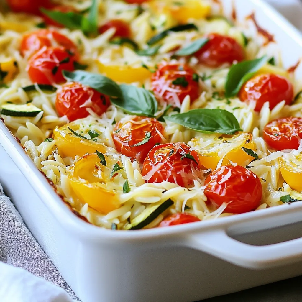 - 1 cup orzo pasta - 2 tablespoons olive oil - 1 cup cherry tomatoes, halved - 1 medium zucchini, diced - 1 bell pepper, diced (choose your favorite color for variety) - 4 cloves garlic, minced - 1 cup fresh baby spinach - 1 package (5.2 oz) Boursin cheese (Garlic & Herb flavor) - 1 cup vegetable broth - 1 teaspoon freshly grated lemon zest - 2 tablespoons freshly squeezed lemon juice - Salt and pepper to taste - 1/2 cup grated Parmesan cheese - Fresh basil or parsley leaves, for garnish The main ingredients for my Lemon Boursin Orzo Bake come together to create a tasty dish. The orzo pasta serves as a creamy base, soaking up flavors. Olive oil gives a rich taste and helps the veggies cook. For the veggies, I use bright cherry tomatoes, tender zucchini, and colorful bell peppers. They add texture and taste. I also mince fresh garlic, which brings a wonderful aroma. Spinach adds color and nutrition, wilting down in the mix. The showstopper is the Boursin cheese. Its creamy texture and garlic-herb flavor make everything taste amazing. I also add vegetable broth to keep it moist. Fresh lemon zest and juice give a bright, zesty kick. Seasoning is key! I use salt and pepper to enhance the flavors. Lastly, I sprinkle Parmesan on top for a cheesy, golden finish. Fresh basil or parsley garnishes the dish, adding a pop of color and freshness. Enjoy crafting this delightful Lemon Boursin Orzo Bake! {{ingredient_image_2}} First, preheat your oven to 375°F (190°C). This will help the dish cook evenly. Next, fill a large pot with water and add salt. Bring this to a rolling boil. Once boiling, add 1 cup of orzo pasta. Cook it until it's al dente, which means it should be firm yet tender. This usually takes about 8-10 minutes. After cooking, drain the orzo and set it aside. In a big skillet, add 2 tablespoons of olive oil. Heat it over medium heat. Once hot, add 1 cup of halved cherry tomatoes, 1 medium diced zucchini, and 1 diced bell pepper. Sauté these veggies for about 5 minutes. You want them to be tender but still colorful. Now, add 4 minced garlic cloves to the skillet and stir for 1 minute. The garlic should smell fragrant but not burnt. Finally, fold in 1 cup of fresh baby spinach. Cook just until it wilts, which takes about a minute. In a large bowl, mix together the cooked orzo and the sautéed veggies. Then, crumble in 1 package of Boursin cheese. Pour in 1 cup of vegetable broth, 1 teaspoon of lemon zest, and 2 tablespoons of freshly squeezed lemon juice. Don't forget to add a sprinkle of salt and pepper. Stir everything until the orzo and veggies are well-coated with the creamy cheese. Carefully transfer the orzo mixture into a greased 9x13 inch baking dish. Spread it out evenly. Now, sprinkle 1/2 cup of grated Parmesan cheese on top. This will create a cheesy layer that will turn golden when baked. Place the dish in the preheated oven and bake for 25-30 minutes. Keep an eye on it, looking for the cheese to bubble and turn golden brown. Once done, take it out and let it cool for a few minutes. - To achieve al dente orzo, cook it in boiling salted water for 8 to 10 minutes. Stir occasionally to prevent sticking. Check for doneness a minute before the package time ends. - To avoid burnt garlic, add it after the veggies have softened. Cook for just 1 minute. This brings out the flavor without bitterness. - For a flavor boost, try adding a pinch of red pepper flakes. This gives a nice kick without overpowering the dish. - You can swap Boursin cheese for cream cheese or feta for a different taste. Adding cooked chicken or shrimp also makes it heartier. - Serve the orzo bake straight from the dish for a cozy feel. For a fancier look, scoop portions onto plates. - Top each serving with fresh basil or parsley. This not only adds color but also brightens the flavor. Pro Tips Use Fresh Ingredients: For the best flavor, opt for fresh vegetables and herbs. They will enhance the overall taste and vibrancy of your orzo bake. Adjust the Cheese: If you prefer a stronger cheese flavor, feel free to add more Boursin or mix in other cheeses like feta or mozzarella for added creaminess. Make it Ahead: This dish can be prepared in advance. Assemble everything and store it in the refrigerator. Just pop it in the oven when you're ready to bake! Experiment with Additions: Feel free to customize your orzo bake by adding proteins like cooked chicken, shrimp, or chickpeas for a heartier meal. {{image_4}} You can easily swap out veggies in this recipe. Try using asparagus or bell peppers. These choices add color and crunch. If you want a vegan or dairy-free dish, use a plant-based cheese. There are many great options available. Just check the labels to ensure they're dairy-free. Switching up cheese can change the flavor. You might try feta or goat cheese. Adding different herbs can also elevate the taste. Fresh thyme or dill can add a great twist. If you want more protein, add chicken or shrimp. Just cook them before mixing in with the orzo. This makes the dish heartier and more filling. To store leftovers, let the dish cool to room temperature. Transfer it to an airtight container. This helps keep the flavors fresh and prevents drying out. You can store it in the fridge for up to 3 days. If you want it to last longer, consider freezing it. Just remember to use a freezer-safe container. It can last up to 2 months in the freezer. When reheating, you have two great options: the microwave or the oven. For the microwave, place a serving in a bowl. Cover it with a damp paper towel to keep moisture in. Heat it for 1-2 minutes, stirring halfway through. If you prefer the oven, preheat it to 350°F (175°C). Place the orzo bake in a baking dish. Cover it with foil to keep it moist. Heat for about 15-20 minutes. This method helps the cheese stay creamy and the dish warm throughout. You can swap Boursin cheese with other creamy cheeses. Cream cheese, goat cheese, or ricotta work well. Add herbs and garlic to mimic the flavor. This keeps the dish rich and tasty. Yes, you can prepare it ahead. Just follow the recipe and let it cool. Cover it tightly and store it in the fridge. Bake it later when you’re ready to enjoy. This orzo bake pairs well with a fresh salad. A simple green salad with lemon vinaigrette is perfect. You can also serve it with grilled chicken or fish for a complete meal. Lemon Boursin Orzo Bake lasts about 3 to 5 days in the fridge. Make sure to store it in an airtight container. Reheat it until warm before serving for the best taste. This blog covers how to make a tasty Lemon Boursin Orzo Bake. We explored ingredients, cooking steps, and handy tips. You learned how to pick veggies, cook orzo, and maximize flavors. I shared ideas for making it your own and storage tips for leftovers. Remember, experimenting with flavors can make this dish uniquely yours. Enjoy this easy recipe and happy cooking!