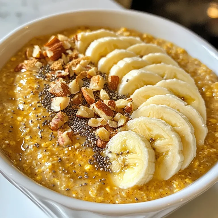 - 1 cup rolled oats - 1 cup almond milk (or your preferred milk) - 1/2 cup pure pumpkin puree - 1 tablespoon chia seeds - 2 tablespoons maple syrup - 1 teaspoon pumpkin pie spice - 1/2 teaspoon pure vanilla extract - A pinch of salt - Optional toppings: fresh banana slices, assorted chopped nuts, crunchy pecans, or a dollop of creamy Greek yogurt When measuring oats, use a dry measuring cup for accuracy. For liquids, a liquid measuring cup works best. Make sure to pack the pumpkin puree in the cup for even measurement. This ensures your oats maintain the right texture and flavor. If you don’t have almond milk, any milk works. Try oat, soy, or coconut milk. For maple syrup, honey or agave syrup can replace it. You can swap pumpkin puree with sweet potato puree for a different taste. If you want a nut-free option, skip the chia seeds or use flaxseeds instead. {{ingredient_image_2}} Start by gathering your tools and ingredients. You will need a medium mixing bowl and a whisk. Measure out 1 cup of rolled oats and 1 tablespoon of chia seeds. Add these to the mixing bowl. Stir them gently until they blend well. Set the bowl aside for now. In a separate bowl, combine 1 cup of almond milk and 1/2 cup of pure pumpkin puree. Then, add 2 tablespoons of maple syrup, 1 teaspoon of pumpkin pie spice, and 1/2 teaspoon of pure vanilla extract. Don't forget the pinch of salt! Whisk this mix until it is smooth and creamy. Pour your creamy mixture over the oats and chia seeds. Stir well so every oat gets soaked. Cover the bowl with plastic wrap or use an airtight container. Place it in the fridge for at least 4 hours, or best, overnight. This way, the oats will soak up all the yummy flavors. When you're ready to eat, stir again. If the oats seem thick, add a splash of almond milk. Now, it's time to serve with your favorite toppings! To get the best texture, use rolled oats. They soak up liquid well. You can add chia seeds for extra creaminess. When you mix the oats and liquid, stir well. This ensures every oat gets soaked. If your oats feel too thick, add more milk in the morning. This makes them creamy and smooth. You can change the flavor to fit your taste. If you want more sweetness, add honey or more maple syrup. For a spicier kick, add extra pumpkin pie spice. You can also mix in some nutmeg or cinnamon for warmth. Don’t forget, toppings like sliced bananas or nuts add flavor and crunch. Always cover your oats before chilling. This keeps them fresh and prevents drying out. Use an airtight container for best results. Let them sit overnight for great flavor. You can also prep them on Sunday for a quick breakfast during the week. This makes mornings easy and stress-free. Pro Tips Use Steel-Cut Oats: For a chewier texture, consider using steel-cut oats instead of rolled oats. Just remember to adjust the liquid and soaking time accordingly, as steel-cut oats will require more time to soften. Make it Vegan: To keep this recipe vegan-friendly, ensure that you use plant-based milk and opt for maple syrup instead of honey. Flavor Variations: Feel free to experiment with different spices like nutmeg or cinnamon, or even add a tablespoon of peanut butter for extra creaminess and flavor. Meal Prep Friendly: This recipe can be easily doubled or tripled for meal prep. Just store the prepared oats in individual containers for a quick grab-and-go breakfast throughout the week! {{image_4}} You can make pumpkin spice overnight oats dairy-free and vegan easily. Just use almond milk or any plant-based milk you like. You can also skip the Greek yogurt. Instead, add more fruits or nuts for creaminess. These swaps keep the taste great while meeting your dietary needs. Want to switch up the flavor? Try adding cocoa powder for a chocolate twist. You can also mix in some peanut butter for a nutty flavor. If you like spice, add cinnamon or nutmeg. These changes keep the recipe fun and interesting. Toppings can change with the seasons. In the fall, try adding sliced apples or pomegranate seeds. In winter, cranberries or walnuts add a nice crunch. Fresh berries in summer bring a bright flavor. Use whatever you have on hand to make your oats special. After you enjoy your pumpkin spice overnight oats, store any leftovers in an airtight container. This keeps them fresh and tasty. Place the container in the fridge. You can enjoy the oats for breakfast or a snack later. Pumpkin spice overnight oats stay good for up to five days in the fridge. After that, the taste and texture may change. Always check for any odd smells or colors before eating. You can freeze pumpkin spice overnight oats if you want to save some for later. Simply scoop portions into freezer-safe containers. Leave some space at the top, as the oats will expand when frozen. When ready to eat, thaw them in the fridge overnight. Then, stir and enjoy! Yes, you can use quick oats. They will absorb liquid faster. Quick oats make a softer texture. If you prefer a chewier bite, stick with rolled oats. Honey works great as a substitute. Agave syrup is another option. You can also use brown sugar. Just adjust the amount to taste. You can keep overnight oats for up to five days. Store them in an airtight container. The flavors will deepen over time, making each bite delicious. This blog post covers everything you need for making pumpkin spice overnight oats. We explored the key ingredients, measurement tips, and great substitutions. I shared step-by-step instructions for prepping, mixing, and chilling your oats. You learned essential tips for perfect texture and flavor. We also discussed storage options and answered common questions. With these insights, you can easily create a delicious and customizable breakfast. Enjoy the process and have fun experimenting with different flavors and toppings! Your mornings just got a tasty upgrade.