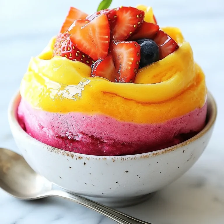 To make homemade rainbow sherbet, gather these fresh and tasty ingredients: - 2 cups of freshly squeezed orange juice - 1 cup of fresh strawberries, pureed - 1 cup of fresh blueberries, pureed - 1 cup of creamy coconut milk - 1 cup of granulated sugar (divided into 3 equal parts) - 2 tablespoons of zesty lemon juice - 1 teaspoon of pure vanilla extract - A pinch of salt Each ingredient plays a key role. The orange juice gives a bright and tangy flavor. The pureed strawberries and blueberries add sweetness and color. Coconut milk makes it creamy, while lemon juice adds a nice zing. The sugar balances the flavors, ensuring a sweet treat. Vanilla extract enhances the taste, and a pinch of salt brings everything together. Using fresh fruit is important for the best taste. You can squeeze your own orange juice for a fresher flavor. Blending the fruit into a puree ensures a smooth texture. This combination makes a sherbet that is not just pretty but also delicious. Enjoy the joy of making this refreshing summer treat! {{ingredient_image_2}} Start with the orange layer. Grab your high-speed blender. Blend 2 cups of freshly squeezed orange juice, 1/3 cup of granulated sugar, 1 cup of creamy coconut milk, and 2 tablespoons of zesty lemon juice. Blend until smooth. Transfer this bright mixture into a shallow dish. Spread it out evenly. Place the dish in the freezer for about 1 hour. This helps it soften slightly. While the orange layer firms up, it’s time for the strawberry layer. Clean your blender. Add 1 cup of pureed strawberries with 1/3 cup of sugar. Blend until you get a velvety mix. Then, add the remaining coconut milk and 1 teaspoon of pure vanilla extract. Mix well. Once the orange layer has set, carefully pour this strawberry mix over it. Make sure to cover it completely. Return the dish to the freezer for another hour. Next, we’ll make the blueberry layer. In your blender, combine 1 cup of pureed blueberries with the last 1/3 cup of sugar and a pinch of salt. Blend until smooth. Stir in the remaining coconut milk until it’s fully mixed. After the strawberry layer has frozen for an hour, pour the blueberry mixture on top. Spread it evenly over the strawberry layer. Cover the dish tightly with plastic wrap or a lid. Freeze the whole sherbet for at least 4 hours. This will ensure it’s fully firm and ready to scoop. Before serving, let the sherbet sit at room temperature for a few minutes. This makes it easier to scoop. Use an ice cream scoop to serve the colorful sherbet into bowls or cones. Enjoy your refreshing creation! To get the best texture for your homemade rainbow sherbet, follow these tips. First, blend each layer until it is very smooth. This helps avoid ice crystals. When freezing, let each layer soften before adding the next. This keeps the layers from mixing too much. After the final freeze, let the sherbet sit out for a few minutes. This makes it easier to scoop. If you want to change things up, you can substitute some ingredients. Instead of coconut milk, use almond milk for a lighter taste. You can also mix in other fruits. Try raspberries or mango for a fun twist. If you want it sweeter, use honey or maple syrup instead of sugar. Just remember to adjust the amounts based on your taste. When blending, use a high-speed blender for the best results. This helps to create a creamy texture. Start with the liquids first, then add the fruits and sugar. Blend in short bursts to avoid overheating the mixture. If your blender struggles, add a splash of liquid to help it. Always taste your mixture before freezing. This way, you can adjust flavors to suit your palate. Pro Tips Layering is Key: Allow each layer to freeze slightly before adding the next to create distinct layers and a beautiful rainbow effect. Sweetness Adjustment: Taste each fruit puree before adding sugar; adjust the sweetness according to your preference and the natural sweetness of the fruit. Presentation Matters: Serve in colorful bowls or waffle cones, and add fresh fruit or mint leaves on top for a stunning presentation. Storage Tips: Wrap the dish tightly with plastic wrap to prevent ice crystals from forming and keep your sherbet fresh for longer. {{image_4}} You can mix and match fruits for your sherbet. Try using mangoes, peaches, or raspberries. Each fruit adds its own unique flavor. For example, a mango layer gives a tropical twist. You can also use mixed berries for a berry blast. Simply puree your chosen fruit and follow the same steps as with strawberries and blueberries. The sky's the limit! If you want a dairy-free treat, coconut milk works great. It's creamy and rich, adding a nice texture. You can also try almond milk or cashew milk. Just make sure to pick unsweetened options to control the sugar. This keeps your sherbet refreshing and light. If you want a nut-free option, stick with coconut milk. It’s a fantastic choice for dairy-free sherbet. To make your sherbet stand out, add unique flavors. A splash of mint extract gives a fresh taste. You can also try a bit of almond extract for a nutty flavor. For a zesty kick, add lime juice instead of lemon juice. Each small change can create a brand-new dessert. Experiment with these flavors and find your favorite combinations! To keep your rainbow sherbet fresh, use an airtight container. This will prevent ice crystals from forming. Make sure to press plastic wrap against the sherbet before sealing. This extra layer helps keep the flavor strong. Store the container in your freezer. It will stay good for about two weeks. If you want to keep sherbet longer, freeze it in smaller portions. Use muffin tins or ice cube trays for easy serving sizes. Once frozen, transfer the portions into a freezer bag. Remove as much air as possible from the bag. This helps prevent freezer burn and keeps the sherbet tasty. When you take your sherbet out of the freezer, it may be hard. Let it sit at room temperature for about five minutes. This will soften it just enough to scoop. If it’s still too hard, use a warm scoop. Run the scoop under warm water for a few seconds. This makes it easier to serve your colorful treat! Yes, you can use frozen fruit. Frozen fruit works well in recipes like this. It saves time and is easy to blend. Just make sure to let the fruit thaw slightly before blending. This helps create a smooth texture. Homemade sherbet can last up to two weeks in the freezer. To keep it fresh, store it in an airtight container. This prevents ice crystals from forming. For best taste, enjoy it within the first week. Yes, you can make sherbet without sugar. You can use natural sweeteners like honey or agave syrup. Keep in mind that sugar helps with the texture. The sherbet may be firmer without it. Sherbet and sorbet are both frozen desserts but differ in ingredients. Sherbet contains dairy, making it creamier. Sorbet is dairy-free and only uses fruit and sugar. This gives sorbet a lighter texture and taste. In this post, we explored making delicious rainbow sherbet. We listed the key ingredients and shared step-by-step methods for each layer. I also provided tips for the perfect texture and fun variations to try. Storing your sherbet correctly keeps it fresh longer. Remember, you can customize flavors and use different fruits. Make this tasty treat your own, and enjoy refreshing bites all summer long. Happy sherbet making!