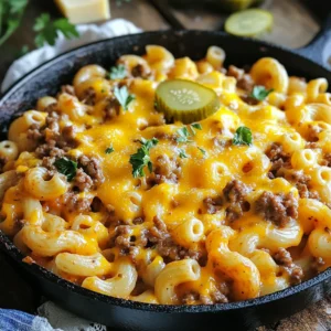 For this Cheeseburger Pasta Skillet, you will need: - 8 oz elbow macaroni - 1 lb ground beef - 1 small onion, diced - 2 cloves garlic, minced - 1 cup tomato sauce - 1 cup beef broth - 1 cup shredded cheddar cheese - 1 tablespoon Dijon mustard - 1 tablespoon Worcestershire sauce - 1 teaspoon smoked paprika - Salt and pepper to taste - 2 tablespoons olive oil - Pickles, for garnish (optional) - Fresh parsley, chopped, for garnish (optional) If you want to switch things up, consider these options: - Use whole wheat macaroni for more fiber. - Swap ground beef for ground turkey or chicken. - Try diced bell peppers for extra color and flavor. - Substitute vegetable broth for a meat-free option. - Use your favorite cheese, like mozzarella or pepper jack, for a twist. This dish serves four people and offers a balanced meal. Here’s a quick breakdown: - Calories: Approximately 450 per serving - Protein: About 30g - Carbohydrates: Roughly 40g - Fat: Around 20g - Fiber: 2g This meal packs protein from the beef and carbs from the pasta. It’s a tasty and satisfying option for a weeknight dinner. {{ingredient_image_2}} First, gather your ingredients. You will need: - 8 oz elbow macaroni - 1 lb ground beef - 1 small onion, diced - 2 cloves garlic, minced - 1 cup tomato sauce - 1 cup beef broth - 1 cup shredded cheddar cheese - 1 tablespoon Dijon mustard - 1 tablespoon Worcestershire sauce - 1 teaspoon smoked paprika - Salt and pepper to taste - 2 tablespoons olive oil - Pickles, for garnish (optional) - Fresh parsley, chopped, for garnish (optional) Now that you have everything ready, start by heating the olive oil in a large skillet over medium heat. Add the diced onion and minced garlic. Sauté for about 3 to 4 minutes. You want the onion to be soft and clear. Next, add the ground beef into the skillet. Use a spatula to break it into smaller bits. Cook the meat for about 5 to 7 minutes. Stir it often until it turns brown and is fully cooked. If there’s extra grease, drain it off. Now, pour in the tomato sauce, beef broth, Dijon mustard, Worcestershire sauce, and smoked paprika. Season with salt and pepper. Mix it all well until everything is combined. Bring the mixture to a rolling boil. Once boiling, add the elbow macaroni. Reduce the heat to medium-low and cover the skillet. Let it simmer for 10 to 12 minutes. Stir occasionally. The pasta should be tender and soak up most of the sauce. When the pasta is cooked, remove the skillet from heat. Sprinkle in the shredded cheddar cheese and stir until it melts. This creates a creamy sauce that ties everything together. Taste your dish and adjust the seasoning if needed. For the final touch, garnish with pickle slices and fresh parsley if you like. Serve directly from the skillet or plate individual servings. Enjoy every bite of your delicious cheeseburger pasta skillet! To make your cheeseburger pasta creamy, use fresh shredded cheese. When you add the cheese, make sure to stir it in well. This helps it melt evenly. If you want it even creamier, add a splash of heavy cream or sour cream before serving. This extra touch gives it a rich flavor. One common mistake is overcooking the pasta. You want it tender, but not mushy. Stir the pasta occasionally while it cooks. Another mistake is not draining excess grease from the beef. This can make your dish too oily. Lastly, be careful with seasonings. Taste as you go, and adjust salt and pepper to your liking. For a fun presentation, serve the pasta right from the skillet. This adds a cozy vibe to your meal. You can also plate individual servings. Top each plate with extra cheese and pickles. Fresh parsley adds a nice touch and color. Pair your dish with a simple side salad or garlic bread for a complete meal. Pro Tips Beef Quality Matters: Choose a lean ground beef for a healthier dish and to reduce excess grease. Cheese Variety: Experiment with different cheeses like pepper jack or mozzarella for a unique flavor twist. Extra Flavor: Add a splash of hot sauce or a pinch of cayenne pepper for an extra kick in flavor. One-Pot Wonder: This recipe is perfect for one-pot meals; minimize cleanup by cooking and serving in the same skillet. {{image_4}} You can make a tasty vegetarian version of cheeseburger pasta. Replace the ground beef with 1 pound of lentils or mushrooms. Both add great texture and flavor. Use vegetable broth instead of beef broth. This keeps it rich and savory. You can also add diced bell peppers or zucchini for extra veggies. They cook well and blend nicely with the pasta. For those who love heat, try spicy cheeseburger pasta. Add 1 teaspoon of red pepper flakes to the skillet when you cook the onions. This adds a nice kick. You can also mix in diced jalapeños for more spice. Use pepper jack cheese instead of cheddar for a creamy, spicy twist. The heat balances with the creamy sauce, making it extra delicious. Need gluten-free options? Just swap out the elbow macaroni for gluten-free pasta. There are many brands available that taste great. Be sure to check the cooking time, as it can vary. Additionally, make sure your beef broth and sauces are gluten-free. This lets you enjoy every bite without worry. To keep your cheeseburger pasta skillet fresh, let it cool first. Use an airtight container to store leftovers. Place it in the fridge. It will last for about 3 to 4 days. When you store it, make sure to separate the cheese if you can. This helps keep the dish creamy. When you want to reheat, you have a few good options. You can use the microwave or the stove. If using the microwave, place a portion in a bowl. Cover it with a paper towel. Heat it on high for about 1 to 2 minutes. Stir and check if it's warm enough. If using the stove, add a splash of beef broth or water to a skillet. Heat it gently over medium heat, stirring often, until hot. You can freeze this dish if you want to save it for later. Cool it completely before freezing. Use a freezer-safe container or a heavy-duty bag. It can stay frozen for up to 2 months. When you are ready to eat, thaw it in the fridge overnight. Reheat it as noted above. This way, you can enjoy a quick and tasty meal any time! Yes, you can use any pasta you like. Penne, rotini, or shells work well. Just keep an eye on the cooking time. Each pasta type may take a bit longer or shorter to cook. Make sure to check the package for timing. This way, your pasta will be perfect and not mushy. You can prepare this dish in advance. Cook the pasta and beef, then let it cool. Store it in an airtight container in the fridge. When you’re ready to eat, just reheat it on the stove. Add a splash of beef broth to keep it creamy. This method saves time on busy nights. If you want a different protein, you can use ground turkey or chicken. These options are leaner than beef. You can also try plant-based meat to make it vegetarian. Just cook it the same way as ground beef. Each substitute adds its own flavor, so feel free to experiment! We explored the main ingredients, step-by-step instructions, and helpful tips for your dish. You learned about variations like vegetarian options and gluten-free choices. Storage info ensured your leftovers stay fresh. Remember, cooking can be fun and creative. Don't stress over mistakes. Experiment and enjoy the process. Your dish can satisfy any appetite. Happy cooking!