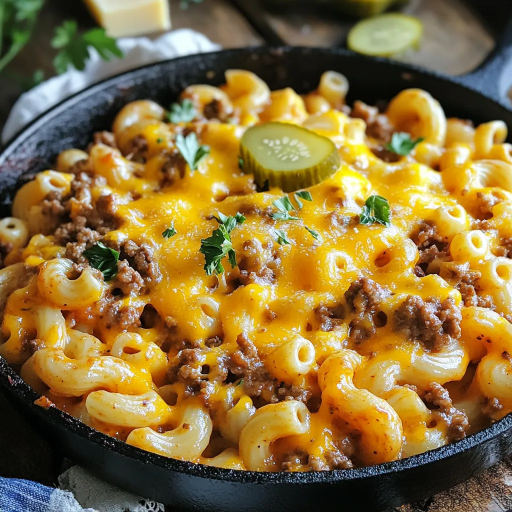 For this Cheeseburger Pasta Skillet, you will need: - 8 oz elbow macaroni - 1 lb ground beef - 1 small onion, diced - 2 cloves garlic, minced - 1 cup tomato sauce - 1 cup beef broth - 1 cup shredded cheddar cheese - 1 tablespoon Dijon mustard - 1 tablespoon Worcestershire sauce - 1 teaspoon smoked paprika - Salt and pepper to taste - 2 tablespoons olive oil - Pickles, for garnish (optional) - Fresh parsley, chopped, for garnish (optional) If you want to switch things up, consider these options: - Use whole wheat macaroni for more fiber. - Swap ground beef for ground turkey or chicken. - Try diced bell peppers for extra color and flavor. - Substitute vegetable broth for a meat-free option. - Use your favorite cheese, like mozzarella or pepper jack, for a twist. This dish serves four people and offers a balanced meal. Here’s a quick breakdown: - Calories: Approximately 450 per serving - Protein: About 30g - Carbohydrates: Roughly 40g - Fat: Around 20g - Fiber: 2g This meal packs protein from the beef and carbs from the pasta. It’s a tasty and satisfying option for a weeknight dinner. {{ingredient_image_2}} First, gather your ingredients. You will need: - 8 oz elbow macaroni - 1 lb ground beef - 1 small onion, diced - 2 cloves garlic, minced - 1 cup tomato sauce - 1 cup beef broth - 1 cup shredded cheddar cheese - 1 tablespoon Dijon mustard - 1 tablespoon Worcestershire sauce - 1 teaspoon smoked paprika - Salt and pepper to taste - 2 tablespoons olive oil - Pickles, for garnish (optional) - Fresh parsley, chopped, for garnish (optional) Now that you have everything ready, start by heating the olive oil in a large skillet over medium heat. Add the diced onion and minced garlic. Sauté for about 3 to 4 minutes. You want the onion to be soft and clear. Next, add the ground beef into the skillet. Use a spatula to break it into smaller bits. Cook the meat for about 5 to 7 minutes. Stir it often until it turns brown and is fully cooked. If there’s extra grease, drain it off. Now, pour in the tomato sauce, beef broth, Dijon mustard, Worcestershire sauce, and smoked paprika. Season with salt and pepper. Mix it all well until everything is combined. Bring the mixture to a rolling boil. Once boiling, add the elbow macaroni. Reduce the heat to medium-low and cover the skillet. Let it simmer for 10 to 12 minutes. Stir occasionally. The pasta should be tender and soak up most of the sauce. When the pasta is cooked, remove the skillet from heat. Sprinkle in the shredded cheddar cheese and stir until it melts. This creates a creamy sauce that ties everything together. Taste your dish and adjust the seasoning if needed. For the final touch, garnish with pickle slices and fresh parsley if you like. Serve directly from the skillet or plate individual servings. Enjoy every bite of your delicious cheeseburger pasta skillet! To make your cheeseburger pasta creamy, use fresh shredded cheese. When you add the cheese, make sure to stir it in well. This helps it melt evenly. If you want it even creamier, add a splash of heavy cream or sour cream before serving. This extra touch gives it a rich flavor. One common mistake is overcooking the pasta. You want it tender, but not mushy. Stir the pasta occasionally while it cooks. Another mistake is not draining excess grease from the beef. This can make your dish too oily. Lastly, be careful with seasonings. Taste as you go, and adjust salt and pepper to your liking. For a fun presentation, serve the pasta right from the skillet. This adds a cozy vibe to your meal. You can also plate individual servings. Top each plate with extra cheese and pickles. Fresh parsley adds a nice touch and color. Pair your dish with a simple side salad or garlic bread for a complete meal. Pro Tips Beef Quality Matters: Choose a lean ground beef for a healthier dish and to reduce excess grease. Cheese Variety: Experiment with different cheeses like pepper jack or mozzarella for a unique flavor twist. Extra Flavor: Add a splash of hot sauce or a pinch of cayenne pepper for an extra kick in flavor. One-Pot Wonder: This recipe is perfect for one-pot meals; minimize cleanup by cooking and serving in the same skillet. {{image_4}} You can make a tasty vegetarian version of cheeseburger pasta. Replace the ground beef with 1 pound of lentils or mushrooms. Both add great texture and flavor. Use vegetable broth instead of beef broth. This keeps it rich and savory. You can also add diced bell peppers or zucchini for extra veggies. They cook well and blend nicely with the pasta. For those who love heat, try spicy cheeseburger pasta. Add 1 teaspoon of red pepper flakes to the skillet when you cook the onions. This adds a nice kick. You can also mix in diced jalapeños for more spice. Use pepper jack cheese instead of cheddar for a creamy, spicy twist. The heat balances with the creamy sauce, making it extra delicious. Need gluten-free options? Just swap out the elbow macaroni for gluten-free pasta. There are many brands available that taste great. Be sure to check the cooking time, as it can vary. Additionally, make sure your beef broth and sauces are gluten-free. This lets you enjoy every bite without worry. To keep your cheeseburger pasta skillet fresh, let it cool first. Use an airtight container to store leftovers. Place it in the fridge. It will last for about 3 to 4 days. When you store it, make sure to separate the cheese if you can. This helps keep the dish creamy. When you want to reheat, you have a few good options. You can use the microwave or the stove. If using the microwave, place a portion in a bowl. Cover it with a paper towel. Heat it on high for about 1 to 2 minutes. Stir and check if it's warm enough. If using the stove, add a splash of beef broth or water to a skillet. Heat it gently over medium heat, stirring often, until hot. You can freeze this dish if you want to save it for later. Cool it completely before freezing. Use a freezer-safe container or a heavy-duty bag. It can stay frozen for up to 2 months. When you are ready to eat, thaw it in the fridge overnight. Reheat it as noted above. This way, you can enjoy a quick and tasty meal any time! Yes, you can use any pasta you like. Penne, rotini, or shells work well. Just keep an eye on the cooking time. Each pasta type may take a bit longer or shorter to cook. Make sure to check the package for timing. This way, your pasta will be perfect and not mushy. You can prepare this dish in advance. Cook the pasta and beef, then let it cool. Store it in an airtight container in the fridge. When you’re ready to eat, just reheat it on the stove. Add a splash of beef broth to keep it creamy. This method saves time on busy nights. If you want a different protein, you can use ground turkey or chicken. These options are leaner than beef. You can also try plant-based meat to make it vegetarian. Just cook it the same way as ground beef. Each substitute adds its own flavor, so feel free to experiment! We explored the main ingredients, step-by-step instructions, and helpful tips for your dish. You learned about variations like vegetarian options and gluten-free choices. Storage info ensured your leftovers stay fresh. Remember, cooking can be fun and creative. Don't stress over mistakes. Experiment and enjoy the process. Your dish can satisfy any appetite. Happy cooking!