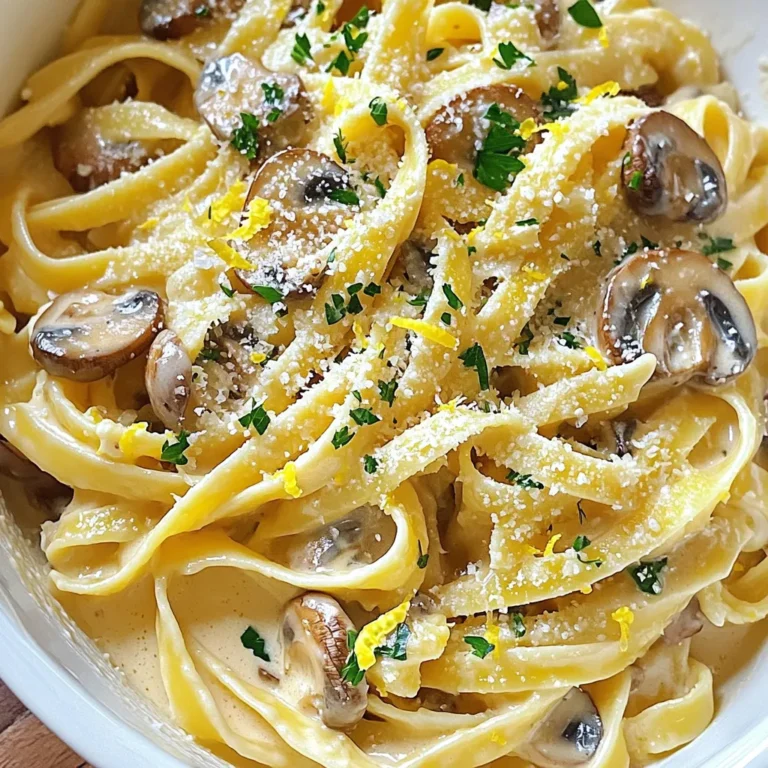 To create the delicious creamy garlic mushroom pasta, gather these key ingredients: - 300g fettuccine or your preferred pasta - 250g button mushrooms, sliced - 4 cloves of garlic, minced - 1 cup heavy cream - 1 tablespoon olive oil - 1 tablespoon unsalted butter - 1/2 cup freshly grated Parmesan cheese - Salt and pepper to taste - Fresh parsley, chopped (for garnish) - Zest of 1 lemon (to enhance flavor) Each ingredient plays a vital role in building flavor. The fettuccine serves as a perfect base. Its wide shape holds the creamy sauce well. Button mushrooms add earthiness and depth. Garlic brings a warm aroma that excites the palate. Heavy cream gives the dish its rich texture. Olive oil and butter enhance the overall flavor while helping to sauté the mushrooms. Freshly grated Parmesan contributes a salty, nutty taste. Finally, lemon zest brightens the dish, balancing the creaminess. This selection of ingredients ensures a well-rounded and satisfying meal. You can easily find them at your local grocery store. Plus, they are straightforward to work with, making this recipe perfect for both beginners and seasoned cooks. Start by boiling a large pot of salted water. When it reaches a rolling boil, add 300g of fettuccine. Cook it as per the package instructions until it's al dente. This means it should be firm but not hard. To check if it's done, taste a piece. If it’s good, reserve 1 cup of the pasta water. Then, drain the pasta and set it aside. Grab a large skillet and heat 1 tablespoon of olive oil with 1 tablespoon of unsalted butter over medium heat. Add in 250g of sliced button mushrooms. Sauté the mushrooms for about 5-7 minutes. Stir them occasionally. You want them to turn golden brown and release their juices. This step adds a deep flavor to the dish. Once the mushrooms are ready, add 4 cloves of minced garlic to the pan. Cook for 1-2 minutes until the garlic smells great. Be careful not to burn it. Next, lower the heat and pour in 1 cup of heavy cream. Mix it well with the mushrooms and garlic. Let it simmer for 3-5 minutes. This helps the sauce thicken just a bit. Finally, add 1/2 cup of freshly grated Parmesan cheese. Stir until the cheese melts into a rich sauce. If it gets too thick, add some reserved pasta water slowly until it feels right. Now, gently add the cooked fettuccine into the skillet. Use tongs to toss the pasta in the creamy mushroom sauce. Make sure every piece of pasta is covered. This helps keep that creamy texture. Season with salt, pepper, and lemon zest to taste. Toss again to mix all the flavors well. To make your creamy garlic mushroom pasta even more delicious, use fresh herbs. Fresh parsley adds a bright touch. You might also try thyme or basil for a unique twist. If you don’t have Parmesan cheese, you can swap it for Pecorino Romano. This cheese has a similar taste but is sharper. Nutritional yeast is a great vegan alternative that adds a cheesy flavor without dairy. When making the cream sauce, keep the heat low. This helps prevent the cream from burning or curdling. A gentle simmer allows the flavors to blend well. When you sauté garlic, watch it closely. Garlic burns quickly and can turn bitter. Stir it often and remove it from heat as soon as it’s fragrant. For a stunning look, serve your pasta in wide, shallow bowls. This style makes the dish pop. You can add extra Parmesan on the side for those who love it cheesy. A light drizzle of olive oil on top gives the dish a glossy look. Adding a lemon wedge on the plate invites guests to add brightness to their meal. A sprinkle of fresh parsley will finish it off beautifully. {{image_4}} You can easily make this dish vegetarian. Adding spinach or peas gives fresh color and flavor. Simply toss in two cups of fresh spinach right before serving. It wilts perfectly in the warm pasta. For peas, add one cup when sautéing the mushrooms. They cook quickly and blend well. Want a vegan version? Swap heavy cream for coconut cream or cashew cream. Use nutritional yeast instead of Parmesan for a cheesy flavor. These changes keep the dish tasty and creamy. To add protein, consider chicken, shrimp, or bacon. For chicken, dice one breast and cook it in the skillet before the mushrooms. This adds a savory taste. For shrimp, add them after the garlic. Cook until they turn pink, about three minutes. If you prefer bacon, cook four strips until crispy. Crumble it into the pasta before serving. Each protein option brings a new twist to the dish. Different mushrooms can change the dish's flavor. Try shiitake, cremini, or portobello for unique tastes. Each type offers its own texture and depth. Mix them for a complex flavor profile. You can also add spices for extra warmth. A pinch of red pepper flakes adds heat. For a rich taste, consider adding smoked paprika. Different cheeses like goat cheese or feta can also create a new flavor. Experiment and see what you enjoy! To keep your creamy garlic mushroom pasta fresh, follow these tips: - Cool it down: Allow the pasta to cool to room temperature before storing. - Use airtight containers: Store the leftovers in airtight containers to prevent drying out. - Refrigerate promptly: Place the containers in the fridge within two hours of cooking. - Consume within 3 days: For the best flavor and texture, eat within three days. Reheating creamy pasta can be tricky. Here are some effective methods: - Stovetop method: Heat a skillet over low heat. Add a splash of cream or reserved pasta water. Stir gently to warm it up without breaking the sauce. - Microwave method: Place pasta in a microwave-safe bowl. Add a bit of water or cream. Cover with a microwave-safe lid. Heat in 30-second intervals, stirring each time until warm. To refresh the dish, mix in some fresh parsley or a squeeze of lemon juice. This adds brightness and enhances the flavors. Enjoy your creamy pasta just like it was freshly made! Yes, you can use other types of pasta. Gluten-free options work well. Whole grain pasta adds fiber and a nutty flavor. You might try penne or spaghetti if you prefer. Each pasta shape holds the sauce differently, so choose what you like best. To make this dish dairy-free, use coconut cream instead of heavy cream. Nutritional yeast gives a cheesy flavor without dairy. You can also try cashew cream for richness. These options still keep the dish creamy and delicious. Pair this pasta with a fresh green salad. A simple Caesar or mixed greens works great. Garlic bread complements the flavors well, adding crunch. Roasted vegetables can also be a tasty side. Choose sides that are light to balance the richness of the pasta. Yes, you can make creamy garlic mushroom pasta ahead of time. Cook the pasta and sauce separately. Store them in airtight containers. When ready to eat, combine and heat gently. Add a splash of reserved pasta water for a creamy texture. This makes meal prep easy and quick. This blog post covers a delicious creamy garlic mushroom pasta recipe. You learned about key ingredients and step-by-step cooking techniques. Tips for enhancing flavor and unique variations were also shared. Remember, cooking should be fun and creative. Don’t hesitate to experiment with new flavors or ingredients. Enjoy making this dish, and know that every bite will be rewarding.