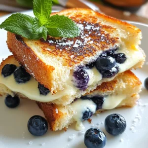 - 2 slices of brioche or sourdough bread - 2 tablespoons cream cheese, softened - 1 teaspoon honey - 1/4 cup fresh blueberries, rinsed and dried - 3/4 cup shredded mozzarella cheese - 1 tablespoon unsalted butter - Pinch of sea salt for seasoning - Optional: Fresh mint leaves for garnish For this Blueberry Grilled Cheese, gather your ingredients first. Choosing the right bread is key. Brioche gives a soft texture, while sourdough adds a nice crunch. I love the sweet and tangy mix in the cream cheese. Just blend it with honey for a smooth spread. Next, the blueberries are fresh and vibrant. They burst with flavor when you bite into them. The mozzarella adds a gooey texture that pulls together the whole sandwich. Don't forget the unsalted butter. It helps create that golden crust we all love! A pinch of sea salt enhances all the flavors. If you want an extra touch, fresh mint leaves make a great garnish. They add a pop of color and a nice aroma. This combination of ingredients creates a savory and sweet delight that truly stands out. {{ingredient_image_2}} 1. Mixing the cream cheese and honey Start by taking a small bowl. Add 2 tablespoons of softened cream cheese. Then, mix in 1 teaspoon of honey. Use a fork or spatula to blend until smooth. This creates a sweet and creamy filling. 2. Spreading the filling on the bread Grab 2 slices of brioche or sourdough bread. Take one slice and spread half of the honey cream cheese on one side. Repeat this step with the second slice. Now both slices have a nice layer of filling. 3. Assembling the sandwich On one slice, sprinkle 3/4 cup of shredded mozzarella cheese evenly over the cream cheese. Then, add 1/4 cup of fresh blueberries on top of the cheese. Press the blueberries gently into the cheese. Place the second slice on top, cream cheese side down. Your sandwich is now ready for cooking. 1. Heating the skillet and adding butter Heat a non-stick skillet over medium heat. Add 1 tablespoon of unsalted butter. Let it melt and foam, coating the pan evenly. This step is key for a crispy crust. 2. Cooking the sandwich to golden perfection Place the assembled sandwich in the hot skillet. Cook it for about 3-4 minutes. Look for a beautiful golden brown color on the bottom. Then, carefully flip the sandwich using a spatula. Cook the other side for another 3-4 minutes. The bread should be golden and crispy, and the cheese melted. 3. Final touches before serving Once both sides are cooked, remove the sandwich from the skillet. Let it rest for one minute before slicing. This helps the cheese set for a better bite. Optionally, sprinkle a pinch of sea salt on top for extra flavor. If you like, add fresh mint leaves for garnish. Enjoy your Blueberry Grilled Cheese! - Bread selection for optimal flavor: Use brioche or sourdough for a rich taste. These breads provide a soft, buttery base that enhances the overall flavor. Their slight sweetness complements the blueberries. - Balancing sweet and savory elements: The cream cheese and honey mix adds sweetness. Pair this with the savory mozzarella for a perfect balance. This mix creates a delightful contrast in every bite. - Tips for melting cheese evenly: Make sure to cook on medium heat. This allows the cheese to melt slowly without burning the bread. Flip the sandwich carefully to ensure even cooking on both sides. - Suggested plating styles: Serve your sandwich cut diagonally on a plate. This adds a touch of elegance. Place it beside a handful of fresh blueberries for a pop of color. - Garnishing options for aesthetic appeal: Add fresh mint leaves on the plate. This not only looks good but also adds a nice aroma. A sprinkle of sea salt on top enhances both taste and presentation. Pro Tips Use Fresh Blueberries: For the best flavor and texture, always use fresh blueberries instead of frozen ones. They will burst with juiciness and add a delightful sweetness to your sandwich. Perfectly Golden Bread: To achieve a beautifully golden and crispy crust, ensure that your skillet is preheated and the butter is hot before adding the sandwich. This will help create that perfect crunch. Experiment with Cheeses: While mozzarella is delicious, feel free to experiment with other cheeses like cheddar or brie for a different flavor profile. Each cheese will complement the blueberries in its unique way. Rest Before Slicing: Letting the sandwich rest for a minute before slicing allows the melted cheese to set slightly, making it easier to handle and giving you a better presentation. {{image_4}} You can swap out mozzarella for other cheeses to change the taste. Try sharp cheddar for a bold flavor. Goat cheese adds a creamy tang that pairs well with blueberries. Mix cheeses for even more depth. A blend of mozzarella and brie gives a rich, creamy texture that melts beautifully. Get creative by adding herbs or spices to the mix. A sprinkle of fresh thyme or basil can brighten the flavor. You could also add a pinch of cinnamon for a warm twist. If you want a savory kick, consider adding cooked bacon or sliced turkey. These toppings make your grilled cheese even more delicious and filling. To keep your Blueberry Grilled Cheese fresh, wrap it tightly in plastic wrap. Place it in an airtight container. This method helps keep the sandwich moist while stored in the fridge. Aim to eat the leftovers within two days for the best taste. To reheat, use a skillet over low heat. This keeps the bread crisp and the cheese melty. Cook for about 3-4 minutes on each side until warm. You can also use a toaster oven for a crispy result. If you want to freeze your sandwich, wrap it well in plastic wrap and foil. This protects it from freezer burn. You can freeze it for up to one month. When ready to eat, take the sandwich out and let it thaw in the fridge overnight. Reheat it in a skillet over low heat for about 5-7 minutes on each side. This method ensures the bread stays crunchy, and the cheese melts perfectly. Can I use frozen blueberries? Yes, you can use frozen blueberries. Just thaw them first. Pat them dry with a paper towel. This helps avoid extra moisture in your sandwich. What bread works best for this recipe? Brioche and sourdough are the best choices. Brioche gives a soft, sweet bite. Sourdough provides a nice tang that balances the sweetness of blueberries. How can I add more sweetness to my sandwich? You can drizzle more honey on the blueberries. Another option is to add a sprinkle of powdered sugar before serving. Both add a touch of sweetness that enhances the flavor. What to do if the cheese isn't melting? If the cheese isn't melting, lower the heat. Cooking too fast can keep it solid. You can also cover the skillet with a lid. This traps heat and helps the cheese melt. How to avoid burning the sandwich? To avoid burning, keep an eye on the heat. Medium heat is best. Flip the sandwich often, and use a non-stick skillet. This helps it cook evenly without burning. This article explored how to make a delicious blueberry grilled cheese. We covered key ingredients like brioche bread, cream cheese, and fresh blueberries. I shared easy preparation and cooking steps for a tasty sandwich. You learned tips for perfecting your grilled cheese and enhancing its look. Finally, we discussed variations and storage options. Feel free to experiment with flavors. This sandwich is fun and easy to make. Enjoy every bite!