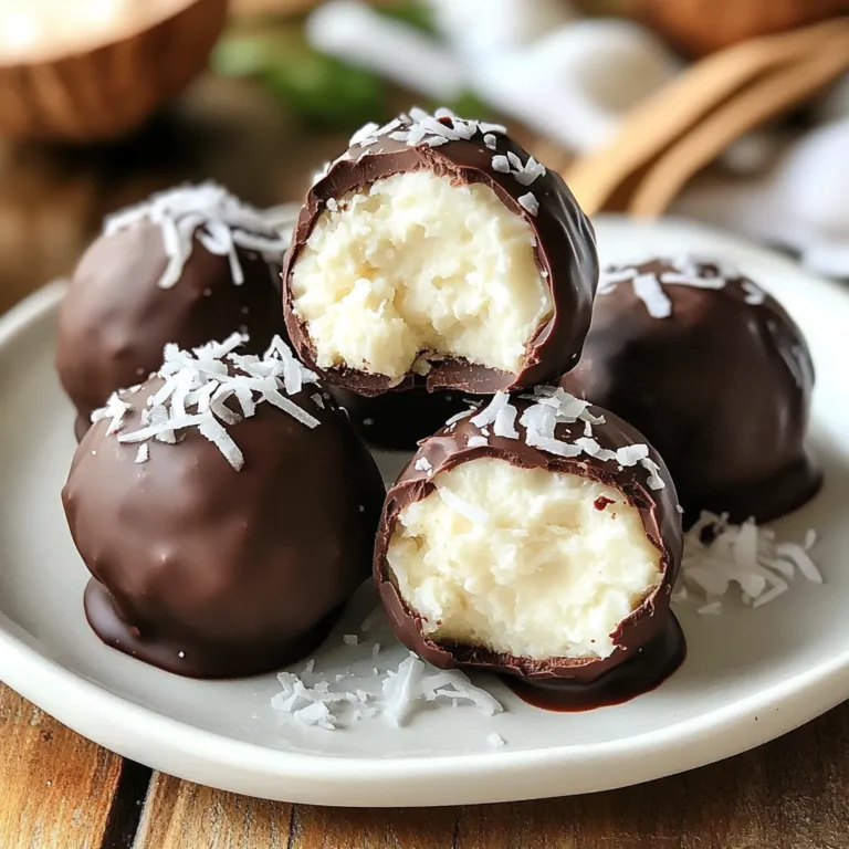 To make No-Bake Coconut Cream Balls, you need a few simple ingredients. Here’s the list: - 1 cup unsweetened shredded coconut - 1 cup almond flour - 1/4 cup pure maple syrup - 1/4 cup coconut cream - 1 teaspoon pure vanilla extract - A pinch of sea salt - 1/2 cup dark chocolate chips (dairy-free if preferred) - Extra shredded coconut for rolling These ingredients come together to create a delightful treat. The unsweetened shredded coconut gives a great base, while the almond flour adds a nice nutty flavor. Pure maple syrup brings sweetness without being too overpowering. Coconut cream adds creaminess, making the bites rich and satisfying. The vanilla extract enhances the overall taste, and a pinch of sea salt balances the sweetness. Using dark chocolate chips on the outside adds a perfect touch. You can choose dairy-free chips for a vegan option. Finally, rolling the balls in extra shredded coconut gives them a beautiful finish. Each ingredient plays a key role in making these treats both tasty and visually appealing. Enjoy the process of gathering these items; it’s part of the fun! {{ingredient_image_2}} To start, grab a large mixing bowl. Here, you will combine 1 cup of unsweetened shredded coconut with 1 cup of almond flour. Stir these two until they blend well. Next, add in 1/4 cup of pure maple syrup and 1/4 cup of coconut cream. Don't forget the 1 teaspoon of pure vanilla extract and a pinch of sea salt. Mix everything together until you get a sticky dough. Now it's time to shape the mixture. Scoop out small portions, about 1 tablespoon each. Roll them into smooth 1-inch balls. Place these coconut balls on a parchment-lined tray. Make sure they are spaced apart to avoid sticking. Put the tray in the refrigerator for about 30 minutes. This helps the balls firm up and keeps their shape. While the coconut balls chill, melt the dark chocolate chips. Use a microwave-safe bowl. Heat the chips in intervals of 20 seconds. Stir after each interval until you achieve a silky smooth consistency. Take the chilled coconut balls out of the fridge. One by one, dip each ball in the melted chocolate. Make sure each ball is fully coated. After that, roll them in extra shredded coconut for a nice garnish. Transfer the chocolate-coated coconut balls back onto the tray. Place them in the refrigerator for an additional 15 minutes. This allows the chocolate to set and harden. To get the right texture for your Coconut Bliss Bites, mix the ingredients well. Start with unsweetened shredded coconut and almond flour. Then, add the maple syrup, coconut cream, and vanilla extract. A pinch of sea salt will enhance the flavors. You should see a sticky dough form. If your mixture feels too dry, add more coconut cream. If it’s too wet, add a little almond flour. You can easily add your favorite flavors to these bites. Try mixing in a few drops of almond or coconut extract. A sprinkle of cinnamon or nutmeg can also add warmth. If you like a tropical twist, consider adding lime zest or even a bit of pineapple juice. Each addition creates a unique flavor experience. Melting chocolate can be tricky. To avoid scorched chocolate, use a microwave-safe bowl. Heat the dark chocolate chips in short bursts. Start with 20 seconds, then stir. Repeat until the chocolate is melted and smooth. If it becomes too thick, add a tiny bit of coconut oil to thin it out. This method ensures a silky, shiny finish for your coated coconut balls. Pro Tips Chill for Better Coating: Make sure to chill the coconut balls for at least 30 minutes before dipping them in chocolate. This helps them hold their shape and makes the coating process easier. Use Quality Chocolate: Choose high-quality dark chocolate for melting to enhance the flavor of your Coconut Bliss Bites. Dairy-free options are available if you prefer. Experiment with Flavors: Feel free to add your favorite extracts, like almond or coconut, to the mixture for a unique twist on the flavor profile. Storage Tips: Store the Coconut Bliss Bites in an airtight container in the refrigerator for up to a week, or freeze them for longer storage. {{image_4}} If you want a nut-free version of these treats, you can swap the almond flour. Try using oat flour instead. Oat flour is easy to make. Just blend rolled oats until fine. It adds a nice flavor and texture. You can also use sunflower seed flour. This option is great for kids with nut allergies. To make this dessert vegan, check all your ingredients. Use a plant-based chocolate. Make sure the chocolate chips are dairy-free. Also, ensure the coconut cream is pure and free from additives. The other ingredients are already vegan-friendly. This way, everyone can enjoy these delicious bites! You can change the flavor and make them your own! Add in some dried fruits like cranberries or mango. You might also try mixing in nuts like pecans or walnuts if you want some crunch. For a fresh twist, add a bit of lemon or orange zest. This will give your coconut balls a bright flavor. Get creative and have fun with it! To keep your Coconut Bliss Bites fresh, store them in the fridge. Use an airtight container to avoid moisture. Place a layer of parchment paper between layers if stacking them. This helps prevent them from sticking together. You can freeze these coconut balls for later. First, place them on a tray and freeze until solid. Once frozen, transfer them to a freezer-safe bag. Label the bag with the date. To enjoy, simply thaw them in the fridge overnight. These coconut cream balls last about one week in the fridge. After that, they may lose their taste and texture. If stored properly in the freezer, they can last up to three months. Yes, you can! Honey is a great substitute for maple syrup. It adds sweetness but has a different flavor. Agave syrup works too, giving a milder taste. If you want something less sweet, try using date syrup. Each option will change the taste a little, so pick what you like best. You need to chill the mixture for about 30 minutes. This step is key! Chilling makes the balls firm and helps them hold their shape. If you skip this, they may fall apart when you dip them in chocolate. Dark chocolate is my favorite choice. It pairs nicely with the sweet coconut. Milk chocolate can also work, giving a creamier taste. For a dairy-free option, use dairy-free dark chocolate. It melts well and tastes great too! In this post, I shared a simple way to make coconut cream balls. We covered key ingredients, step-by-step instructions, and tips for success. Remember, you can customize flavors and choose ingredients that fit your needs. These treats are easy to store or freeze for later use. Enjoy making them your own, and don't hesitate to experiment! With just a few steps, you can create a delicious snack that everyone will love. Try it out and enjoy the tasty results.