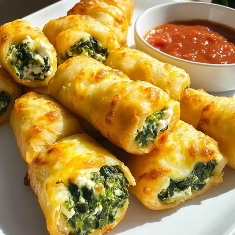 - 1 cup fresh spinach, finely chopped - 1 cup mozzarella cheese, finely shredded - 1/2 cup creamy ricotta cheese - 1/4 cup freshly grated Parmesan cheese - 1 teaspoon garlic powder - 1 teaspoon Italian seasoning blend - 1 package pizza dough (store-bought or homemade) - 1 egg, beaten (for egg wash) - Olive oil spray for coating - Marinara sauce for dipping I use a standard measuring cup and spoons for accuracy. For cheese, finely shredding mozzarella helps it melt evenly. When chopping spinach, make sure to cut it very small. This helps mix well with the other cheeses. Use a teaspoon for the garlic powder and Italian seasoning. This gives the right flavor without overpowering the other ingredients. If you want bigger rolls, you can cut the pizza dough into larger squares. For mozzarella, I recommend Galbani or Sargento. They have great flavor and melt well. For ricotta, try Polly-O or BelGioioso for a creamy texture. For Parmesan, Grana Padano is a good choice. It has a rich taste that enhances the rolls. For pizza dough, look for brands like Pillsbury or Trader Joe's. They offer a good balance of taste and texture. Always choose fresh spinach for the best flavor. Start by gathering your filling ingredients. You will need fresh spinach, mozzarella cheese, ricotta cheese, and Parmesan cheese. In a medium bowl, combine: - 1 cup fresh spinach, finely chopped - 1 cup mozzarella cheese, finely shredded - 1/2 cup creamy ricotta cheese - 1/4 cup freshly grated Parmesan cheese - 1 teaspoon garlic powder - 1 teaspoon Italian seasoning blend Mix these ingredients well. Make sure every piece of spinach is coated in cheese. This mix will give your pizza rolls a rich flavor. Next, roll out your pizza dough. If you use store-bought dough, that works great. On a floured surface, roll the dough to about 1/4 inch thick. Cut the dough into squares, each about 4 inches by 4 inches. Now, take a tablespoon of your filling mixture. Place it in the center of each square. Fold the dough over the filling to make a triangle. Press the edges tightly to keep the filling inside. You can use a fork to crimp the edges for a secure seal. Preheat your air fryer to 375°F (190°C) for about 5 minutes. While it heats, spray the basket lightly with olive oil. Place your pizza rolls in a single layer in the basket. Make sure they have space between them. This helps them cook evenly. Spray the tops of the rolls with a little olive oil for a crispy finish. Cook the rolls for 8 to 10 minutes. Flip them halfway through for even browning. When they are golden brown and crispy, they are ready. Carefully remove the pizza rolls and let them cool for a few minutes. Serve with warm marinara sauce for dipping. Enjoy your crunchy and flavorful snack! To make the best pizza rolls, follow these tips: - Use fresh ingredients. Fresh spinach and good cheese make a big difference. - Don’t overfill. Use only a tablespoon of filling for each roll. - Seal well. Press edges firmly to keep the filling inside. - Preheat your air fryer. This helps achieve a crispy outside. - Space them out. Place rolls in a single layer for even cooking. Here are some common mistakes that can ruin your pizza rolls: - Skipping the olive oil spray. This adds crispiness and flavor. - Not flipping halfway. This ensures both sides cook evenly. - Using cold dough. Let it warm up for better rolling. - Ignoring cooking time. Keep an eye on them to avoid burning. You can easily change up the flavors in your pizza rolls: - Add meats. Try pepperoni or cooked sausage for a meaty twist. - Mix in veggies. Bell peppers or mushrooms add great taste. - Use different spices. Try a kick with red pepper flakes or smoked paprika. - Experiment with cheese. Swap mozzarella for cheddar or feta for new flavors. {{image_4}} You can mix up your pizza rolls with many tasty fillings. Try pepperoni and cheese for a classic flavor. You can also use cooked sausage for a heartier bite. For a fun twist, add some jalapeños for heat or bell peppers for sweetness. If you want a fresh taste, mix in fresh herbs like basil or oregano. You can even use leftovers like chicken or veggies. The key is to keep the filling balanced. Too much can make them soggy. If you need gluten-free pizza rolls, it’s easy to adapt. Use gluten-free pizza dough. Many stores sell this now. Check the labels to find a good brand. You can still fill them with your favorite ingredients. Just make sure the cheese and other items are also gluten-free. This way, you get to enjoy the same crunchy and tasty goodness without worry. For vegetarian pizza rolls, stick with cheeses and vegetables. The cheesy spinach filling is perfect and healthy. You can add mushrooms or zucchini for more flavor. For non-vegetarians, add meats like ham, bacon, or chicken. Combine these with cheese for a rich, savory treat. You can create rolls that suit every taste and diet. Enjoy exploring these options to find your favorite! After you enjoy your pizza rolls, you may have some left. To store them, place the rolls in an airtight container. Make sure they cool down first. This helps keep them fresh. Store them in the fridge for up to three days. To reheat pizza rolls, the air fryer works best. Set your air fryer to 350°F (175°C). Place the rolls in the basket for about 5 minutes. This will make them crispy again. You can also use a microwave, but they may not stay crunchy. Heat them for 30 seconds to 1 minute. Check to see if they are warm enough. If you want to save some pizza rolls for later, freezing is a great option. First, let the rolls cool completely. Then, arrange them in a single layer on a baking sheet. Freeze them for about 1 hour. Once they are firm, transfer them to a freezer-safe bag. You can freeze them for up to three months. When you are ready to eat, cook them straight from the freezer. Set your air fryer to 375°F (190°C) and cook for 10 to 12 minutes. Enjoy your tasty snack anytime! You can tell when pizza rolls are done by their color. They should be golden brown on the outside. I also check for crispiness. If they feel firm and sound crunchy when you tap them, they are ready. Cooking them in the air fryer for 8 to 10 minutes usually does the job. Flip them halfway through to ensure even cooking. Yes, you can use frozen dough for this recipe. Just let it thaw completely before using. Follow the package instructions for best results. After thawing, roll it out as you would with fresh dough. This option works well if you want to save time. Marinara sauce is a classic choice for dipping pizza rolls. It adds a nice tangy flavor that complements the cheese. You could also try ranch dressing for a cool, creamy taste. Another fun option is garlic sauce for a bit of extra flavor. Experiment with different sauces to find your favorite! Making pizza rolls can be fun and rewarding. We covered the key ingredients and how to measure them. I shared the steps for preparing, assembling, and cooking in an air fryer. Tips helped you avoid mistakes while enhancing flavors. You learned about swapping fillings and options for gluten-free or vegetarian diets. Finally, storage methods ensure your leftover pizza rolls stay fresh. Enjoying this treat is easy with these insights. Try your own twists and share them with friends!