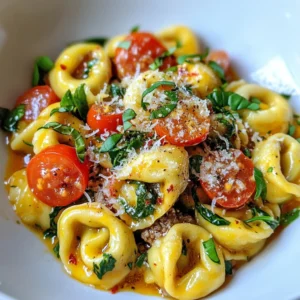 To create the magic of Garlic Butter Beef Tortellini, you need simple yet flavorful ingredients. Here’s what you’ll need for this delightful dish: - 12 oz beef tortellini (fresh or frozen) - 4 tablespoons unsalted butter - 4 cloves garlic, finely minced - 1 teaspoon red pepper flakes (or to taste) - 1 cup cherry tomatoes, halved - 1 cup fresh spinach leaves, tightly packed - Salt and freshly cracked pepper to taste - 1/4 cup freshly grated Parmesan cheese - Fresh basil leaves for garnish These ingredients come together to create a rich and tasty meal. Each one plays a role in the overall flavor. The beef tortellini serves as the hearty base. The unsalted butter adds creaminess. Garlic brings warmth, while red pepper flakes offer a gentle heat. The cherry tomatoes add a pop of sweetness, and fresh spinach provides a bright green touch. When you gather your ingredients, ensure they are fresh. Fresh basil leaves will elevate your dish. They add aroma and color, making your plate look as good as it tastes. The right balance of these ingredients will make your dinner a true delight. Ready to cook? Let’s move on to the next steps! {{ingredient_image_2}} Start by bringing a large pot of salted water to a rolling boil. Add the beef tortellini carefully to the pot. Cook it according to the package instructions. This usually takes about 3 to 5 minutes until the tortellini is al dente. Once done, drain the tortellini in a colander and set it aside. In a large skillet, place 4 tablespoons of unsalted butter over medium heat. Allow the butter to melt until it starts bubbling. This bubbling shows that the butter is ready for the next step. Now, add 4 finely minced garlic cloves and 1 teaspoon of red pepper flakes. Sauté this mixture for about 1 to 2 minutes. Stir constantly to avoid burning the garlic. You want it fragrant, not brown. Next, add 1 cup of halved cherry tomatoes to the skillet. Give them a gentle stir. Cook for about 3 to 4 minutes. You want the tomatoes to soften and release their juices. Now, introduce 1 cup of tightly packed fresh spinach leaves. Stir again and cook for another minute. You’ll see the spinach wilt and turn bright green. Then, carefully toss the drained tortellini into the skillet. Fold everything together gently. Make sure the tortellini is well-coated with the buttery sauce. Add salt and freshly cracked pepper to taste. Finish by sprinkling 1/4 cup of freshly grated Parmesan cheese over the tortellini. Give the dish one last gentle stir to mix in the cheese. Now, it’s time to serve! Portion the garlic butter tortellini onto plates. For a fresh touch, garnish each dish with a few basil leaves. This adds color and a nice aroma. Enjoy your meal! To get the best garlic taste, be careful when sautéing. Heat your skillet over medium heat. Melt the butter until it bubbles, but don't let it brown. Browned garlic can taste bitter. Use fresh garlic, as it gives the best flavor. Choose unsalted butter to control the salt in your dish. For a beautiful presentation, serve the tortellini in shallow bowls. This shows off the colorful ingredients well. You can drizzle a bit of olive oil on top for shine. Adding extra red pepper flakes can bring more heat if you like it spicy. Fresh basil leaves make a great garnish, adding color and aroma. To avoid overcooking, watch the time closely. Cook the tortellini only until they are al dente. If they cook too long, they can become mushy. For leftovers, store the tortellini in an airtight container in the fridge. They will last for about three days. To reheat, gently warm them in a skillet with a bit of butter. Pro Tips Use Fresh Ingredients: Whenever possible, opt for fresh tortellini and spinach for enhanced flavor and texture. Adjust the Heat: Control the spiciness by modifying the amount of red pepper flakes to suit your taste. Perfectly Melted Butter: Allow the butter to bubble before adding garlic; this step ensures a rich, nutty flavor. Garnish Wisely: Fresh basil not only adds color but also brightens the dish's flavor profile; consider using it generously. {{image_4}} You can easily make this dish vegetarian. Just replace the beef tortellini with cheese tortellini. Cheese tortellini still gives a great taste and texture. You can also use mushroom tortellini for a deeper flavor. For the sauce, stick with the garlic and butter. You can add more vegetables like bell peppers or zucchini. These add color and nutrients. Use vegetable broth instead of water for boiling the tortellini. This adds more flavor to your meal. If you want extra protein, consider adding chicken or shrimp. Both options blend well with the garlic butter sauce. For chicken, cook bite-sized pieces in the butter before adding garlic. This helps the chicken soak up all that flavor. For shrimp, add them right after the garlic. Cook until they turn pink, about 2-3 minutes. You can make this dish unique with different herbs and spices. Try adding thyme or oregano for an earthy taste. Fresh parsley can also brighten the dish. Don’t forget about vegetables! Think about using broccoli, peas, or asparagus. They add crunch and color. Just toss them in with the spinach to cook them slightly. This way, you create a dish that fits your taste perfectly. To keep your leftover garlic butter beef tortellini fresh, store it properly. First, let the dish cool to room temperature. Then, place it in an airtight container. Refrigerate the container. Your tortellini will stay good for about 3 days. If you want to keep it longer, freezing is a great option. Use freezer-safe bags or containers. Make sure to remove as much air as possible. This will help prevent freezer burn. When frozen, your tortellini can last up to 3 months. When it's time to enjoy your tortellini again, you want to reheat it right. The best way is to use a skillet. Add a splash of water or broth to the pan. Heat it on medium-low. Stir often for even warmth. This method helps keep the texture and flavor intact. You can also use the microwave. Place the tortellini in a microwave-safe dish. Add a little water to keep it moist. Cover it loosely with a lid or plastic wrap. Heat in short bursts, stirring in between. This keeps your meal tasty and avoids overcooking. You cook beef tortellini in boiling water for about 3 to 5 minutes. Check the package for exact times. Fresh tortellini cooks faster than frozen. Always taste a piece to make sure it's al dente, meaning it should be firm but not hard. Drain the tortellini well before mixing it with your sauce. Yes, you can use frozen tortellini. Just add a few extra minutes to the cooking time. Bring the water to a boil before adding the frozen tortellini. This will help them cook evenly. Frozen tortellini often holds its shape well and tastes great in dishes. If you don't have Parmesan, you can use Pecorino Romano or Grana Padano. Both cheeses have a salty and nutty flavor, similar to Parmesan. For a creamier taste, try using mozzarella or ricotta. Each cheese will change the flavor slightly, so pick what you like best. To add heat, use more red pepper flakes. You can also add sliced jalapeños or crushed red chili peppers. If you want a different flavor, try adding a dash of hot sauce or sriracha. Start with a little and adjust to your taste. Enjoy the kick! This blog post guides you through making a delicious beef tortellini dish. You learned how to cook the pasta and whip up a tasty garlic butter sauce. We also explored tips for perfecting flavors and adding twists to the dish. In final thoughts, cooking can be fun and creative. Feel free to try different ingredients and make this recipe your own. Enjoy the process and the meal!