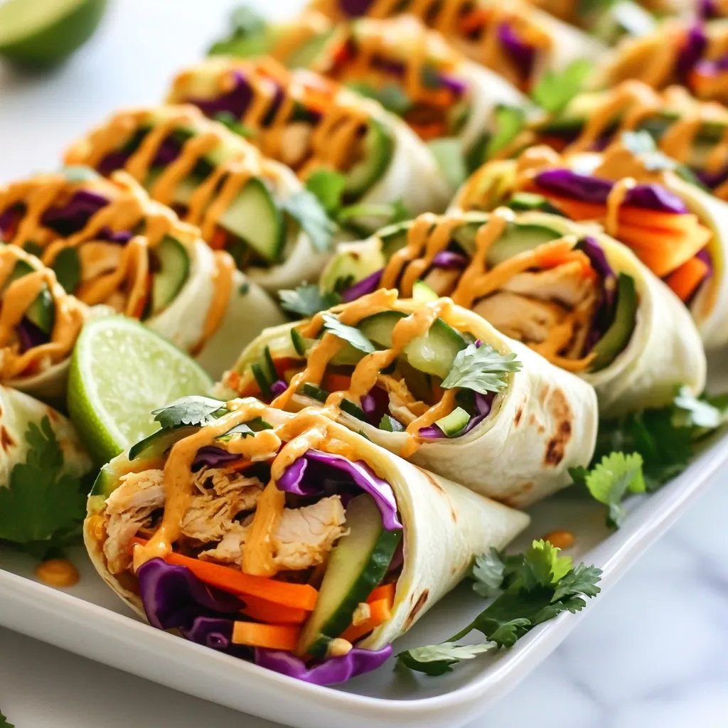 For these tasty Thai peanut chicken wraps, you need simple, fresh ingredients. Here’s what you’ll need: - 2 cups cooked chicken breast, shredded - 1 cup red cabbage, thinly sliced - 1 carrot, julienned - 1 cucumber, julienned - 1 bell pepper (any color), thinly sliced - ½ cup fresh cilantro, chopped - ½ cup peanut sauce (store-bought or homemade) - 4 large whole wheat tortillas or large lettuce leaves - 1 tablespoon fresh lime juice - Salt and pepper to taste These ingredients come together to create a bright and colorful wrap. The chicken provides protein, while the veggies add crunch. The peanut sauce brings rich flavor. You can make your wraps even better with a few garnishes. Consider these ideas: - Fresh cilantro leaves for added color and taste. - Lime wedges to squeeze over the wraps for brightness. - Extra peanut sauce drizzled on top for a richer flavor. Serve the wraps on a nice platter. They look great and taste amazing! If you have specific dietary needs, there are easy swaps. Try these options: - Use tofu or tempeh instead of chicken for a vegetarian choice. - Choose gluten-free tortillas or lettuce leaves for a gluten-free option. - Swap peanut sauce for almond or sunflower seed sauce for nut allergies. These alternatives keep the dish tasty while fitting various diets. Enjoy experimenting! {{ingredient_image_2}} To start, gather your ingredients. You will need shredded chicken, red cabbage, carrot, cucumber, bell pepper, cilantro, and lime juice. 1. In a mixing bowl, add 2 cups of cooked chicken breast that you have shredded. 2. Next, toss in 1 cup of thinly sliced red cabbage. This adds crunch and color. 3. Then, add 1 julienned carrot for sweetness. 4. Include 1 julienned cucumber for freshness. 5. Add 1 thinly sliced bell pepper. You can choose any color you like. 6. Lastly, add ½ cup of chopped cilantro. This gives a bright flavor. Drizzle 1 tablespoon of fresh lime juice over the mixture. Season with salt and pepper to taste. Now, gently toss everything together. You want all the flavors to mix well. For the wraps, you can use either 4 large whole wheat tortillas or large lettuce leaves. 1. Take one tortilla or lettuce leaf. Spread about 1 tablespoon of peanut sauce evenly across it. 2. Spoon a generous amount of your chicken and vegetable mix into the center. Avoid overfilling to make rolling easier. 3. Fold the sides of the wrap inward. 4. Now, roll it up from the bottom. Tuck in the filling as you go. This helps keep everything inside. 5. Repeat this for the remaining tortillas or leaves, using all the filling. Once you finish rolling the wraps, it's time to slice them for serving. 1. Use a sharp knife to cut each wrap in half diagonally. This makes it easier to eat. 2. Arrange the wraps on a large platter. 3. For extra flair, drizzle some peanut sauce over the top. 4. Garnish with fresh cilantro and lime wedges. This adds color and a citrus scent. These wraps are fun, easy, and packed with flavor! To make great peanut sauce, start with smooth peanut butter. Mix it with soy sauce and lime juice. Add a touch of honey for sweetness. If you like spice, add some chili flakes. Blend it all until creamy. For a smoother sauce, whisk in warm water. Adjust the thickness to your taste. Want to change it up? Try adding ginger for a fresh kick. You could also use different nut butters like almond or cashew. For a tangy twist, mix in some coconut milk. Each change adds new flavors to your wraps. Feel free to experiment! One mistake is overfilling your wraps. This makes rolling hard and messy. Another is using too much sauce. A tablespoon is enough for each wrap. If your sauce is too thick, it will clump. Always taste your filling and sauce first. This helps you adjust flavors and make the best wraps. Pro Tips Use Fresh Ingredients: Fresh veggies and herbs will enhance the flavor and crunch of your wraps, making them more vibrant and delicious. Customize Your Sauce: Feel free to adjust the spice level of your peanut sauce by adding chili flakes or sriracha for a kick, tailoring it to your taste preference. Wrap It Right: To ensure a sturdy wrap, make sure to tuck in the filling tightly while rolling, which helps to prevent spillage and keeps everything intact. Meal Prep Friendly: These wraps can be prepared in advance; just keep the filling and tortillas separate until you're ready to eat to maintain freshness. {{image_4}} You can easily make this dish vegetarian or vegan. Swap the chicken for tofu or tempeh. Use 2 cups of firm tofu, cubed. Cook it until golden brown for great texture. For a vegan sauce, use a peanut sauce that has no animal products. This will keep the flavor rich and enjoyable. Add extra veggies, like bell peppers or mushrooms, for more taste. Want a kick? Add some heat to your wraps! Mix in sliced jalapeños or a dash of hot sauce. You can also use spicy peanut sauce. This will give your wraps a nice, fiery taste. Remember to balance the heat with cool ingredients like cucumber or lime. These will help soothe your palate. You can choose between lettuce leaves or tortillas for your wraps. Lettuce gives a fresh crunch. It is a great low-carb option. Romaine or butter lettuce works best for wrapping. Tortillas add a soft, chewy texture. Whole wheat tortillas are a healthy choice. Experiment with both to find your favorite style. Each option brings a unique flavor and texture to your wraps. To keep your Thai peanut chicken wraps fresh, store them in an airtight container. This helps prevent sogginess. Place a piece of parchment paper between layers if stacking. Ensure they cool down before sealing. Leftovers are best eaten within three days for optimal taste. When reheating, microwave your wraps on a microwave-safe plate. Heat them for about 30 seconds. Check if they are warm all the way through. If you want a crispy wrap, use an oven. Preheat it to 350°F (175°C) and bake for about 10 minutes. To freeze wraps, assemble them without the sauce. Wrap each one tightly in plastic wrap. Place them in a freezer bag, removing as much air as possible. They can last up to three months in the freezer. When ready to eat, thaw in the fridge overnight before reheating. You can use tofu or tempeh for a plant-based option. Both offer protein and absorb flavors well. Grilled shrimp also works if you prefer seafood. Just ensure any substitute is cooked and seasoned well. Yes, making Thai peanut sauce at home is easy. Combine peanut butter, soy sauce, lime juice, and honey in a bowl. Add a bit of water to thin it out, if needed. For extra flavor, mix in garlic or ginger. Adjust the taste to your liking. Thai peanut chicken wraps last about three days in the fridge. Store them in an airtight container to keep them fresh. The wraps may become soggy over time, so eat them sooner for the best taste. Thai Peanut Chicken Wraps are simple and fun to make. We covered key ingredients, from chicken to tasty garnishes. You learned step-by-step instructions to prepare, assemble, and serve the wraps. I shared tips to create perfect peanut sauce and avoid common mistakes. We explored variations to suit different tastes and dietary needs. In the end, these wraps are delicious and adjustable. Enjoy trying new flavors and ingredients. But most importantly, have fun making this dish!