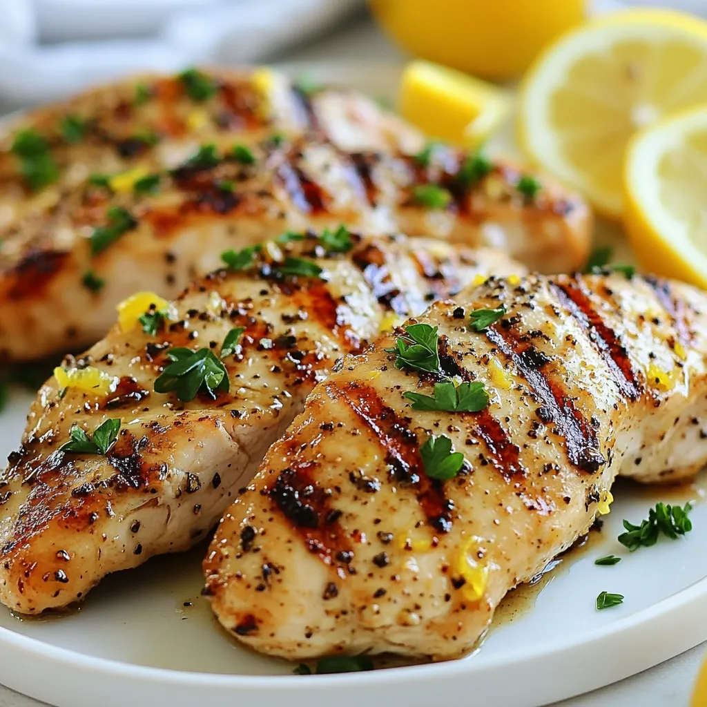 To make delicious lemon pepper chicken, you need a few key ingredients: - 4 boneless, skinless chicken breasts - 2 tablespoons extra virgin olive oil - Zest of 1 lemon (about 2 teaspoons) - 1/4 cup freshly squeezed lemon juice (approximately 2 lemons) - 2 teaspoons freshly cracked black pepper - 1 teaspoon garlic powder - 1 teaspoon onion powder - Salt, to taste These ingredients combine to create a bright and flavorful dish that shines. The marinade is where the magic happens. You’ll mix these ingredients together: - Extra virgin olive oil - Lemon zest and juice - Black pepper - Garlic powder - Onion powder - A pinch of salt Whisk these well until smooth. This marinade not only adds flavor but also helps keep the chicken juicy. To elevate your dish, think about garnishes. Here are some ideas: - Fresh parsley, finely chopped - Lemon wedges - Mixed greens, dressed lightly with olive oil and lemon juice These garnishes add color and a burst of fresh flavor. Serve the chicken with roasted vegetables for a balanced meal. {{ingredient_image_2}} To marinate the chicken, start by combining the olive oil, lemon zest, lemon juice, black pepper, garlic powder, onion powder, and a pinch of salt in a bowl. Whisk until smooth. Place the chicken breasts in a large resealable bag or a shallow dish. Pour the marinade over the chicken. Make sure every piece gets coated well. Seal the bag or cover the dish. Refrigerate for at least 30 minutes. For even more flavor, marinate for up to 4 hours. While the chicken marinates, it’s time to prep the grill. Preheat your grill or grill pan to medium heat. This is key for a nice sear on the chicken. If you don’t have a grill, you can use a grill pan or even bake the chicken in the oven. Just make sure to watch the cooking time closely. After marinating, take the chicken out and let the excess marinade drip off. Place the chicken breasts on the grill. Cook each side for about 6 to 8 minutes. Ensure the internal temperature hits 165°F (75°C) for safe eating. Once done, transfer the chicken to a plate. Let it rest for 5 minutes. This helps the juices settle, making the chicken juicy and tender. For serving, slice the rested chicken into strips. Sprinkle finely chopped parsley on top for color. For a lovely touch, serve the chicken on a bed of mixed greens. Dress the greens with olive oil and lemon juice. Add sides of roasted veggies for extra color and flavor. A drizzle of lemon juice over the chicken and lemon wedges on the side brings a refreshing vibe. Enjoy! To get the best flavor, start with a good marinade. Use fresh lemon juice and zest for bright taste. Olive oil keeps the chicken juicy and tender. Mix the marinade well to blend all flavors. Marinate the chicken for at least 30 minutes, but four hours gives the best taste. Ensure each piece of chicken is fully coated. This helps the flavors soak in. One common mistake is not marinating long enough. If you rush this step, the chicken won’t be flavorful. Another mistake is skipping the resting time after cooking. Resting helps the juices stay in the chicken. Don't overcrowd the grill; this can lead to uneven cooking. Lastly, be careful with the salt. Too much can overwhelm the dish. Cook the chicken on medium heat for even grilling. Aim for about 6-8 minutes on each side. You want the internal temperature to reach 165°F (75°C). Use a meat thermometer to check this. If you cut into the chicken too soon, it may dry out. Let the chicken rest for five minutes before slicing. This makes sure it stays juicy and tender. Pro Tips Marinate Longer for More Flavor: Allow the chicken to marinate for at least 2-4 hours, or even overnight if possible, to deepen the flavors and tenderness. Use a Meat Thermometer: To ensure perfectly cooked chicken, use a meat thermometer to check that the internal temperature reaches 165°F (75°C). Keep the Grill Clean: Preheat the grill and clean the grates with a brush to prevent sticking and achieve beautiful grill marks. Add Extra Zest: For an added lemony kick, consider incorporating lemon zest into the final garnish, or serve with a lemon-infused sauce. {{image_4}} You can use various proteins for this dish. Try lemon pepper shrimp or fish for a fresh twist. These options cook quickly and soak up flavors well. Adjust cooking times to ensure they are done but not overcooked. For beef or pork, use thin cuts to keep the cooking time short. Marinade times may vary based on the protein you choose. If you want a vegetarian option, use tofu or seitan. Both soak up flavors wonderfully. For tofu, press it to remove water before marinating. Cut it into cubes for even cooking. Seitan has a meaty texture and works great too. Cook them until golden brown for added flavor. Serve with the same lemon pepper sauce for a tasty meal. Enhance the flavor with fresh herbs and spices. Try adding thyme or rosemary to your marinade. They add depth and a lovely aroma. You can also use smoked paprika for a hint of smokiness. A pinch of red pepper flakes gives a kick if you like heat. Experiment with your favorites to find the perfect mix. The more you play with flavors, the more fun cooking can be! To store leftover Lemon Pepper Chicken, allow it to cool first. Place it in an airtight container. Make sure to seal it well to keep it fresh. You can store it in the fridge for up to four days. If you want to keep it longer, freezing is a great option. When you reheat the chicken, try not to dry it out. The best way is to use the oven. Preheat it to 350°F (175°C). Place the chicken in an oven-safe dish. Cover it with foil to keep moisture in. Heat for about 15-20 minutes, or until warm. You can also use the microwave, but it may not keep the chicken as juicy. If you want to freeze Lemon Pepper Chicken, wrap each piece in plastic wrap. Then, place the wrapped chicken in a freezer bag. Remove as much air as possible before sealing. This helps prevent freezer burn. You can freeze the chicken for up to three months. When ready to eat, thaw it in the fridge overnight before reheating. Yes, you can use skin-on chicken for this recipe. The skin adds flavor and keeps the meat moist. Just make sure to adjust the cooking time a bit. The skin will need a few extra minutes to crisp up. Lemon pepper chicken pairs well with many sides. Here are some tasty options: - Roasted vegetables like zucchini, bell peppers, and carrots - A fresh green salad with lemon vinaigrette - Rice or quinoa for a filling base - Garlic mashed potatoes for a creamy side - Steamed asparagus or broccoli for a healthy touch Making lemon pepper seasoning is easy! Here’s a simple recipe: 1. Combine the zest of 2 lemons with 2 tablespoons of cracked black pepper. 2. Add 1 teaspoon of salt and mix well. 3. For added flavor, you can include 1 teaspoon of garlic powder. 4. Store in a small jar for up to a month. This homemade seasoning is bright and flavorful. It works great on chicken, fish, or veggies. Enjoy the fresh taste! Lemon pepper chicken is simple yet packed with flavor. We covered main ingredients, marinade tips, and optional garnishes to enhance your dish. I shared step-by-step grill instructions and valuable cooking tips to make it perfect. You learned about tasty variations, storage tips, and answers to common questions. Enjoy making your lemon pepper chicken and impress your family and friends. This dish is sure to become a favorite staple in your kitchen. Happy cooking!