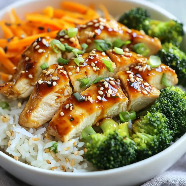 - 2 boneless, skinless chicken breasts - 1 cup cooked jasmine rice - 1/2 cup honey - 2 tablespoons sriracha sauce The main ingredients create the heart of this dish. Each part plays a role. The chicken gives protein, while the rice adds carbs. Honey and sriracha bring both sweet and spicy flavors. This combo makes the bowl tasty and satisfying. - 1 teaspoon garlic powder - 1 teaspoon smoked paprika - Salt and pepper to taste Seasonings enhance the dish's flavor. Garlic powder adds depth, while smoked paprika gives warmth. Salt and pepper balance everything perfectly. Use these to make the chicken burst with flavor. - 1 cup broccoli florets - 1 carrot, julienned - 1/4 cup green onions, sliced - Sesame seeds for garnish Vegetables add color and nutrients. Broccoli offers crunch and vitamins. Carrots give a nice sweetness. Green onions and sesame seeds finish the bowl with flair. They also add a fresh taste and a bit of texture. This Hot Honey Chicken Bowl is full of flavor and fun. Each ingredient works together to create a meal that's both easy to make and delightful to eat. {{ingredient_image_2}} To make the marinade, gather these ingredients: - 1/2 cup honey - 2 tablespoons sriracha sauce - 1 tablespoon soy sauce - 1 teaspoon garlic powder - 1 teaspoon smoked paprika - Salt and pepper to taste In a medium bowl, mix the honey, sriracha, soy sauce, garlic powder, smoked paprika, salt, and pepper. Whisk until smooth. Add the chicken breasts and coat them well. Cover the bowl, and let the chicken marinate for at least 30 minutes. For better flavor, chill it for up to 2 hours. While waiting, prepare the broccoli. Boil a small pot of water and place a steamer basket over it. Add the broccoli florets and steam for 4-5 minutes. They should be bright green and tender but still crisp. Once done, take them off the heat and set aside. Next, heat a tablespoon of oil in a large skillet over medium heat. Once the oil is hot, carefully add the marinated chicken breasts. Cook for 6-7 minutes on each side. The chicken is ready when the juices run clear and the internal temperature hits 165°F (75°C). After cooking, transfer the chicken to a plate and let it rest for a few minutes. Slice it into thin strips. In the same skillet, add the julienned carrots. Sauté them over medium heat for about 2 minutes. Stir occasionally to ensure they soften slightly and gain some color. Now it’s time to assemble the bowl. Start with a generous scoop of jasmine rice at the bottom of each bowl. Lay the sliced hot honey chicken over the rice, followed by the steamed broccoli and sautéed carrots. For the last step, drizzle any remaining honey-sriracha marinade over each bowl. This adds an extra kick of flavor. Garnish with sliced green onions and a sprinkle of sesame seeds for crunch and visual appeal. To boost the flavor of your marinade, try adding: - A splash of lime juice - Some fresh ginger - A pinch of cayenne pepper Letting the chicken marinate for at least 30 minutes is key. For maximum flavor, marinate for up to 2 hours in the fridge. This extra time allows the spices to soak in well. To keep your chicken juicy, avoid cooking it on high heat. Instead, use medium heat and flip the chicken only once. Cook until the juices run clear. Using a meat thermometer helps. Aim for 165°F (75°C). For perfect rice texture, rinse the jasmine rice before cooking. This removes extra starch. Use a 1:1.5 rice-to-water ratio for fluffy rice. Let it rest after cooking to avoid stickiness. Pair your Hot Honey Chicken Bowl with: - A fresh salad - Steamed green beans - Crispy wontons For garnishing, consider using: - Fresh cilantro for a pop of color - Crushed peanuts for crunch - A drizzle of extra hot honey for added sweetness Pro Tips Marinating Time: The longer you marinate the chicken, the more flavorful it will be. Aim for at least 30 minutes, but 2 hours in the refrigerator will enhance the taste significantly. Cooking Temperature: Make sure to let the chicken rest after cooking. This helps retain the juices for a more tender bite. Always check the internal temperature to ensure it reaches 165°F (75°C). Vegetable Crunch: For added texture, consider using a mix of colorful vegetables. Bell peppers and snap peas can compliment the dish and enhance its visual appeal. Serving Suggestions: Serve with lime wedges on the side. A squeeze of fresh lime juice will brighten the flavors and add a zesty finish to your bowl. {{image_4}} You can switch the chicken for other meats. Try using shrimp or pork. For a vegetarian option, consider tofu or tempeh. They soak up the flavor well. Cook them in the same marinade for great taste. You can even use chickpeas for a plant-based protein. Adjust the sweetness by adding more honey or reducing it. If you love spice, increase the sriracha. You can also swap the soy sauce for a gluten-free option. Try adding fresh ginger for a zesty twist. Use chicken broth instead of water when cooking rice for added depth. If you want a change from jasmine rice, use brown rice or quinoa. Both add fiber and nutrients. You can also try cauliflower rice for a low-carb option. It’s a great way to sneak in more veggies while keeping it light. To store your hot honey chicken bowl, let it cool first. Use airtight containers for best results. Keep the chicken, rice, and veggies together for easy meals. You can store it in the fridge for up to three days. When you're ready to eat, reheat your bowl. The microwave works well for this. Heat on medium power for about two minutes. Stir halfway through to ensure even heating. If you prefer, you can use a skillet on low heat. This keeps the chicken juicy and the veggies crisp. Freezing is a great option if you want to save some for later. Make sure to cool the bowl completely. Then, separate the chicken, rice, and veggies into freezer-safe bags. They will last for about three months in the freezer. When you're ready to eat, thaw in the fridge overnight. Reheat as mentioned before for a tasty meal. You can serve this bowl with light sides. A fresh salad pairs well. Try a simple cucumber salad or a green salad with vinaigrette. For drinks, iced tea or lemonade works great. These beverages balance the meal's heat nicely. Yes, you can prepare this dish in advance. Marinate the chicken earlier in the day. Cook and store it in the fridge. When ready to eat, reheat the chicken and vegetables in a skillet. Serve it over fresh rice for the best taste. To reduce heat, use less sriracha sauce in the marinade. You can also add more honey to balance the spice. If you want it milder, skip the sriracha altogether. The honey keeps it sweet and tasty. This bowl can be a healthy choice. Chicken provides protein, while broccoli and carrots add vitamins. Jasmine rice gives you energy. However, watch the honey and sriracha for sugar and sodium. Adjust those to fit your health goals. You learned how to make a delicious Hot Honey Chicken Bowl. We covered the main ingredients, step-by-step cooking instructions, and helpful tips. Remember to marinate the chicken well for the best flavor. You can customize this bowl with different proteins or grains. Store leftovers properly and enjoy them later. This dish is not just tasty; it can also be healthy if you choose the right ingredients. Experiment and make it your own while following the tips shared. Happy cooking!