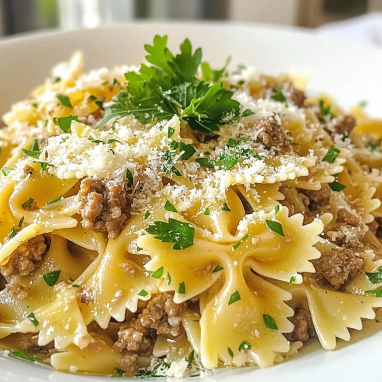 - 8 oz bowtie pasta - 1 lb ground beef - 4 cloves garlic, minced - 1 medium onion, diced - 1 cup heavy cream - 1 cup beef broth - 1 cup grated Parmesan cheese - 2 tbsp olive oil - 1 tsp Italian seasoning - 1/2 tsp red pepper flakes (optional) - Salt and pepper to taste - Fresh parsley, chopped (for garnish) To make Creamy Garlic Beef Bowtie Pasta, you need a blend of fresh and pantry staples. First, you will need bowtie pasta, which gives a fun shape and texture. For protein, ground beef works best, bringing rich flavor. Aromatics like garlic and onion add depth to the dish, making it aromatic and savory. The creamy sauce comes from heavy cream and beef broth, creating a silky texture. Parmesan cheese not only thickens the sauce but also adds a nice cheesy bite. Olive oil helps sauté the aromatics, while Italian seasoning and red pepper flakes perk up the flavors. Finally, salt and pepper will enhance all the ingredients. When you gather all these items, you set yourself up for a delightful cooking experience. Trust me, these ingredients will make your pasta dish shine! {{ingredient_image_2}} Boiling and Draining Start by filling a large pot with water. Add a pinch of salt and bring it to a boil. Once boiling, add the bowtie pasta. Cook it for about 10-12 minutes until it is al dente. After cooking, drain the pasta in a colander. Make sure to set aside 1/2 cup of pasta water for later. Reserving Pasta Water The reserved pasta water helps thicken sauces. Keep it on hand as you mix the pasta with the sauce. This step ensures your dish has the right texture and flavor. Heating and Cooking Techniques In a large skillet, pour in 2 tablespoons of olive oil. Heat it over medium heat. Add the diced onion and minced garlic. Stir them together and let them cook for about 3-4 minutes. The onion should turn soft and clear. Timing for Onion and Garlic Cook the onion first. Once it starts to soften, add the garlic. This method brings out the best flavors. Garlic cooks faster, so adding it later prevents burning. Browning Process Next, add 1 pound of ground beef to the skillet. Use a wooden spoon to break it apart. Stir it often until the beef turns brown. This usually takes around 5-7 minutes. Seasoning Tips As the beef cooks, sprinkle in salt, pepper, and 1 teaspoon of Italian seasoning. If you want some heat, add 1/2 teaspoon of red pepper flakes. Mix well to coat the beef with all the spices. Simmering with Broth and Cream Pour in 1 cup of beef broth and bring it to a gentle simmer. This step adds depth to the sauce. After simmering for a minute, stir in 1 cup of heavy cream. Allow this mixture to simmer again. Reducing and Flavoring the Sauce Let the sauce reduce for about 3-4 minutes. Stir occasionally to prevent sticking. This process thickens the sauce and enhances the flavors. Mixing Techniques Add the drained bowtie pasta to the skillet with the sauce. Gently mix it all together. Use your spatula to ensure the pasta is well coated. Achieving the Desired Consistency Gradually pour in the reserved pasta water. Mix until you reach your preferred sauce thickness. Finally, stir in 1 cup of grated Parmesan cheese. This adds creaminess and flavor. Adjusting Seasoning Taste your dish. If it needs more flavor, add extra salt or pepper. This step is key to making the dish just right for your taste. Garnishing for Presentation Transfer the creamy garlic beef pasta to serving plates. Top each plate with freshly chopped parsley. Add a sprinkle of Parmesan cheese for an inviting look. Enjoy your delicious meal! - Al Dente Pasta Tips: Cook your bowtie pasta in salted water. Follow the package for timing, usually about 10-12 minutes. Taste a piece before draining. It should be firm yet tender. This keeps the pasta from getting mushy in the sauce. - Sauce Consistency Recommendations: If your sauce is too thick, add a bit of reserved pasta water. This helps it cling to the pasta better. For a richer sauce, let it simmer longer to thicken. - Additional Seasonings: Add a pinch of garlic powder or onion powder for extra depth. Fresh herbs like basil or thyme can also brighten the flavor. Don't forget to adjust salt and pepper as needed! - Suggested Add-ins: Mix in sautéed bell peppers or spinach for added color and nutrition. Mushrooms can add an earthy taste. Experiment with crushed red pepper for a kick! - Pairing with Side Dishes: Garlic bread is a classic choice. A simple green salad with a light dressing complements this dish well. Try roasted veggies for a healthy side. - Presentation Ideas: Serve in a large bowl, garnished with fresh parsley. A sprinkle of extra Parmesan adds a nice touch. Consider using a colorful plate to make the dish pop! Pro Tips Use Fresh Garlic: Freshly minced garlic provides a stronger and more aromatic flavor than pre-minced options. Always opt for fresh for the best taste. Don’t Skip the Pasta Water: The reserved pasta water is starchy and helps to thicken the sauce, ensuring it clings beautifully to the pasta. Quality Beef Matters: Choose lean ground beef for a healthier dish. If possible, use grass-fed beef for a richer flavor and better quality. Garnish for Flavor: Fresh parsley not only adds color but also a fresh taste that balances the richness of the cream sauce, enhancing the overall dish. {{image_4}} Using Chicken or Turkey If you prefer lighter meat, chicken or turkey works great. Use ground chicken or turkey instead of beef. This swap keeps the dish tasty but cuts down on fat. Sauté as you would with beef. The cooking time stays similar, so just watch for the color change. Vegetarian Options For a vegetarian twist, try using mushrooms or lentils. They add depth and texture. Cook them the same way, and season well to enhance the flavors. You can also use tofu for protein. Just make sure to press it first to remove excess water. Adding Different Cheeses Parmesan is classic, but you can experiment with other cheeses. Try mozzarella for a gooey texture or feta for a tangy kick. Mix it in the sauce or sprinkle on top when serving. Each cheese will change the dish’s flavor profile. Incorporating Herbs Fresh herbs can elevate your pasta. Basil, thyme, or oregano add brightness. Chop and stir them in right before serving. You’ll enjoy a burst of flavor with every bite. Plus, herbs give your dish a lovely aroma. Gluten-Free Pasta Options If you need gluten-free, many pasta brands offer bowtie shapes. Look for ones made from brown rice or quinoa. These options cook well and hold the sauce nicely. Just follow the package instructions for cooking times. Dairy-Free Sauce Substitutes For a dairy-free version, use coconut milk or cashew cream. Both create a creamy texture without dairy. You can also try nutritional yeast for a cheesy flavor. Adjust the seasoning as needed to suit your taste. To store leftovers of your creamy garlic beef bowtie pasta, let it cool first. Place it in an airtight container. This helps keep it fresh in the fridge. Consume within three days for the best taste. Recommended containers are glass or BPA-free plastic. These materials keep the pasta safe and tasty. Be sure to label the container with the date. This way, you can track how long it has been stored. If you want to keep the dish longer, freezing is a great option. First, let the pasta cool completely. Then, divide it into portions. Use freezer-safe bags or containers. Remove as much air as possible to prevent freezer burn. When you are ready to eat, thaw the pasta overnight in the fridge. For reheating, place the pasta in a pan over low heat. Add a splash of beef broth or cream to help revive the sauce. Stir gently until heated through. Enjoy your delicious meal again! To make this dish gluten-free, use gluten-free bowtie pasta. Many brands offer great options. You can find them in most grocery stores. Just cook the pasta according to the package instructions. This way, you can enjoy the same creamy flavor without the gluten. Absolutely! You can swap bowtie pasta for other shapes. Some good choices include penne, fusilli, or even spaghetti. Each pasta shape brings its own texture. Just adjust the cooking time based on the type you choose. If you want to add some heat, try these options: - Increase red pepper flakes in the beef mixture. - Add diced jalapeños or fresh chili peppers. - Drizzle in a bit of hot sauce before serving. These choices will give your dish a nice kick! Yes, you can! Cook the pasta and prepare the sauce ahead of time. Store them separately in the fridge. When ready to eat, just reheat them together. This makes meal prep easy and quick. If you need a substitute for heavy cream, try these options: - Use whole milk mixed with butter for a creamy texture. - Coconut milk can add a different flavor. - Silken tofu blended until smooth also works well. These alternatives will still give you a rich sauce. We explored a simple and tasty creamy garlic beef bowtie pasta recipe. You learned how to cook the pasta and create a rich sauce with easy steps. The tips helped you perfect the texture and flavor. Don’t forget the variations available, from proteins to dietary adjustments. You can even store leftovers for later. Cooking should be fun and rewarding, so enjoy making this dish your own! Whether it’s a weeknight meal or a weekend treat, this dish is sure to please.