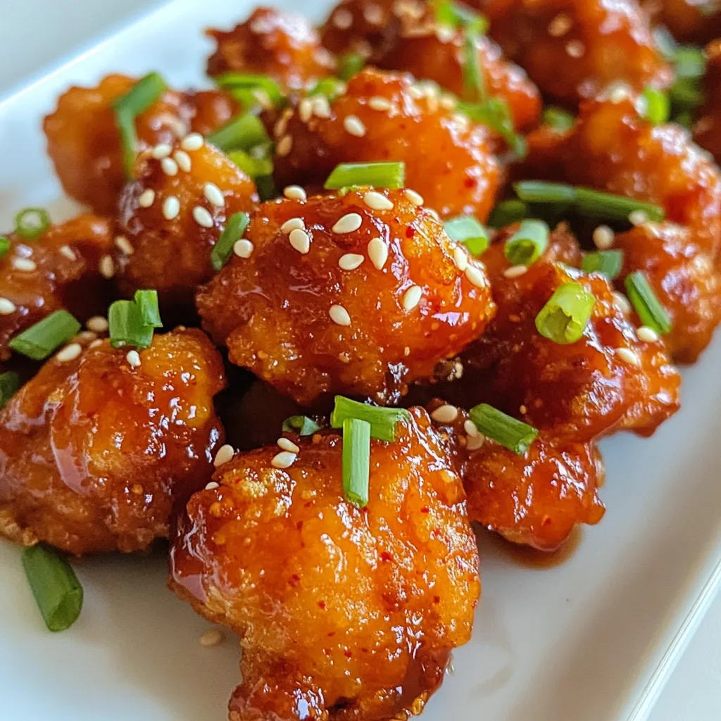 - 1 lb boneless chicken thighs - 1 cup all-purpose flour - 1/2 cup cornstarch - 1 cup buttermilk (or regular milk) - 1 teaspoon baking powder - 1 teaspoon garlic powder - 1 teaspoon onion powder - 1/2 teaspoon black pepper - 1/2 teaspoon salt - 1/4 teaspoon cayenne pepper (optional) - 1/4 cup gochujang - 2 tablespoons soy sauce - 2 tablespoons honey - 1 tablespoon sesame oil - 1 teaspoon minced garlic - 1 teaspoon minced ginger - 1 tablespoon rice vinegar - Sesame seeds and chopped green onions for garnish To make crispy Korean popcorn chicken, gather these key ingredients. You need chicken thighs for juicy bites. Flour and cornstarch create a crispy coating. Buttermilk adds moisture and flavor. Next, mix the spices to give your chicken a kick. Baking powder helps the coating puff up. Garlic and onion powders add depth. Black pepper and salt enhance the taste. Cayenne pepper is optional for extra heat. For the sauce, gochujang is the star. It gives a sweet and spicy flavor. Soy sauce adds umami. Honey brings sweetness, while sesame oil adds richness. Minced garlic and ginger boost the taste. Rice vinegar adds a bit of tang. Lastly, sprinkle sesame seeds and green onions for garnish. These ingredients work together to create a delightful dish. {{ingredient_image_2}} To start, take 1 pound of boneless chicken thighs and cut them into bite-sized pieces. Place these pieces in a medium bowl. Pour in 1 cup of buttermilk. Mix well so all the chicken is coated. Cover the bowl and let it sit in the fridge for 30 minutes. This step makes the chicken tender and flavorful. Next, get a large mixing bowl. In this bowl, combine 1 cup of all-purpose flour, 1/2 cup of cornstarch, 1 teaspoon of baking powder, 1 teaspoon of garlic powder, 1 teaspoon of onion powder, 1/2 teaspoon of black pepper, 1/2 teaspoon of salt, and an optional 1/4 teaspoon of cayenne pepper for heat. Whisk these dry ingredients together until well mixed. This mixture will give your chicken a nice crunch. Now, heat some vegetable oil in a deep pot over medium-high heat. Use a thermometer to check the temperature. You want it to be around 350°F (175°C). Make sure there is enough oil to cover the chicken pieces. While the oil heats, take the marinated chicken out of the fridge. Let any extra buttermilk drip off, then dredge each piece in the flour mixture. Shake off the excess flour. Carefully place the coated chicken into the hot oil in batches. Fry each batch for about 4-5 minutes until they are golden brown and crispy. Use a slotted spoon to remove them, letting the oil drain on paper towels. For the sauce, grab a small saucepan. Combine 1/4 cup of gochujang, 2 tablespoons of soy sauce, 2 tablespoons of honey, 1 tablespoon of sesame oil, 1 teaspoon of minced garlic, 1 teaspoon of minced ginger, and 1 tablespoon of rice vinegar. Heat this mixture over medium heat. Stir it constantly until it bubbles and thickens slightly. Once thickened, remove it from the heat and set it aside. In a large bowl, add your crispy fried chicken. Pour the warm Korean sauce over it. Toss the chicken gently until every piece is well coated in the sauce. This will give your chicken an amazing flavor and a beautiful glaze. To serve, plate the Korean popcorn chicken in a nice mound. You can garnish it with sesame seeds and chopped green onions. This not only adds flavor but also makes it look great. Enjoy your delicious crispy Korean popcorn chicken with some lime wedges on the side for a zesty kick! - Use the right oil temperature. Heat the oil to 350°F (175°C). - Don’t overcrowd the frying pan. This keeps the oil hot and the chicken crispy. Getting that perfect crunch is key. When you heat the oil correctly, the chicken fries quickly. If the oil is too cold, the chicken will soak up oil and get soggy. - Marinate longer for more flavor. Aim for at least 30 minutes. - Experiment with spice levels. Adjust the cayenne pepper to your taste. Marinating the chicken in buttermilk not only adds flavor but also helps it stay juicy. Feel free to add more spices if you like heat. A dash of pepper or even a spicy sauce can make a big difference. - Use garnishes for an appealing look. Sesame seeds and green onions add color. - Serve with lime wedges for added zest. A squeeze of lime brightens the dish. How you serve the chicken matters. A colorful plate is more inviting. Adding lime wedges gives a fresh taste that balances the rich flavors of the sauce. Enjoy your creation! Pro Tips Marination Magic: Allow the chicken to marinate for at least 1 hour for maximum tenderness and flavor absorption. Fry in Batches: Fry the chicken in small batches to maintain the oil temperature, ensuring each piece becomes perfectly crispy. Temperature Check: Use a thermometer to ensure the oil is at 350°F (175°C) for optimal frying; too low will result in greasy chicken. Coating Technique: Double coat the chicken by dipping it back into the buttermilk and then the flour mixture again for extra crunch. {{image_4}} If you love heat, boost your Korean popcorn chicken. Add more cayenne or chili flakes to the flour mix. This will give your chicken an extra kick. Adjust the spice to your taste. You can start with one teaspoon and go up from there. This spicy version is perfect for those who crave bold flavors. Want a lighter take on this dish? Use an air fryer instead of frying in oil. This cuts down on fat and keeps the chicken crispy. Just coat the chicken as usual, then place it in the air fryer. Cook at 400°F (200°C) for about 10-12 minutes. Flip halfway for even cooking. You’ll enjoy the same great taste with less guilt. Switch up the sauce for more variety. Try teriyaki sauce for a sweet twist. You can also use sweet and sour sauce for a tangy kick. Each sauce adds a unique flavor to the chicken. Feel free to mix and match to find your favorite. Experimenting with sauces can make this dish even more fun! To keep your crispy chicken fresh, store it in an airtight container. Let it cool first. Place a paper towel at the bottom to soak up moisture. This helps keep the chicken crispy. You can store it in the fridge for up to three days. When you want to enjoy leftovers, the best way to reheat is in the oven. Preheat the oven to 375°F (190°C). Spread the chicken on a baking sheet. Heat for about 10-15 minutes. This method keeps the outside crispy. You can also use an air fryer for quick reheating. Set it to 350°F (175°C) for 5-7 minutes. Yes, you can freeze the leftovers! Place the cooled chicken in a freezer bag. Remove as much air as possible before sealing. Properly stored, it lasts up to three months in the freezer. When ready to eat, let it thaw in the fridge overnight. Reheat using the oven method to restore the crispiness. You can enjoy Korean popcorn chicken with many tasty sides. Here are some ideas: - Steamed rice: White or brown rice pairs well. - Kimchi: This spicy, fermented dish adds flavor. - Pickled vegetables: They bring a nice crunch and tang. - Coleslaw: A fresh, crunchy side balances the meal. - Dipping sauces: Serve with extra sauce for added flavor. Yes, you can use other cuts of chicken. Here are some options: - Chicken breast: A leaner choice, great for frying. - Chicken wings: They are fun and tasty for snacking. - Chicken tenders: These are easy to coat and fry. You can also try turkey or other poultry. Adjust cooking times as needed. Korean popcorn chicken can be mildly spicy. The spice level depends on the gochujang used. Here are some ways to adjust the heat: - Less cayenne pepper: Skip it for milder chicken. - Add more honey: This can balance the heat well. - Use mild gochujang: Check labels for spice levels. You can always serve extra sauce on the side. Yes, you can make this recipe gluten-free with some swaps. Here are tips: - Gluten-free flour: Use a blend or almond flour for the coating. - Cornstarch: This is already gluten-free and adds crispiness. - Tamari: Replace soy sauce with this gluten-free option. Make sure all other ingredients are gluten-free too. Enjoy your tasty dish! You learned how to make Korean popcorn chicken from scratch. We covered the main ingredients, spices, and the delicious sauce. I shared step-by-step tips to ensure a crispy finish. You can also explore variations based on your taste, like adding spice or using an air fryer. Remember to store your leftovers properly for the next craving. Enjoy this flavorful dish, and don't hesitate to try out new sides or sauces. Happy cooking!