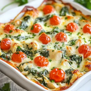 - 2 cups cooked chicken, shredded - 2 cups fresh spinach, roughly chopped - 1 cup ricotta cheese - 1 cup cream cheese, softened - 1 cup shredded mozzarella cheese - 1/2 cup grated Parmesan cheese - 1 cup cherry tomatoes, halved - 3 cloves garlic, minced - 1 teaspoon Italian seasoning - Salt and pepper, to taste - 1 tablespoon olive oil Pasta is key in this dish. I suggest using penne or rotini. These types hold the sauce well. They also make each bite tasty. If you have other pasta, feel free to use it. Just ensure it cooks well with the sauce. Using different pasta can change the dish's feel. Try using whole wheat or gluten-free pasta for a healthy twist. Each type brings a unique flavor and texture. Enjoy exploring these options! {{ingredient_image_2}} - Preheat the oven to 350°F (175°C). - In a large skillet, heat 1 tablespoon of olive oil over medium heat. Add 3 cloves of minced garlic and sauté for about 1 minute. You want the garlic to smell great. - Next, add 2 cups of roughly chopped fresh spinach to the skillet. Cook it for about 3-4 minutes, stirring often. The spinach should wilt down nicely. - In a big mixing bowl, combine 2 cups of shredded cooked chicken, the cooked spinach, 1 cup of ricotta cheese, and 1 cup of softened cream cheese. - Add half of the 1 cup of shredded mozzarella cheese and 1 teaspoon of Italian seasoning. Season with salt and pepper to taste. Mix it all well until everything is combined. - Carefully fold in 1 cup of cooked pasta and 1 cup of halved cherry tomatoes. Make sure the pasta and tomatoes are mixed in evenly. - Transfer the mixture to a greased 9x13 inch baking dish. Spread it out evenly to help it cook well. - Top the casserole with the remaining shredded mozzarella cheese and 1/2 cup of grated Parmesan cheese. Spread the cheese out evenly over the top. - Cover the baking dish with aluminum foil. Bake in the preheated oven for 25 minutes. After this, remove the foil and bake for another 15 minutes. The top should be bubbly and golden when ready. - Once done, take the casserole out of the oven and let it cool for about 5 minutes before serving. To avoid over-browning, cover your casserole with aluminum foil for the first part of baking. This keeps the top moist and allows the flavors to blend well. After 25 minutes, remove the foil to let the cheese bubble and turn golden. Let the casserole rest for about 5 minutes before serving. This helps the layers set and makes it easier to cut. Plus, it cools slightly, making it perfect for eating. Garnish your dish with fresh herbs like parsley or basil. This adds color and a burst of flavor. You can also sprinkle some on just before serving for a fresh touch. Pair this casserole with a simple side salad or fresh bread. A crisp salad balances the creaminess of the dish. Bread is great for soaking up the delicious sauce. For a lighter option, try low-fat cheese. Ricotta or mozzarella can often be found in reduced-fat versions. This makes the dish less rich while still tasting good. You can also swap out regular pasta for whole wheat or gluten-free varieties. These options boost the fiber content and cater to different diets. Pro Tips Use Rotisserie Chicken: For a quicker prep time, consider using store-bought rotisserie chicken. It saves time and adds great flavor to your casserole. Fresh Spinach Alternative: If fresh spinach isn't available, you can use frozen spinach. Just make sure to thaw and drain it well to avoid excess moisture. Cheese Variations: Feel free to mix and match cheeses! Adding a bit of feta or goat cheese can elevate the flavor profile. Make Ahead: This casserole can be assembled the night before and stored in the refrigerator. Just add a few extra minutes to the baking time if cooking straight from the fridge. {{image_4}} You can easily change the proteins in this dish. Try using turkey instead of chicken. Tofu works well for a plant-based version. For veggies, swap out spinach for kale or broccoli. Both options add great flavor and texture. Want more kick? Add spices like paprika or cayenne pepper. A dash of hot sauce can also spice things up. If you love cheese, try mixing in goat cheese or feta. These cheeses bring a unique taste to the casserole. For a gluten-free meal, choose gluten-free pasta. There are many brands that offer great options. You can also use gluten-free breadcrumbs on top. This adds a nice crunch while keeping the dish suitable for all diets. To store leftovers, let the casserole cool completely. Then, cover it tightly with plastic wrap or aluminum foil. This keeps it fresh and prevents it from drying out. You can also use an airtight container for easy storage. In the fridge, the casserole lasts for about 3 to 4 days. For freezing, cut the casserole into portions. Wrap each piece in plastic wrap, then place them in a freezer-safe bag. This helps avoid freezer burn and keeps flavors intact. The casserole can be frozen for up to 3 months. To reheat, thaw it overnight in the fridge. Then, bake it at 350°F (175°C) until hot. This keeps the taste and texture just right. You can make this casserole ahead of time. Simply prepare it up to the baking step, then cover and refrigerate. When ready to eat, bake it straight from the fridge. This saves time on busy nights. Portioning is also easy; you can cut it into squares for quick meals. Just reheat the portions as needed. This makes weeknight dinners a breeze! Yes, you can make this casserole ahead of time. Prepare the dish up to the baking step. Cover it tightly and store it in the fridge. When ready, bake it straight from the fridge. Just add a few extra minutes to the baking time. This way, you save time on busy days. Absolutely! You can use low-fat cheese in this casserole. Low-fat ricotta or cream cheese work well. Just keep in mind that the texture may change slightly. The flavor should still be tasty and creamy. This casserole pairs well with a simple side salad. You can also serve it with garlic bread or roasted vegetables. These sides add freshness and balance to the meal. Try adding a light vinaigrette to the salad for extra flavor. To keep the casserole moist, cover it with foil while baking. This traps steam and keeps the dish creamy. Also, avoid overcooking it. Once the top is bubbly and golden, take it out right away. Let it rest for a few minutes before serving to allow the flavors to settle. Yes, you can easily make this casserole vegetarian. Just replace the chicken with mushrooms or cooked lentils. You can also add more veggies like bell peppers or zucchini. This keeps the dish hearty while still being meat-free. This blog post covered a creamy chicken pasta casserole made with fresh ingredients and simple steps. You learned about main ingredients like chicken, spinach, and ricotta cheese, plus spices that boost the flavor. Step-by-step, I showed you how to prepare, mix, and bake the dish. You also discovered tips for serving, variations for customization, and how to store leftovers. Now you can enjoy this delightful recipe in new ways. Happy cooking!