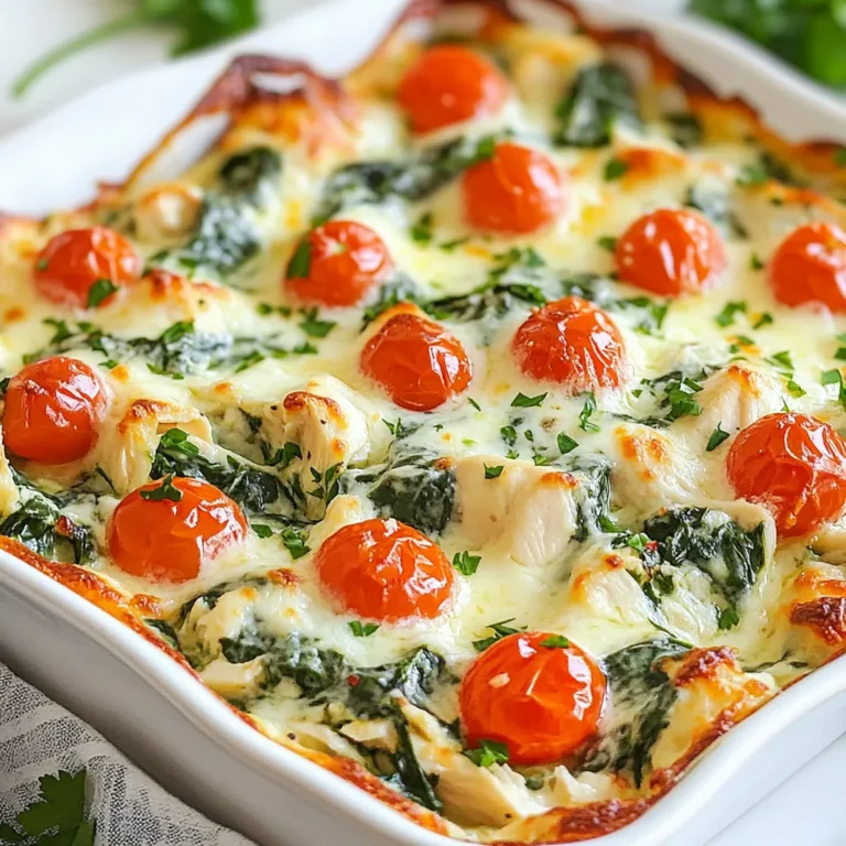 - 2 cups cooked chicken, shredded - 2 cups fresh spinach, roughly chopped - 1 cup ricotta cheese - 1 cup cream cheese, softened - 1 cup shredded mozzarella cheese - 1/2 cup grated Parmesan cheese - 1 cup cherry tomatoes, halved - 3 cloves garlic, minced - 1 teaspoon Italian seasoning - Salt and pepper, to taste - 1 tablespoon olive oil Pasta is key in this dish. I suggest using penne or rotini. These types hold the sauce well. They also make each bite tasty. If you have other pasta, feel free to use it. Just ensure it cooks well with the sauce. Using different pasta can change the dish's feel. Try using whole wheat or gluten-free pasta for a healthy twist. Each type brings a unique flavor and texture. Enjoy exploring these options! {{ingredient_image_2}} - Preheat the oven to 350°F (175°C). - In a large skillet, heat 1 tablespoon of olive oil over medium heat. Add 3 cloves of minced garlic and sauté for about 1 minute. You want the garlic to smell great. - Next, add 2 cups of roughly chopped fresh spinach to the skillet. Cook it for about 3-4 minutes, stirring often. The spinach should wilt down nicely. - In a big mixing bowl, combine 2 cups of shredded cooked chicken, the cooked spinach, 1 cup of ricotta cheese, and 1 cup of softened cream cheese. - Add half of the 1 cup of shredded mozzarella cheese and 1 teaspoon of Italian seasoning. Season with salt and pepper to taste. Mix it all well until everything is combined. - Carefully fold in 1 cup of cooked pasta and 1 cup of halved cherry tomatoes. Make sure the pasta and tomatoes are mixed in evenly. - Transfer the mixture to a greased 9x13 inch baking dish. Spread it out evenly to help it cook well. - Top the casserole with the remaining shredded mozzarella cheese and 1/2 cup of grated Parmesan cheese. Spread the cheese out evenly over the top. - Cover the baking dish with aluminum foil. Bake in the preheated oven for 25 minutes. After this, remove the foil and bake for another 15 minutes. The top should be bubbly and golden when ready. - Once done, take the casserole out of the oven and let it cool for about 5 minutes before serving. To avoid over-browning, cover your casserole with aluminum foil for the first part of baking. This keeps the top moist and allows the flavors to blend well. After 25 minutes, remove the foil to let the cheese bubble and turn golden. Let the casserole rest for about 5 minutes before serving. This helps the layers set and makes it easier to cut. Plus, it cools slightly, making it perfect for eating. Garnish your dish with fresh herbs like parsley or basil. This adds color and a burst of flavor. You can also sprinkle some on just before serving for a fresh touch. Pair this casserole with a simple side salad or fresh bread. A crisp salad balances the creaminess of the dish. Bread is great for soaking up the delicious sauce. For a lighter option, try low-fat cheese. Ricotta or mozzarella can often be found in reduced-fat versions. This makes the dish less rich while still tasting good. You can also swap out regular pasta for whole wheat or gluten-free varieties. These options boost the fiber content and cater to different diets. Pro Tips Use Rotisserie Chicken: For a quicker prep time, consider using store-bought rotisserie chicken. It saves time and adds great flavor to your casserole. Fresh Spinach Alternative: If fresh spinach isn't available, you can use frozen spinach. Just make sure to thaw and drain it well to avoid excess moisture. Cheese Variations: Feel free to mix and match cheeses! Adding a bit of feta or goat cheese can elevate the flavor profile. Make Ahead: This casserole can be assembled the night before and stored in the refrigerator. Just add a few extra minutes to the baking time if cooking straight from the fridge. {{image_4}} You can easily change the proteins in this dish. Try using turkey instead of chicken. Tofu works well for a plant-based version. For veggies, swap out spinach for kale or broccoli. Both options add great flavor and texture. Want more kick? Add spices like paprika or cayenne pepper. A dash of hot sauce can also spice things up. If you love cheese, try mixing in goat cheese or feta. These cheeses bring a unique taste to the casserole. For a gluten-free meal, choose gluten-free pasta. There are many brands that offer great options. You can also use gluten-free breadcrumbs on top. This adds a nice crunch while keeping the dish suitable for all diets. To store leftovers, let the casserole cool completely. Then, cover it tightly with plastic wrap or aluminum foil. This keeps it fresh and prevents it from drying out. You can also use an airtight container for easy storage. In the fridge, the casserole lasts for about 3 to 4 days. For freezing, cut the casserole into portions. Wrap each piece in plastic wrap, then place them in a freezer-safe bag. This helps avoid freezer burn and keeps flavors intact. The casserole can be frozen for up to 3 months. To reheat, thaw it overnight in the fridge. Then, bake it at 350°F (175°C) until hot. This keeps the taste and texture just right. You can make this casserole ahead of time. Simply prepare it up to the baking step, then cover and refrigerate. When ready to eat, bake it straight from the fridge. This saves time on busy nights. Portioning is also easy; you can cut it into squares for quick meals. Just reheat the portions as needed. This makes weeknight dinners a breeze! Yes, you can make this casserole ahead of time. Prepare the dish up to the baking step. Cover it tightly and store it in the fridge. When ready, bake it straight from the fridge. Just add a few extra minutes to the baking time. This way, you save time on busy days. Absolutely! You can use low-fat cheese in this casserole. Low-fat ricotta or cream cheese work well. Just keep in mind that the texture may change slightly. The flavor should still be tasty and creamy. This casserole pairs well with a simple side salad. You can also serve it with garlic bread or roasted vegetables. These sides add freshness and balance to the meal. Try adding a light vinaigrette to the salad for extra flavor. To keep the casserole moist, cover it with foil while baking. This traps steam and keeps the dish creamy. Also, avoid overcooking it. Once the top is bubbly and golden, take it out right away. Let it rest for a few minutes before serving to allow the flavors to settle. Yes, you can easily make this casserole vegetarian. Just replace the chicken with mushrooms or cooked lentils. You can also add more veggies like bell peppers or zucchini. This keeps the dish hearty while still being meat-free. This blog post covered a creamy chicken pasta casserole made with fresh ingredients and simple steps. You learned about main ingredients like chicken, spinach, and ricotta cheese, plus spices that boost the flavor. Step-by-step, I showed you how to prepare, mix, and bake the dish. You also discovered tips for serving, variations for customization, and how to store leftovers. Now you can enjoy this delightful recipe in new ways. Happy cooking!