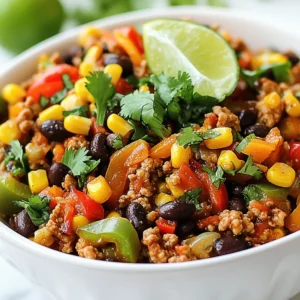 - 1 lb ground turkey - 1 red bell pepper, diced - 1 yellow bell pepper, diced - 1 green bell pepper, diced - 1 small onion, finely chopped - 2 cloves garlic, minced - 1 teaspoon smoked paprika - 1 teaspoon ground cumin - 1 teaspoon dried oregano - 1 can (15 oz) black beans, drained and rinsed - 1 cup corn (either fresh or frozen) - 2 tablespoons olive oil - Salt and freshly ground pepper to taste - Fresh cilantro, chopped for garnish - Lime wedges for serving When I whip up a Ground Turkey Pepper Skillet, I always start with fresh ingredients. Ground turkey makes a great base, as it’s lean and easy to cook. The colors of the bell peppers not only look good but also add a lot of flavor. I chop the red, yellow, and green bell peppers into nice, bite-sized pieces. Each type of pepper brings its own taste. The red is sweet, the yellow is mild, and the green has a slight bitterness. Together, they create a wonderful mix. Onion and garlic are key players too. I finely chop the onion and mince the garlic. They bring depth to the dish. I also love adding spices. Smoked paprika gives a warm, smoky flavor. Ground cumin adds earthiness, while dried oregano brings a hint of herbiness. I use black beans and corn for added texture and nutrition. They make the dish hearty and filling. I choose either fresh or frozen corn, depending on what I have. Lastly, I use olive oil to cook everything. A sprinkle of salt and fresh pepper ties all the flavors together. For a finishing touch, I like to garnish with fresh cilantro and serve with lime wedges. The lime juice adds a bright, zesty kick that brings the whole dish to life. {{ingredient_image_2}} Start by heating olive oil in a large skillet over medium heat. When the oil is hot, add the finely chopped onion and minced garlic. Sauté them for about 3 to 4 minutes. You want the onion to turn soft and smell nice. Next, raise the heat to medium-high and add the ground turkey. Break the turkey into smaller pieces with a wooden spoon. Stir it often and cook until it's fully browned, which takes about 5 to 7 minutes. Now, it’s time to add vibrant colors! Toss in the diced red, yellow, and green bell peppers. Cook these for an extra 4 to 5 minutes. Stir occasionally so the peppers soften just a bit but still look bright and fresh. Next, sprinkle in the smoked paprika, ground cumin, and dried oregano. Don't forget to add salt and freshly ground pepper too. Mix everything well to coat the turkey and veggies with those tasty spices. Now, add the drained black beans and corn into the skillet. Gently stir to combine all the ingredients. Let this cook for another 3 to 4 minutes until it’s all heated through and the flavors blend nicely. Taste your dish and adjust the seasoning if needed. Once ready, serve hot, garnished with chopped fresh cilantro. Add lime wedges on the side for a zesty kick! To make your Ground Turkey Pepper Skillet even better, consider these ideas: - Add spices: Try cayenne pepper for heat or chili powder for a smoky kick. - Include fresh herbs: Add basil or parsley for freshness. For garnishes, I recommend using: - Chopped fresh cilantro for a bright touch. - Lime wedges to squeeze over the dish for extra flavor. To keep your vegetables crisp, follow these tips: - Cook bell peppers for just 4-5 minutes. This keeps their vibrant color and crunch. - Stir them gently to avoid breaking them down too much. For browning the turkey: - Use medium-high heat to help it brown nicely. - Break the turkey into small pieces as it cooks. This helps it brown evenly. Pro Tips Use Fresh Ingredients: Fresh vegetables and herbs can elevate the flavor of this dish significantly. Choose vibrant bell peppers and fresh cilantro for the best taste. Adjust Spice Levels: If you prefer a spicier kick, consider adding diced jalapeños or a sprinkle of red pepper flakes during cooking. Meal Prep Friendly: This skillet dish is perfect for meal prep. Store leftovers in airtight containers and enjoy them throughout the week for quick lunches or dinners. Serving Suggestions: Serve this dish over rice or quinoa for a heartier meal. You can also use it as a filling for tacos or burritos! {{image_4}} You can switch out the ground turkey for other meats. Chicken works well and adds a different taste. Beef can also be used, giving it a hearty flavor. For a lighter dish, try ground chicken. If you prefer vegetarian or vegan options, replace the meat with plant-based ground meat. You can also use lentils or chickpeas for protein. Both options still give you that filling feel. This dish is versatile in how you serve it. You can put it over rice for a filling meal. It also works great in tortillas for a fun wrap. For sides, think about a fresh salad or some avocado slices. They add color and nutrition. As for drinks, a chilled lemonade or iced tea pairs nicely with this dish. These options keep your meal light and refreshing. To store leftovers, let the Ground Turkey Pepper Skillet cool down first. Then, transfer it to an airtight container. Place it in the refrigerator right away. It will last for about 3 to 4 days. If you want to keep it longer, freezing is a great option. For freezing, make sure the skillet is fully cooled. Then, use a freezer-safe container or heavy-duty freezer bags. Remove as much air as you can before sealing. This helps avoid freezer burn. The dish can be frozen for up to 3 months. When you're ready to eat, just thaw it in the fridge overnight. You can easily reheat the Ground Turkey Pepper Skillet using a microwave or stovetop. For the microwave, place a serving in a microwave-safe bowl. Cover it loosely with a lid or paper towel. Heat it on high for 1 to 2 minutes, stirring halfway through. This ensures even heating. For stovetop reheating, use a skillet over medium heat. Add a splash of water or broth to keep it moist. Stir often until it's hot and ready to serve. Enjoy your flavorful meal again! You can use several options in place of ground turkey. Ground chicken is a great choice. It has a similar taste and texture. Ground beef or pork can work, too, but they will change the flavor. For a plant-based option, try crumbled tofu or lentils. Both provide good protein and absorb flavors well. The Ground Turkey Pepper Skillet will last for about 3 to 4 days in the fridge. Make sure to store it in an airtight container. This helps keep it fresh and safe to eat. If you want to keep it longer, consider freezing it. It can last up to 3 months in the freezer. Absolutely! You can add many types of vegetables for extra color and flavor. Zucchini, spinach, or mushrooms work well. Just chop them up and add them when you mix in the bell peppers. This makes the dish even more nutritious and delicious. This blog post gives you a clear guide on making a delicious Ground Turkey Pepper Skillet. You learned about the fresh ingredients, step-by-step cooking instructions, and smart tips for great flavor. I also shared fun variations and storage ideas to keep your meal tasty. Cooking can be simple and enjoyable. With these easy steps, you can make a healthy dish. Remember, the kitchen is your space to experiment and create. Enjoy your cooking journey!