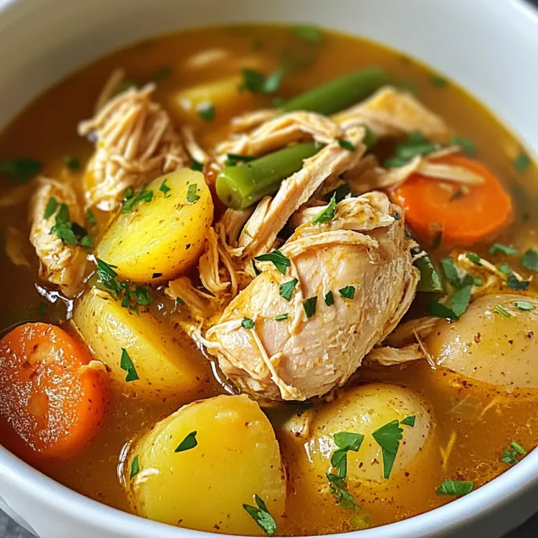 To make a savory slow cooker chicken stew, gather these ingredients: - 4 boneless, skinless chicken thighs - 3 cups low-sodium chicken broth - 2 cups baby potatoes, halved - 2 large carrots, peeled and chopped into bite-sized pieces - 1 cup green beans, trimmed and cut into 1-2 inch pieces - 1 medium onion, diced - 3 cloves garlic, minced - 2 teaspoons dried thyme - 1 teaspoon smoked paprika - Salt and pepper to taste - 2 tablespoons olive oil - 1 tablespoon cornstarch (optional, for thickening) - Fresh parsley, chopped (for garnishing) You can swap some ingredients to fit your taste: - Chicken Thighs: Use chicken breasts or even turkey. - Broth: Vegetable broth can replace chicken broth for a lighter taste. - Potatoes: Any waxy potato works, like red or Yukon gold. - Vegetables: Feel free to add peas, corn, or bell peppers. - Olive Oil: Use any cooking oil you prefer, like canola or avocado oil. Fresh ingredients make a big difference. Here are some tips: - Local Markets: Visit farmer's markets for fresh veggies and herbs. - Seasonal Produce: Choose what's in season for better flavor and price. - Quality Chicken: Look for organic or free-range chicken for a richer taste. Using quality ingredients not only boosts your stew's taste but also makes cooking more fun! {{ingredient_image_2}} First, gather all the ingredients. You will need: - 4 boneless, skinless chicken thighs - 3 cups low-sodium chicken broth - 2 cups baby potatoes, halved - 2 large carrots, peeled and chopped into bite-sized pieces - 1 cup green beans, trimmed and cut into 1-2 inch pieces - 1 medium onion, diced - 3 cloves garlic, minced - 2 teaspoons dried thyme - 1 teaspoon smoked paprika - Salt and pepper to taste - 2 tablespoons olive oil - 1 tablespoon cornstarch (optional, for thickening) - Fresh parsley, chopped (for garnishing) Next, heat the olive oil in a skillet over medium heat. Once hot, add the diced onion. Sauté for about 5 minutes until the onion is clear. Then, add the minced garlic and cook for an extra minute or two. The smell will be wonderful! Now, it’s time to build your stew. Place the chicken thighs at the bottom of the slow cooker. Season them well with salt, pepper, smoked paprika, and dried thyme. This step adds a lot of flavor. After that, layer the sautéed onions and garlic over the chicken. Next, add the halved baby potatoes, chopped carrots, and green beans on top. This layering helps all the flavors mix together as they cook. Pour the chicken broth over everything. Make sure the chicken and veggies are fully covered. This helps them cook evenly and stay moist. Cover the slow cooker with its lid. Set it to cook on low for 6-7 hours or high for 3-4 hours. The chicken should become very tender and easy to shred. If you want a thicker stew, mix the cornstarch with a little water. Stir this mix into the stew during the last 30 minutes of cooking. This will give your stew a nice, hearty texture. When the cooking time is up, shred the chicken with two forks right in the slow cooker. This lets the chicken soak up even more flavor. Lastly, taste your stew. Adjust the seasoning with more salt and pepper if it needs it. Enjoy your savory meal! To make your stew truly special, focus on layering flavors. Start with sautéing onions and garlic in olive oil. This step adds depth. Use smoked paprika and thyme to season the chicken. These spices bring warmth and earthiness. Always use low-sodium broth; it helps control saltiness. Don’t skip the fresh parsley at the end. It adds brightness and a pop of color. Many home cooks rush the sautéing step. If you skip it, the stew lacks flavor. Another mistake is overcooking the chicken. It should shred easily but not be dry. Avoid adding too much liquid at once. Too much broth can dilute the taste. Lastly, don’t forget to taste and adjust seasoning before serving. A small tweak can elevate the dish. If you want a thick stew, cornstarch is your friend. Mix it with a bit of water to make a slurry. Stir it into your stew in the last 30 minutes. This method helps achieve that perfect, hearty texture. If you prefer a natural thickener, let it cook longer. The vegetables will break down and add body. Enjoy experimenting to find your favorite thickness! Pro Tips Choose the Right Chicken: Opt for bone-in, skin-on chicken thighs for richer flavor and moisture, but boneless, skinless works well if you prefer a lighter option. Layer for Flavor: Layering ingredients in the slow cooker helps to build depth of flavor. Start with chicken, then add onions and garlic, followed by the veggies and broth. Customize Your Veggies: Feel free to swap or add your favorite vegetables such as peas, bell peppers, or zucchini to make the stew your own. Make Ahead and Freeze: This stew freezes well! Prepare a large batch and portion it out to enjoy on busy days. Just reheat and serve! {{image_4}} You can change up the veggies in your stew. Try adding zucchini, bell peppers, or sweet corn. Each of these will bring new tastes and textures. For heartiness, use parsnips or turnips. Just chop them to match the size of your other veggies. This way, they cook evenly. If you have leftover vegetables, toss them in too. It’s a great way to use what you have! If you want a gluten-free stew, use gluten-free broth. Most chicken broths are safe, but check the label. For a low-carb option, skip the baby potatoes. You can add cauliflower instead. It cooks down well and gives a creamy feel. You can also use shirataki noodles for a noodle-like texture without carbs. Want to spice it up? Add a bit of cayenne pepper or crushed red pepper flakes for heat. A splash of lemon juice at the end brightens the dish. Fresh herbs like basil or thyme can also add depth. For a smoky flavor, try adding a dash more smoked paprika. Taste your stew as it cooks. Adjust seasonings based on what you like best! To store leftover chicken stew, let it cool first. Use airtight containers. This keeps the stew fresh and safe. Divide it into smaller portions for easy use later. If you plan to eat it soon, you can store it in the fridge. Make sure to eat it within three to four days. For longer storage, freeze your chicken stew. Use freezer-safe containers or bags. Remove as much air as possible. Label the bags with the date. This way, you know when you made it. To reheat, thaw in the fridge overnight. You can warm it on the stove or in the microwave. Stir it well to heat evenly. Chicken stew lasts about three to four days in the fridge. When frozen, it can last up to three months. To keep your stew fresh, check for any off smells or changes in color. Always trust your senses. If it doesn’t look or smell right, it’s best to toss it out. Yes, you can use frozen chicken. Just remember to add extra cooking time. If you use frozen chicken thighs, cook on high for 4-5 hours instead of 3-4. Make sure to check the chicken's temperature. It should reach 165°F (75°C) for safe eating. You will know the chicken is cooked when it is tender. Use a fork to shred the chicken. If it pulls apart easily, it's done. You can also check the temperature. It should read 165°F (75°C) in the thickest part. Many sides pair well with this stew. Here are some ideas: - Crusty bread to soak up the broth - Rice for a filling base - A fresh salad for crunch - Mashed potatoes for creaminess - Steamed vegetables to add more nutrition These sides add more texture and flavor to your meal. Enjoy! In this blog post, we explored slow cooker chicken stew. We covered essential ingredients and their alternatives. You learned how to prepare, layer, and cook for the best flavor. We shared tips on avoiding common mistakes and thickening your stew, plus variations to suit your tastes. Lastly, we discussed proper storage and answered frequently asked questions. Now you have a complete guide to making a hearty chicken stew. Try it today, and enjoy a warm meal that's easy and delicious.
