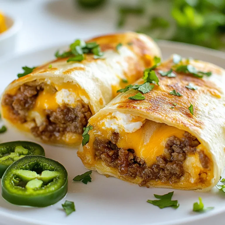 - 2 large flour tortillas - 1 cup shredded cheddar cheese - 1 cup shredded mozzarella cheese - 1 cup cooked and seasoned ground beef or diced grilled chicken - 1/2 cup cooked rice for heartiness - Sliced jalapeños for spice - Salt and pepper to taste - 1/4 cup sour cream - 1/4 cup salsa In this recipe, we focus on simple and tasty ingredients. Flour tortillas form the base. They wrap around our delicious filling. The shredded cheese blends two kinds: cheddar and mozzarella. This mix creates a creamy, melty texture. For heartiness, you can add cooked rice. It makes the burrito more filling. If you like heat, sliced jalapeños add a spicy kick. They give your burrito an extra zing. Don’t forget the seasoning! A pinch of salt and pepper brings out the flavors. Sour cream adds a smooth, tangy taste. Salsa gives a fresh, zesty hint. Together, these ingredients create a comforting and satisfying meal. {{ingredient_image_2}} To start, combine your meat with other ingredients. You can use cooked ground beef or grilled chicken. If you want a heartier burrito, add cooked rice. In a mixing bowl, combine the meat, rice, sour cream, and salsa. Add a pinch of salt and pepper to taste. Mix well until all parts blend into a uniform consistency. This helps ensure each bite is delicious. Next, it's time to assemble your burrito. Lay out one flour tortilla on a clean surface. Sprinkle half of the shredded cheddar and mozzarella cheese over one half of the tortilla. Then, spoon half of the filling mixture on top of the cheese. Finally, add the remaining cheese on top of the filling. Carefully fold the tortilla over to make a half-moon shape. Tuck in the edges to hold everything inside. Repeat this with the second tortilla. Now, heat a skillet or grill pan over medium heat. Add a tablespoon of butter and let it melt. Once the butter bubbles, place the burrito seam-side down in the pan. Grill for about 3 to 4 minutes, until the bottom turns golden brown and crispy. Then, flip the burrito gently using a spatula. Grill the other side for another 3 to 4 minutes. This will melt the cheese and give the tortilla a nice, crispy texture. For the best cheese melt, use a mix of cheddar and mozzarella. Cheddar gives great flavor, while mozzarella adds stretch. Avoid a soggy burrito by not overfilling it. Too much filling can lead to leaks and a messy experience. Keep the heat on medium. This helps cook the burrito evenly. If your pan is too hot, the outside burns before the cheese melts. I prefer butter for grilling. It adds a rich flavor. Oil works, but butter gives a nice crisp. For a great presentation, cut the burrito in half. Place it on a colorful plate. Garnish with fresh cilantro for a pop of color. Serve with extra salsa and sour cream on the side. These make the perfect dips for your tasty burrito. Pro Tips Use Fresh Ingredients: The quality of your tortillas, cheese, and fillings will greatly affect the flavor of your grilled cheese burrito. Opt for fresh, high-quality ingredients for the best results. Don’t Overfill: While it might be tempting to pack your burrito full of delicious fillings, overfilling can lead to messy grilling and potential spills. Stick to a moderate amount of filling for easier handling. Control the Heat: Cooking on medium heat allows the cheese to melt thoroughly without burning the tortilla. If the burrito is browning too quickly, lower the heat to ensure even cooking. Experiment with Flavors: Feel free to customize the filling by adding ingredients like black beans, corn, or different spices. This can add a unique twist to your grilled cheese burrito delight! {{image_4}} You can switch up the protein in your grilled cheese burrito. Ground beef gives a rich flavor. It works well with savory spices. Grilled chicken can offer a lighter option. It’s juicy and has a nice char. For a vegetarian option, try black beans or lentils. They add protein and fiber. You can also use sautéed mushrooms for a meaty texture. These options ensure everyone can enjoy this dish. Want a kick? Add sliced jalapeños for heat. You can also mix in chipotle sauce for a smoky flavor. If you love veggies, try adding bell peppers or corn. These add color and crunch. Beans can also be a great addition. They give extra protein and make the burrito hearty. Cheese is the star of this dish. You can mix different types for fun flavors. Try pepper jack for heat or gouda for creaminess. A blend of sharp cheddar and mozzarella gives a great melt. Experimenting with cheese can lead to unique tastes. Don’t be afraid to try new combinations. You might discover a favorite blend that makes your burrito even better! Store your grilled cheese burritos in an airtight container. This keeps them fresh and tasty. Wrap them in plastic wrap first for extra protection. They last about 3 to 5 days in the fridge. Make sure to let them cool completely before storing. To reheat, use a skillet on medium heat. This method keeps the burrito crispy. Heat each side for about 3 to 4 minutes. You can also use an oven. Preheat it to 350°F (175°C) and bake for 10-15 minutes. This way, you get a warm and crunchy burrito. For freezing, wrap each burrito in plastic wrap. Then, place them in a freezer bag. This helps avoid freezer burn. They stay good for up to 3 months in the freezer. When ready to eat, thaw them in the fridge overnight. Reheat them in a skillet or oven for best results. You can use several alternatives to flour tortillas. Here are some options: - Corn tortillas: These are gluten-free and have a great flavor. - Lettuce leaves: Perfect for a low-carb option. - Whole wheat tortillas: A healthier choice with more fiber. - Spinach tortillas: They add color and extra nutrients. Each option gives a unique taste and texture to your burrito. Yes, you can easily make this recipe healthier. Here are some suggestions: - Use lean ground turkey or chicken instead of beef. - Substitute low-fat cheese for regular cheese. - Add more veggies, like bell peppers or spinach, for extra nutrients. - Swap sour cream for Greek yogurt for a protein boost. These changes can help you enjoy a tasty burrito while staying healthy. To reheat a grilled cheese burrito without losing quality, follow these tips: - Use a skillet: Heat it over medium-low. Place the burrito in the pan. Cook for 3-4 minutes on each side. - Oven method: Preheat to 350°F (175°C). Wrap the burrito in foil and heat for about 10-15 minutes. - Microwave: If you’re in a hurry, microwave for 1-2 minutes. Just be aware it may get a bit soggy. These methods help maintain the crispy texture and yummy flavor of your burrito. You've learned how to make a tasty grilled cheese burrito, from ingredients to storage. Start with flour tortillas and a mix of cheeses. Feel free to add your favorite meats, veggies, or spices. Grill it to crispy perfection, then serve with dips. Remember to store leftovers properly to keep them fresh. Experiment with flavors and techniques to find your perfect match. Enjoy making this fun twist on a classic!