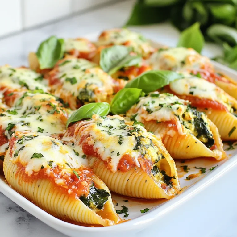 - 12 large jumbo pasta shells - 1 cup ricotta cheese - 1 cup fresh spinach, finely chopped - 1 cup mozzarella cheese, shredded - 1/2 cup grated Parmesan cheese - 1 large egg - 2 cloves garlic, minced - 1 teaspoon dried oregano - 1/2 teaspoon salt - 1/4 teaspoon black pepper - 2 cups marinara sauce - Fresh basil leaves for garnish To make the best spinach ricotta stuffed shells, gather these main ingredients. You need jumbo pasta shells for a hearty base. Ricotta cheese gives a creamy texture. Fresh spinach adds color and flavor. Mozzarella and Parmesan cheeses bring richness and a nice crust when baked. You will also need a few additional ingredients. A large egg helps bind your filling. Garlic adds a punch of flavor. Dried oregano gives a hint of warmth. Salt and black pepper enhance all the tastes. Marinara sauce creates a savory layer and keeps the dish moist. Lastly, fresh basil leaves not only look great but also add freshness when serving. This combination of ingredients makes the dish simple yet full of flavors. Each bite offers a delightful experience. {{ingredient_image_2}} To start, bring a large pot of salted water to a boil. Once it bubbles, add 12 large jumbo pasta shells. Cook them until they are al dente, about 8-10 minutes. Then, drain the shells and let them cool on a plate. This makes it easier to fill them later. In a big bowl, mix 1 cup of ricotta cheese with 1 cup of finely chopped fresh spinach. Add in half of the shredded mozzarella cheese and 1/2 cup of grated Parmesan cheese. Next, crack in 1 large egg and toss in 2 minced cloves of garlic. Season the mix with 1 teaspoon of dried oregano, 1/2 teaspoon of salt, and 1/4 teaspoon of black pepper. Stir until everything is creamy and well combined. Now, preheat your oven to 375°F (190°C). Grab a teaspoon or piping bag to fill each shell. Carefully stuff each cooled pasta shell with the ricotta-spinach mixture. Press gently to ensure the filling fits snugly inside. Take a 9x13 inch baking dish and spread 1 cup of marinara sauce evenly across the bottom. Lay the stuffed shells in a single layer over the sauce. Pour the rest of the marinara sauce on top, making sure each shell is coated. Finally, sprinkle the reserved mozzarella cheese over the shells. Cover the baking dish with aluminum foil. Place it in your preheated oven and bake for 25 minutes. After that, remove the foil and bake for an additional 10-15 minutes. You want the cheese to be bubbly and golden. After baking, let the dish rest for a few minutes. This helps the flavors settle. To finish, add fresh basil leaves on top for a pop of color and flavor. Now, it’s time to serve and enjoy your savory spinach ricotta stuffed shells! - Overcooking the pasta shells: Always cook the shells until al dente. This means they should be firm when you bite into them. Overcooked shells will break when you fill them. - Under-seasoning the filling: Make sure to taste your filling mix. Use enough salt, pepper, and spices. This helps the flavors pop in your dish. - Achieving the right consistency: Your filling should be creamy but not too runny. If it’s too thin, add a bit more ricotta or cheese. This keeps it from spilling out of the shells. - Substituting ingredients for dietary needs: You can swap ricotta for tofu to make it dairy-free. Use gluten-free pasta shells if you need a gluten-free option. This way, everyone can enjoy the dish. - Pairing with sides: Serve your stuffed shells with a fresh salad or warm garlic bread. A simple green salad adds a nice crunch. Garlic bread is a great way to soak up extra sauce. - Best wine or beverage pairings: A light red wine like Pinot Noir goes well with these shells. If you prefer non-alcoholic drinks, try sparkling water with lemon. This helps balance the rich flavors. Pro Tips Use Fresh Spinach: For the best flavor and texture, opt for fresh spinach instead of frozen. It enhances the dish's taste and appearance. Customize Your Cheese: Feel free to mix in other cheeses like feta or goat cheese for added depth and a unique flavor profile. Prevent Sticking: Lightly grease your baking dish before adding the marinara sauce to prevent the shells from sticking. Let It Rest: Allow the stuffed shells to rest for a few minutes after baking. This helps the filling set and makes serving easier. {{image_4}} You can easily turn your Spinach Ricotta Stuffed Shells into a meat lover's dream. Simply add ground beef or sausage to the filling. Cook the meat first until it is brown. Mix it into the ricotta, spinach, and cheese mixture for a heartier dish. Adjust the cooking time by adding a few extra minutes in the oven. This helps the meat blend with the flavors. For a vegan twist, focus on dairy-free substitutions. Use vegan ricotta or blended tofu instead of traditional ricotta. You can also use nutritional yeast for a cheesy flavor. Instead of egg, use a flaxseed meal mixture to hold the filling together. Try adding other veggies like mushrooms or sun-dried tomatoes to the filling for more depth. If you need gluten-free options, choose gluten-free pasta shells. Many brands offer great alternatives that taste similar to regular pasta. Check the labels for safe ingredients. You can also adapt other ingredients, like sauces, to ensure they are gluten-free. This way, everyone can enjoy the stuffed shells without worry. To store leftovers, place them in an airtight container. Make sure to cool them first. They stay fresh for about 3 to 5 days in the fridge. Always check for any signs of spoilage before eating. The best way to freeze stuffed shells is to do it before baking. Place them in a single layer on a baking sheet. Once frozen, transfer them to a freezer bag. They can last up to 3 months in the freezer. To thaw, move them to the fridge overnight before cooking. You can reheat spinach ricotta stuffed shells in the oven or microwave. The oven gives a better texture. Heat them at 350°F (175°C) for about 20 minutes. In the microwave, heat in 1-minute bursts until warm. Cover with a damp paper towel to keep moisture. This helps maintain flavor and prevents drying out. The total time to make Spinach Ricotta Stuffed Shells is about 55 minutes. - Prep time is around 20 minutes. - Cooking takes about 35 minutes. Yes, you can prepare these shells in advance. - Stuff the shells and place them in a baking dish. - Cover tightly and refrigerate for up to 24 hours. - Bake them straight from the fridge, adding a few extra minutes to the cooking time. This dish is already vegetarian-friendly. - You can replace cheeses with dairy-free options. - Consider adding mushrooms or zucchini for extra texture. These stuffed shells pair well with various side dishes. - A fresh green salad is a great option. - Garlic bread adds a nice touch. - Serve with a light tomato soup for a cozy meal. Spinach ricotta stuffed shells are tasty and easy to make. We covered the main ingredients, step-by-step instructions, and tips to perfect your dish. Remember to adjust for dietary needs or preferences. Don't forget to store leftovers properly and enjoy them later. This dish is great for sharing with family and friends. With these tools and tricks, you can make a meal that pleases everyone. Happy cooking and enjoy your delicious shells!