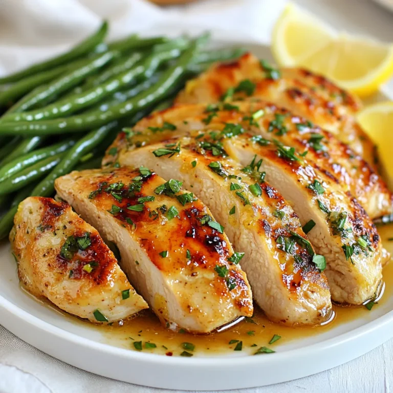- 2 boneless, skinless chicken breasts - 1 pound fresh green beans, trimmed - 3 cloves garlic, minced - 2 tablespoons olive oil - Zest of 1 lemon - Juice of 1 lemon - 1 teaspoon dried oregano - Salt and pepper to taste - ¼ teaspoon red pepper flakes (optional, for heat) - Fresh parsley, chopped (for garnish) In this recipe for chicken and green beans, you will need simple and fresh ingredients. Start with two boneless, skinless chicken breasts. They are easy to cook and stay juicy. Next, grab one pound of fresh green beans. Trim them for a clean look. Finally, don’t forget three cloves of garlic. Mince them for a great flavor boost. For the marinade, you will mix two tablespoons of olive oil. This adds richness. Then, zest and juice one lemon for a nice zing. Use one teaspoon of dried oregano for an earthy note. Season with salt and pepper to taste. If you like heat, you can add a quarter teaspoon of red pepper flakes. For a bright finish, chop fresh parsley. This garnishes the dish and enhances its look. Use these ingredients to create a colorful and tasty meal that is simple yet flavorful. {{ingredient_image_2}} - Combining Ingredients In a medium bowl, mix 2 tablespoons of olive oil, 3 minced garlic cloves, the zest and juice of 1 lemon, and 1 teaspoon of dried oregano. Add salt, pepper, and red pepper flakes for taste. This blend makes a great marinade. - Refrigeration Time Add the chicken breasts to the bowl, ensuring they are fully coated. Cover the bowl with plastic wrap. Let it chill in the fridge for at least 30 minutes. This time helps the flavors soak into the chicken. - Blanching Process Fill a large pot with water and add a pinch of salt. Bring it to a boil. Add the trimmed green beans and cook for 3-4 minutes. They should look bright green and be slightly tender. - Ice Water Method Drain the beans and quickly put them in a bowl of ice water. This stops the cooking. After a few minutes, drain the beans again and set them aside. This keeps them crunchy and colorful. - Searing Method Heat a large skillet over medium heat until hot. Add the marinated chicken (discard any leftover marinade). Cook the chicken for about 6-7 minutes on each side. - Ensuring Proper Temperature Use a meat thermometer to check doneness. The chicken should reach 165°F. When done, take the chicken out and let it rest on a plate for a few minutes. - Utilization of Skillet Residuals In the same skillet, add the blanched green beans to the leftover oil and juices. Sauté for 2-3 minutes to heat them through and coat them well. - Adjusting Seasoning Taste the green beans and add more salt or pepper if needed. This step enhances their flavor. - Arranging in Platter Slice the rested chicken into thick pieces. Arrange them on a large serving platter beside the green beans. This mix of colors looks great. - Garnishing Tips Sprinkle freshly chopped parsley over the dish for a bright finish. You can also add a lemon wedge for an extra zesty touch. Time for Saturation Marinating the chicken is key. I suggest at least 30 minutes. This gives the chicken time to soak up the flavors. For a deeper taste, consider marinating it overnight. Just remember, longer does not always mean better. You want the chicken juicy, not too salty. Balancing Flavors The zesty lemon and garlic mix well. I use a good pinch of salt and pepper. The red pepper flakes add a nice kick if you like heat. Taste the marinade before adding the chicken. Adjust the flavors to your liking for a perfect balance. Checking Chicken Doneness The chicken should reach 165°F inside. I use a meat thermometer for the best results. This ensures it's safe to eat. If you don’t have one, cut into the thickest part. The juices should run clear, not pink. Skillet Versatility I love using the same skillet for the chicken and green beans. The leftover oil and juices add flavor to the beans. After cooking the chicken, just add the beans straight in. It makes cooking easier and reduces cleanup. Plating Suggestions When serving, slice the chicken thick. Arrange it on a colorful platter. Place the green beans beside the chicken for a nice contrast. Drizzle some of the skillet juices over the top for extra flavor. Using Colorful Ingredients Fresh parsley brightens the dish. It adds a pop of color and freshness. You can also add lemon wedges on the side. This gives guests a chance to add a little extra zing to their plates. Pro Tips Marination Time Matters: The longer you marinate the chicken, the more flavorful and tender it will become. Aim for at least 1 hour, or even overnight for the best results. Blanch for Brightness: Blanching the green beans not only cooks them slightly but also preserves their vibrant color and crunch. Don’t skip the ice bath! Use a Meat Thermometer: To ensure your chicken is perfectly cooked, use a meat thermometer to check that it has reached an internal temperature of 165°F. Garnish for Appeal: A sprinkle of fresh parsley not only adds color but also enhances the dish’s flavor. Consider adding a few lemon slices for an extra zesty touch! {{image_4}} To make a stir-fry, change how you cook the chicken and green beans. Instead of marinating, slice the chicken into thin strips. Heat a wok or a large pan over high heat. Add a little oil and cook the chicken for about 3-4 minutes. Then, toss in the green beans. Stir-fry them together for another 3-4 minutes. This quick method keeps the chicken juicy and the beans crisp. You can also add other vegetables to this dish. Bell peppers, carrots, and snap peas work well. Just cut them into similar sizes for even cooking. You can add soy sauce or a splash of sesame oil for extra flavor. For a cozy twist, you can create a casserole. After cooking the chicken and beans, mix them with cream of mushroom soup. Layer this mixture in a baking dish. Top it with breadcrumbs or cheese for a crunchy finish. Bake at 350°F for about 25-30 minutes until bubbly. This dish becomes creamy and rich, making it a family favorite. To enhance the flavor, add herbs like thyme or rosemary. You can also mix in some sautéed onions or mushrooms. These small changes can make a big difference in taste. If you want a grilled version, change how you marinate the chicken. Use the same marinade but let the chicken sit longer, up to 2 hours. This lets the flavors soak in deeper. Preheat your grill to medium-high heat. Place the marinated chicken on the grill. Cook for about 6-7 minutes on each side. For the green beans, you can grill them too. Place them in a grill basket to prevent falling through. Toss them occasionally until they are tender and charred. This method gives a smoky flavor to both the chicken and beans. - Store leftovers in an airtight container. - Use glass or plastic containers. - Keep in the fridge for up to 3 days. - Portion out meals before freezing. - Use freezer-safe bags or containers. - Remove as much air as possible. - Thaw in the fridge overnight. - Use the microwave for quick thawing if needed. - Oven Method: Preheat to 350°F. Place chicken and beans in a baking dish. Heat for about 15-20 minutes. - Skillet Method: Heat a skillet over medium heat. Add a bit of oil and cook for 5 minutes, stirring until warm. Yes, you can use frozen green beans. However, you need to adjust the cooking time. Frozen beans require about 5-7 minutes to cook. - Cooking Adjustments Needed: - Skip the blanching step. - Add the frozen beans directly to the skillet after cooking the chicken. - Sauté for 5-7 minutes or until heated through. You can use other proteins like turkey, tofu, or shrimp. Each option has its own flavor and texture. - Alternative Protein Options: - Turkey breasts: similar cooking time and taste. - Tofu: use firm tofu, cut into cubes, and pan-fry until golden. - Shrimp: add shrimp for a quick-cooking option. Cook for 2-3 minutes each side. Yes, this recipe works great for meal prep. You can prepare it ahead of time and store it. - Meal Prep Suggestions: - Cook the chicken and green beans as directed. - Store them in airtight containers in the fridge. - They will last for up to 4 days, making it easy to grab a meal. This blog post covered a delicious chicken and green bean recipe. We detailed the main ingredients, marinade, cooking steps, and presentation tips. Remember to marinate your chicken for the best flavor. Feel free to explore variations like casseroles or stir-fry. Proper storage can keep your meal fresh for days. With these steps and tricks, you can master this dish. Enjoy cooking, and don't hesitate to make it your own!