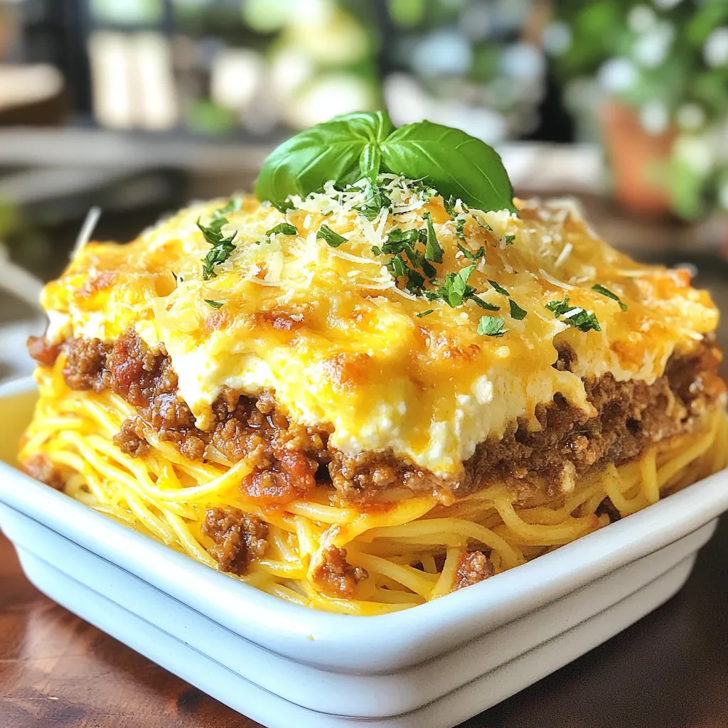 For Million Dollar Spaghetti, you need the following items: - 12 oz spaghetti - 1 lb ground beef - 1 medium onion, finely diced - 2 cloves garlic, minced - 28 oz can of crushed tomatoes - 1 tsp dried oregano - 1 tsp dried basil - 1 tsp granulated sugar - Salt and freshly ground black pepper to taste - 1 cup ricotta cheese - 2 cups shredded mozzarella cheese - 1/2 cup freshly grated Parmesan cheese - Olive oil for sautéing To prepare this dish, gather these tools: - Large pot for boiling spaghetti - Colander for draining spaghetti - Large skillet for the meat sauce - Mixing bowl for combining ingredients - 9x13 inch baking dish - Aluminum foil for covering the dish - Spatula for stirring and serving If you do not have some ingredients, here are good swaps: - Use turkey instead of ground beef for a leaner option. - Cottage cheese can replace ricotta for a different texture. - Fresh herbs like basil and oregano work well if you have them. - Any shredded cheese blends can substitute for mozzarella. - Use vegetable broth instead of oil for a lower-fat option. These ingredients and tools help create a tasty meal that warms the heart. Enjoy the process! {{ingredient_image_2}} Start by boiling a large pot of water. Once the water boils, add a good pinch of salt. Then, cook the spaghetti for about 8-10 minutes until it is 'al dente.' This means it should be firm but not hard. Drain the spaghetti in a colander and set it aside. This step is key for great texture in your dish. Next, grab a large skillet and heat a tablespoon of olive oil over medium heat. When the oil is hot, add the diced onion and minced garlic. Sauté them for about 2-3 minutes until the onion is soft. Then, add the ground beef to the skillet. Use a spatula to break it apart. Cook it for about 5-7 minutes until the beef is browned and fully cooked. Drain any excess fat from the skillet. Now stir in the crushed tomatoes along with the oregano, basil, sugar, salt, and pepper. Let everything simmer for about 15 minutes. This allows the flavors to mix well. Now, preheat your oven to 375°F (190°C). In a big bowl, mix the drained spaghetti with the meat sauce and ricotta cheese. Stir gently until everything is well combined. Lightly grease a 9x13 inch baking dish with olive oil. Layer half of the spaghetti mixture in the dish. Then, sprinkle half of the mozzarella cheese on top. Repeat with the rest of the spaghetti mixture and finish with the remaining mozzarella and Parmesan cheese. Cover the dish with aluminum foil. Bake for 25 minutes. After that, remove the foil and bake for another 10-15 minutes until the cheese is melted and bubbly. Let it cool for about 5 minutes before serving. This lets the layers set nicely. To cook spaghetti just right, start with a big pot of water. Add a good pinch of salt to it. Bring the water to a rolling boil before adding the spaghetti. This helps the pasta not stick together. Stir the spaghetti a few times while cooking. This will keep it loose. Cook it until it is 'al dente'—firm to the bite. After draining, do not rinse the pasta. You want to keep that starch for sauce to cling to. To make your meat sauce rich, begin with fresh ingredients. Use ripe crushed tomatoes and fresh herbs if you can. Sauté onions and garlic until they smell amazing. Adding sugar helps cut the acidity of the tomatoes. Season well with salt and black pepper. Simmer your sauce for at least 15 minutes. This allows the flavors to blend beautifully. Taste it as you go and adjust the seasoning. You want it to sing with flavor. When baking Million Dollar Spaghetti, preheat your oven to 375°F (190°C). Grease your baking dish with olive oil to prevent sticking. Layer the spaghetti, meat sauce, and cheeses carefully. Cover the dish with foil for the first 25 minutes of baking. This helps keep the moisture inside. Remove the foil to let the cheese brown nicely. Let the dish cool for a few minutes after baking. This will help it set and make serving easier. Pro Tips Perfectly Cooked Spaghetti: Always add a generous amount of salt to the boiling water; it should taste like the ocean. This enhances the pasta's flavor significantly. Flavor Boost: For an extra layer of flavor, consider adding a splash of red wine to the meat sauce while it simmers. This brings depth to the overall taste. Cheese Variations: Mix different kinds of cheeses like provolone or fontina with the mozzarella for a unique flavor profile. Experiment with what you love! Make Ahead: This dish can be assembled a day in advance and stored in the refrigerator. Just add a few extra minutes to the baking time if baking from cold. {{image_4}} To make a vegetarian version, swap the ground beef for mushrooms or lentils. Both options add great texture and flavor. Use the same amount of crushed tomatoes and spices. Add extra veggies like bell peppers or spinach for more color and taste. This dish stays rich and satisfying without meat. For a spicy kick, add red pepper flakes to the meat sauce. Start with a half teaspoon and taste as you go. You can also mix in diced jalapeños for more heat. If you like a smoky flavor, try adding chipotle powder. This version will warm you up and excite your taste buds. To make it creamy, mix in extra ricotta cheese or use a cream sauce. You can blend some cream cheese into the meat sauce for a rich texture. Adding a little cream before baking makes every bite smooth and delicious. This variation is perfect for those who love a silky mouthfeel in their dishes. After enjoying your Million Dollar Spaghetti, you may have leftovers. Store them in an airtight container. Make sure to cool the dish to room temperature first. Place it in the fridge for up to three days. For longer storage, consider freezing it. When it’s time to reheat, you can use the microwave or the oven. For microwave reheating, place a portion on a plate. Cover it with a damp paper towel. Heat in short bursts, stirring in between. If you prefer the oven, preheat to 350°F (175°C). Put the spaghetti in a baking dish and cover with foil. Bake for about 20 minutes until it is hot. To freeze your Million Dollar Spaghetti, first cool it completely. Cut it into portions for easy thawing. Wrap each piece tightly in plastic wrap, then place in a freezer bag. Be sure to label and date the bags. It will keep well for up to three months. To thaw, move it to the fridge overnight and reheat as mentioned before. Million Dollar Spaghetti is a rich, cheesy pasta dish. It combines spaghetti with ground beef and a tasty tomato sauce. You layer it with ricotta, mozzarella, and Parmesan cheese. This dish is perfect for family gatherings or cozy nights in. Yes, you can prepare Million Dollar Spaghetti ahead of time. Just assemble it in the baking dish and cover it tightly. Store it in the fridge for up to 24 hours. When ready to bake, just add a few extra minutes to the cooking time. Your spaghetti is done when it is "al dente," which means it is firm but not hard. You can taste a piece to check. It should be cooked but still have a slight bite. Follow the package instructions for exact cooking times. Several sides pair nicely with Million Dollar Spaghetti. Here are some great options: - Garlic bread - A simple green salad - Steamed vegetables - Roasted zucchini or bell peppers These sides add balance to the meal and complement the rich flavors of the spaghetti. Enjoy your cooking! This blog post covered the key ingredients and step-by-step methods to make Million Dollar Spaghetti. We discussed tools you need, cooking tips, and flavor enhancements. You learned about variations like vegetarian or spicy options. Finally, we talked about storage and reheating to keep your meal fresh. In short, making this dish is simple and fun. You can impress your family and friends with your skills and flavor. Enjoy your cooking adventure!
