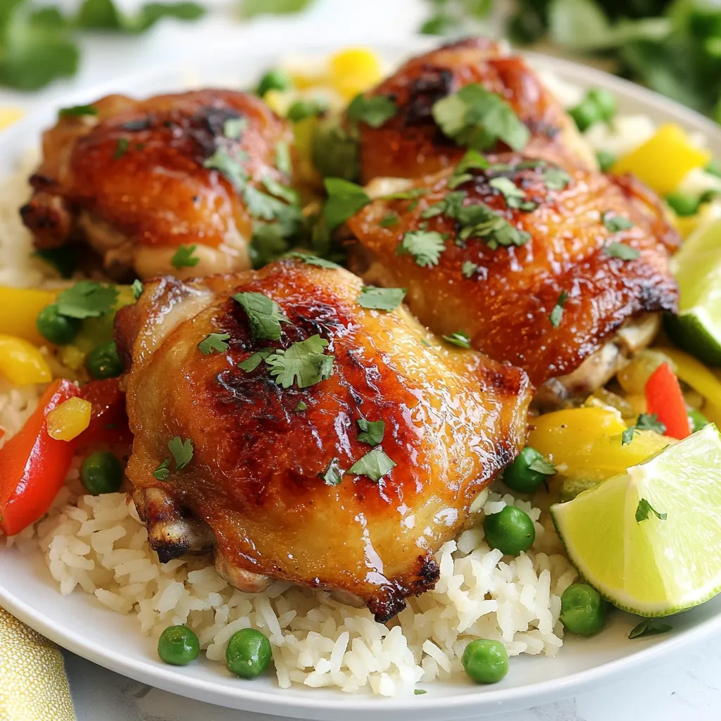 To make a delicious Peruvian chicken and rice, you'll need: - 4 bone-in, skin-on chicken thighs - 1 cup long-grain white rice - 2 cups chicken broth - 1 medium onion, finely chopped - 4 cloves garlic, minced - 1 red bell pepper, diced - 1 cup peas (fresh or frozen) The right spices make this dish special. Here’s what you need: - 2 tablespoons aji amarillo paste (or mild chili paste) - 1 teaspoon ground cumin - 1 tablespoon paprika - Salt and pepper to taste - 2 tablespoons olive oil These garnishes can make your dish shine: - Fresh cilantro, chopped - Lime wedges for serving Using these ingredients helps you create a flavorful and cozy meal. Each one adds a unique taste. The aji amarillo paste gives a nice kick, while the cilantro adds freshness. Enjoy cooking this comforting dish! {{ingredient_image_2}} Start by marinating the chicken. In a bowl, mix the chicken thighs with aji amarillo paste, ground cumin, paprika, salt, and pepper. Stir well to coat each piece. Let the chicken sit for at least 30 minutes. This marinating time helps the flavors soak in. Heat olive oil in a large skillet over medium-high heat. When the oil is hot, place the marinated chicken thighs skin-side down. Sear them until the skin turns golden brown and crispy, about 5 to 7 minutes. Flip the chicken and sear the other side for 5 minutes. Once browned, remove the chicken and set it aside. In the same skillet, add the chopped onion, minced garlic, and diced red bell pepper. Sauté the mix for about 4 to 5 minutes. You want the onion to turn translucent and fragrant. Then, stir in the long-grain rice. Cook it for 2 minutes to toast slightly. Pour in the chicken broth and bring to a gentle simmer. Nestle the seared chicken thighs back into the skillet, skin-side up. Cover the skillet tightly and lower the heat. Let it simmer for 20 to 25 minutes. This will make the rice tender and help it absorb the broth. Five minutes before the cooking time is up, gently stir in the peas. Cover the skillet again to steam the peas with the rice. After the cooking time, turn off the heat. Let the skillet sit covered for 5 minutes. Fluff the rice with a fork and sprinkle fresh cilantro on top. Serve warm with lime wedges for a zesty finish. For this dish, I recommend using bone-in, skin-on chicken thighs. They keep the meat juicy. The skin adds flavor and a crispy texture. Look for thighs that are plump and fresh. Avoid any that feel slimy. If you prefer, you can use chicken breasts, but they may dry out. Use long-grain white rice for this recipe. It cooks evenly and stays fluffy. Rinse the rice under cold water before cooking. This removes excess starch and prevents stickiness. Toast the rice for a couple of minutes in oil before adding the broth. This adds depth and a nutty flavor. Remember to keep the lid on while it simmers. This helps the rice absorb the liquid fully. Want to spice things up? You can add more aji amarillo paste for heat. If you don’t have it, mild chili paste works too. Adding lime juice brightens the dish. Fresh cilantro adds a burst of flavor. You could even mix in some diced tomatoes or corn for extra color and taste. Adjust salt and pepper to your liking. Don’t be afraid to experiment! Pro Tips Marination Magic: For the best flavor, marinate the chicken thighs overnight. This allows the spices to penetrate deeply into the meat, resulting in a more flavorful dish. Perfectly Crispy Skin: Make sure to sear the chicken skin-side down until it's golden brown and crispy. This adds texture and flavor to the dish. Rice Consistency: Avoid stirring the rice too much while it's cooking, as this can make it gummy. Let it simmer undisturbed for the best texture. Freshness Factor: Garnish with freshly chopped cilantro just before serving to enhance the dish's flavor and presentation. The lime wedges also add a zesty freshness when squeezed over the top. {{image_4}} To make a vegetarian version, swap the chicken for hearty vegetables. Use mushrooms for a meaty texture. You can also add diced zucchini and carrots for more color. Replace chicken broth with vegetable broth for a full flavor. The spices still work great. You will enjoy the same zesty taste without meat. If you want to try different proteins, think about using fish or shrimp. Both cook quickly and soak up flavors. For fish, use firm types like cod or tilapia. Shrimp adds a nice touch of sweetness. You can marinate them just like the chicken. Adjust cooking times to ensure nothing overcooks. Aji amarillo paste gives the dish its unique kick. If you can’t find it, try other chili pastes. Sriracha or harissa can work. Each paste brings its own flavor. Just remember to start with less and taste as you go. You can always add more spice, but it’s tough to take it out! To keep your Peruvian chicken and rice tasty, store it in an airtight container. Cool the dish to room temperature before sealing it. This helps prevent condensation, which can make the rice soggy. It can last in the fridge for up to four days. Always label the container with the date so you know when to use it. When you're ready to enjoy the leftovers, reheating is easy. Place the chicken and rice in a skillet over medium heat. Add a splash of chicken broth or water to keep it moist. Stir occasionally until it's heated through. You can also microwave it in a bowl covered with a damp paper towel. This keeps the moisture in and prevents drying out. If you want to save some for later, freezing works well. Allow the dish to cool completely, then portion it into freezer-safe bags. Remove as much air as possible to avoid freezer burn. Label each bag with the date and meal name. You can freeze it for up to three months. To reheat, thaw it overnight in the fridge and follow the reheating instructions above. Aji amarillo is a bright yellow chili pepper from Peru. It has a fruity flavor and mild heat. You can find aji amarillo paste in Latin markets or online. If you can’t find it, use mild chili paste as a substitute. To make this dish gluten-free, use gluten-free chicken broth. Always check labels on rice and spices to ensure they are gluten-free. This way, you can enjoy the meal without worry. Yes, you can use brown rice. Just keep in mind that brown rice takes longer to cook. Increase the simmering time to about 35-40 minutes. You may also need to add a little extra broth. Some great side dishes include a fresh green salad, fried plantains, or roasted vegetables. You can also serve with avocado slices or a tangy salsa to add brightness to the meal. The dish stays fresh in the fridge for about 3-4 days. Store it in an airtight container to keep it moist. Reheat it on the stove or in the microwave before serving. Peruvian Chicken and Rice blends vibrant flavors and simple steps. We explored key ingredients like spices and optional garnishes. You learned how to marinate chicken, cook vegetables, and make perfect rice. Tips on chicken quality and flavor boosts ensure success. We also shared vegetarian options and storage methods for longevity. Now, you can enjoy this dish anytime and impress your friends. Dive into the flavors and make it your own!