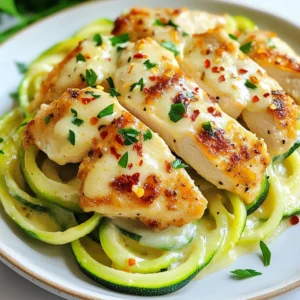 - 2 medium zucchinis, spiralized into noodles - 1 pound boneless, skinless chicken breast, thinly sliced - 1 cup heavy cream - 1 cup freshly grated Parmesan cheese - 2 tablespoons extra virgin olive oil - 3 cloves garlic, minced - 1 teaspoon Italian seasoning - Salt and freshly ground black pepper to taste - Fresh parsley, chopped (for garnish) - Red pepper flakes (optional for added spice) Using quality ingredients makes a big difference. Fresh zucchini adds great flavor and texture. Choose firm zucchinis with smooth skin. For chicken, select organic or free-range if possible. This ensures better taste and quality. Freshly grated Parmesan cheese melts well and gives a creamy sauce. Heavy cream should be real, not a substitute, to achieve that rich Alfredo texture. You can swap zucchinis with other veggies if you like. Carrots or squash can work well. For a lighter sauce, use half-and-half instead of heavy cream. If you're dairy-free, try cashew cream or coconut cream. For the chicken, you can use shrimp or tofu for a different protein option. Just ensure to adjust the cooking time as needed. {{ingredient_image_2}} To start, spiralize two medium zucchinis. This makes the noodles fun and light. If you don't have a spiralizer, use a vegetable peeler. Cut the zucchini into thin ribbons. After you spiralize, place the noodles on a paper towel. This helps soak up extra moisture. This step keeps your dish from becoming watery. Next, heat two tablespoons of extra virgin olive oil in a large skillet over medium heat. Once it's hot, add one pound of thinly sliced chicken breast. Season it well with salt, black pepper, and one teaspoon of Italian seasoning. Cook the chicken for about five to seven minutes. Stir it occasionally until it's golden brown and reaches 165°F. When done, move the chicken to a plate to keep warm. In the same skillet, lower the heat a bit. Add three minced garlic cloves. Sauté the garlic for about one minute until it smells great. Be careful not to burn it! Then, add one cup of heavy cream to the skillet. Stir continuously as it heats. Let it simmer gently, thickening slightly. Now, it's time to add flavor! Gradually sprinkle in one cup of freshly grated Parmesan cheese. Keep stirring until the cheese melts and the sauce is smooth. If the sauce is too thick, add a splash of water or chicken broth. Once the sauce is ready, return the cooked chicken to the skillet. Gently toss in the zucchini noodles. Cook everything for another two to three minutes. Stir frequently to coat the noodles in that creamy sauce. Taste your dish and adjust the seasoning with more salt, pepper, or red pepper flakes for spice. Plate the Zucchini Noodle Chicken Alfredo beautifully. You can twirl the noodles into a nest and arrange the chicken around it. Garnish with fresh parsley for a pop of color. Enjoy your delightful and healthy dinner! To make perfect zucchini noodles, start with fresh zucchinis. Look for firm ones without soft spots. Spiralize them into long strands using a spiralizer or a vegetable peeler. After cutting, lay the noodles on a paper towel. This step helps absorb extra moisture. Too much moisture can make your dish watery. For the best Alfredo sauce, use fresh ingredients. Start with minced garlic in hot olive oil. Sauté until fragrant, but don’t burn it. Next, add heavy cream and let it simmer gently. Stir continuously to avoid lumps. Gradually mix in the grated Parmesan cheese. This helps create a smooth and creamy sauce. If it feels too thick, add a splash of water or broth. Store leftover Zucchini Noodle Chicken Alfredo in an airtight container. Keep it in the fridge for up to three days. If you plan to freeze it, do so before adding the zucchini noodles. They can become mushy after freezing. When ready to eat, thaw it overnight in the fridge and reheat gently on the stove. Pro Tips Choose Firm Zucchini: Select firm zucchinis for spiralizing to ensure they hold their shape and texture when cooked. Timing is Key: Add the zucchini noodles at the end of cooking to avoid overcooking and losing their crunch. Customize Your Sauce: Add a pinch of nutmeg to the Alfredo sauce for a warm, nutty flavor that enhances the creaminess. Leftover Storage: Store any leftovers in an airtight container in the fridge for up to 2 days. Reheat gently on the stove to maintain texture. {{image_4}} If you're looking for low-carb options, zucchini noodles are perfect. They have fewer carbs than traditional pasta. You can also try other veggie noodles, like spaghetti squash or shirataki noodles. They add unique flavors and textures to your meal. These options keep the dish light and fresh, making it great for any diet. You can easily boost nutrition by adding more veggies. Consider using bell peppers, spinach, or broccoli. Just sauté them with the chicken for extra flavor. You can also mix in cherry tomatoes for a burst of sweetness. These additions not only enhance taste but also make your dish more colorful and appealing. For protein swaps, you have choices. Try shrimp or tofu if you want a different taste. Both options cook quickly and absorb flavors well. Grilled salmon is another great choice. It pairs nicely with the creamy sauce. These substitutions keep the dish exciting while catering to various diets. After you make Zucchini Noodle Chicken Alfredo, let it cool to room temperature. Place it in an airtight container. It will keep well in the fridge for up to three days. To keep the zucchini fresh, avoid mixing it with the sauce until you're ready to eat. You can freeze this dish, but the texture may change. If you choose to freeze it, store it in a freezer-safe container. It will last for about two months. To freeze, separate the chicken and sauce from the zucchini noodles. This helps maintain their texture. When you’re ready to eat, thaw the dish overnight in the fridge. Reheat on the stove over low heat. Stir gently until warmed through. If the sauce is too thick, add a splash of cream or broth. This will help bring it back to life. Enjoy your meal! Yes, you can use other noodles. Common choices include spaghetti or fettuccine. If you want a gluten-free option, try rice noodles. Whole wheat noodles are great for added nutrition. Just cook them according to package directions. Then, mix them with the sauce as you would with zucchini noodles. To make Zucchini Noodle Chicken Alfredo dairy-free, substitute the heavy cream. Use coconut cream or cashew cream instead. You can also replace Parmesan cheese with nutritional yeast for a cheesy flavor. These swaps keep the dish creamy and delicious without dairy. Yes, this dish can be healthy! Zucchini noodles are low in carbs and calories. They add fiber and nutrients. The chicken provides lean protein. For a lighter sauce, you can reduce the heavy cream. This way, you keep flavor while making it more nutritious. Pair this dish with a simple green salad for a fresh side. Garlic bread is a tasty option, too. For something lighter, serve steamed broccoli or asparagus. These sides complement the creamy Alfredo well and add color to your plate. In this post, we explored how to make Zucchini Noodle Chicken Alfredo. We discussed the ingredients needed, the step-by-step cooking process, and helpful tips for best results. I shared variations for different diets and how to store leftovers. Remember, you can easily swap ingredients to suit your tastes. This dish is an easy way to enjoy fresh veggies. With practice, you’ll perfect your creamy Alfredo in no time. Enjoy your cooking journey!