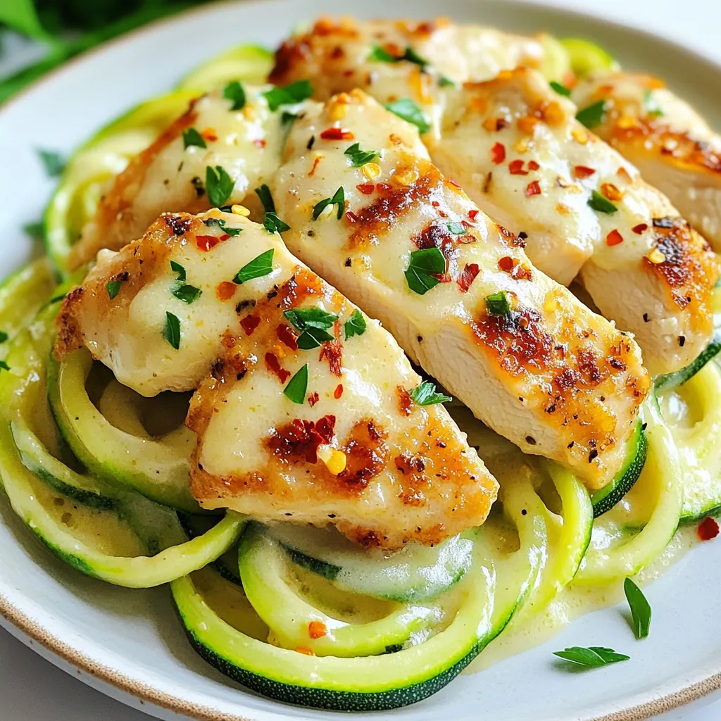 - 2 medium zucchinis, spiralized into noodles - 1 pound boneless, skinless chicken breast, thinly sliced - 1 cup heavy cream - 1 cup freshly grated Parmesan cheese - 2 tablespoons extra virgin olive oil - 3 cloves garlic, minced - 1 teaspoon Italian seasoning - Salt and freshly ground black pepper to taste - Fresh parsley, chopped (for garnish) - Red pepper flakes (optional for added spice) Using quality ingredients makes a big difference. Fresh zucchini adds great flavor and texture. Choose firm zucchinis with smooth skin. For chicken, select organic or free-range if possible. This ensures better taste and quality. Freshly grated Parmesan cheese melts well and gives a creamy sauce. Heavy cream should be real, not a substitute, to achieve that rich Alfredo texture. You can swap zucchinis with other veggies if you like. Carrots or squash can work well. For a lighter sauce, use half-and-half instead of heavy cream. If you're dairy-free, try cashew cream or coconut cream. For the chicken, you can use shrimp or tofu for a different protein option. Just ensure to adjust the cooking time as needed. {{ingredient_image_2}} To start, spiralize two medium zucchinis. This makes the noodles fun and light. If you don't have a spiralizer, use a vegetable peeler. Cut the zucchini into thin ribbons. After you spiralize, place the noodles on a paper towel. This helps soak up extra moisture. This step keeps your dish from becoming watery. Next, heat two tablespoons of extra virgin olive oil in a large skillet over medium heat. Once it's hot, add one pound of thinly sliced chicken breast. Season it well with salt, black pepper, and one teaspoon of Italian seasoning. Cook the chicken for about five to seven minutes. Stir it occasionally until it's golden brown and reaches 165°F. When done, move the chicken to a plate to keep warm. In the same skillet, lower the heat a bit. Add three minced garlic cloves. Sauté the garlic for about one minute until it smells great. Be careful not to burn it! Then, add one cup of heavy cream to the skillet. Stir continuously as it heats. Let it simmer gently, thickening slightly. Now, it's time to add flavor! Gradually sprinkle in one cup of freshly grated Parmesan cheese. Keep stirring until the cheese melts and the sauce is smooth. If the sauce is too thick, add a splash of water or chicken broth. Once the sauce is ready, return the cooked chicken to the skillet. Gently toss in the zucchini noodles. Cook everything for another two to three minutes. Stir frequently to coat the noodles in that creamy sauce. Taste your dish and adjust the seasoning with more salt, pepper, or red pepper flakes for spice. Plate the Zucchini Noodle Chicken Alfredo beautifully. You can twirl the noodles into a nest and arrange the chicken around it. Garnish with fresh parsley for a pop of color. Enjoy your delightful and healthy dinner! To make perfect zucchini noodles, start with fresh zucchinis. Look for firm ones without soft spots. Spiralize them into long strands using a spiralizer or a vegetable peeler. After cutting, lay the noodles on a paper towel. This step helps absorb extra moisture. Too much moisture can make your dish watery. For the best Alfredo sauce, use fresh ingredients. Start with minced garlic in hot olive oil. Sauté until fragrant, but don’t burn it. Next, add heavy cream and let it simmer gently. Stir continuously to avoid lumps. Gradually mix in the grated Parmesan cheese. This helps create a smooth and creamy sauce. If it feels too thick, add a splash of water or broth. Store leftover Zucchini Noodle Chicken Alfredo in an airtight container. Keep it in the fridge for up to three days. If you plan to freeze it, do so before adding the zucchini noodles. They can become mushy after freezing. When ready to eat, thaw it overnight in the fridge and reheat gently on the stove. Pro Tips Choose Firm Zucchini: Select firm zucchinis for spiralizing to ensure they hold their shape and texture when cooked. Timing is Key: Add the zucchini noodles at the end of cooking to avoid overcooking and losing their crunch. Customize Your Sauce: Add a pinch of nutmeg to the Alfredo sauce for a warm, nutty flavor that enhances the creaminess. Leftover Storage: Store any leftovers in an airtight container in the fridge for up to 2 days. Reheat gently on the stove to maintain texture. {{image_4}} If you're looking for low-carb options, zucchini noodles are perfect. They have fewer carbs than traditional pasta. You can also try other veggie noodles, like spaghetti squash or shirataki noodles. They add unique flavors and textures to your meal. These options keep the dish light and fresh, making it great for any diet. You can easily boost nutrition by adding more veggies. Consider using bell peppers, spinach, or broccoli. Just sauté them with the chicken for extra flavor. You can also mix in cherry tomatoes for a burst of sweetness. These additions not only enhance taste but also make your dish more colorful and appealing. For protein swaps, you have choices. Try shrimp or tofu if you want a different taste. Both options cook quickly and absorb flavors well. Grilled salmon is another great choice. It pairs nicely with the creamy sauce. These substitutions keep the dish exciting while catering to various diets. After you make Zucchini Noodle Chicken Alfredo, let it cool to room temperature. Place it in an airtight container. It will keep well in the fridge for up to three days. To keep the zucchini fresh, avoid mixing it with the sauce until you're ready to eat. You can freeze this dish, but the texture may change. If you choose to freeze it, store it in a freezer-safe container. It will last for about two months. To freeze, separate the chicken and sauce from the zucchini noodles. This helps maintain their texture. When you’re ready to eat, thaw the dish overnight in the fridge. Reheat on the stove over low heat. Stir gently until warmed through. If the sauce is too thick, add a splash of cream or broth. This will help bring it back to life. Enjoy your meal! Yes, you can use other noodles. Common choices include spaghetti or fettuccine. If you want a gluten-free option, try rice noodles. Whole wheat noodles are great for added nutrition. Just cook them according to package directions. Then, mix them with the sauce as you would with zucchini noodles. To make Zucchini Noodle Chicken Alfredo dairy-free, substitute the heavy cream. Use coconut cream or cashew cream instead. You can also replace Parmesan cheese with nutritional yeast for a cheesy flavor. These swaps keep the dish creamy and delicious without dairy. Yes, this dish can be healthy! Zucchini noodles are low in carbs and calories. They add fiber and nutrients. The chicken provides lean protein. For a lighter sauce, you can reduce the heavy cream. This way, you keep flavor while making it more nutritious. Pair this dish with a simple green salad for a fresh side. Garlic bread is a tasty option, too. For something lighter, serve steamed broccoli or asparagus. These sides complement the creamy Alfredo well and add color to your plate. In this post, we explored how to make Zucchini Noodle Chicken Alfredo. We discussed the ingredients needed, the step-by-step cooking process, and helpful tips for best results. I shared variations for different diets and how to store leftovers. Remember, you can easily swap ingredients to suit your tastes. This dish is an easy way to enjoy fresh veggies. With practice, you’ll perfect your creamy Alfredo in no time. Enjoy your cooking journey!