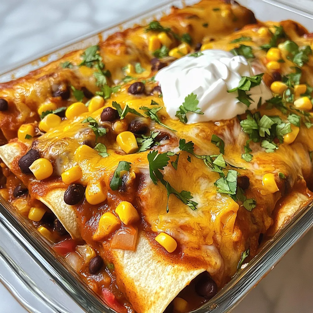 - 2 cups black beans, rinsed and drained - 1 cup corn kernels (fresh or frozen) - 1 cup shredded cheese (cheddar or Mexican blend) - 1/2 cup diced red onion - 1 teaspoon ground cumin - 1 teaspoon garlic powder - 1 teaspoon chili powder - 8 small corn tortillas - 2 cups enchilada sauce (store-bought or homemade) Bean and cheese enchiladas are a simple and tasty dish. You will love how easy it is to prepare. The black beans and corn give a good source of protein and fiber. The shredded cheese adds creaminess and flavor. I always rinse and drain the black beans well. This step keeps the dish from being too wet. Use fresh or frozen corn for sweetness. Both will work well in the recipe. For seasonings, I rely on ground cumin, garlic powder, and chili powder. These spices bring warmth and depth to the dish. You can adjust the amounts to fit your taste. Don’t forget the tortillas! I prefer small corn tortillas because they roll easily. They hold the filling well without tearing. The enchilada sauce ties everything together. You can buy it or make your own for more flavor. This mix of ingredients makes for a fun and flavorful meal. You can serve it with sour cream and cilantro on top for extra zest. Enjoy! {{ingredient_image_2}} 1. Start by preheating your oven to 375°F (190°C). This ensures the enchiladas cook evenly. 2. In a large bowl, mix the black beans, corn, and half the cheese. 3. Add the diced onion, ground cumin, garlic powder, and chili powder. 4. Stir well until everything blends together nicely. 1. Heat a skillet on medium heat. This will help soften the tortillas. 2. Take one tortilla and place it in the skillet. Toast it for about 30 seconds on each side. 3. Repeat this for all tortillas. This step is key to prevent tearing when you roll them. 1. Grab a warm tortilla and add a spoonful of the bean mixture in the center. 2. Carefully roll the tortilla, tucking in the sides as you go. 3. Place the rolled tortilla seam-side down in a baking dish. 4. Do this for all tortillas until the dish is filled. 5. Pour the enchilada sauce evenly over the rolled tortillas. 6. Sprinkle the remaining cheese on top for a cheesy finish. 7. Place the baking dish in the oven for 20-25 minutes. Look for bubbling cheese and a light golden color. 8. Once done, take the dish out and let it cool for a few minutes. 9. Garnish with chopped cilantro for extra flavor. Serve warm, and enjoy your delicious enchiladas! To make the best enchiladas, keep the tortillas whole. Heat a skillet, and gently toast each tortilla for about 30 seconds. This step makes them soft and easy to roll. If you skip this, they may tear. Pour the enchilada sauce evenly over the rolled tortillas. Make sure each one gets enough sauce. This helps keep them moist while baking. Sprinkle the cheese on top evenly too. It melts better and gives a great look. Garnish your enchiladas for extra flair. Fresh cilantro adds a nice touch. Chopped green onions or sliced jalapeños can work too. A dollop of sour cream makes a great addition, adding creaminess. Pair your enchiladas with sides like rice or beans. A simple salad can brighten up the meal. For drinks, try a light beer or iced tea. Both complement the flavors well. You only need a few tools to make your enchiladas. A large mixing bowl is essential for combining the filling. A skillet helps toast the tortillas perfectly. Choose a baking dish that fits your enchiladas well. A 9x13 inch dish works great. It allows space for all the rolled tortillas. Make sure it’s safe for the oven. By following these tips, you can create delicious bean and cheese enchiladas that everyone will love! Pro Tips Prepping the Tortillas: Heat the tortillas in a skillet to make them pliable; this prevents tearing when you roll them up. Customize Your Cheese: Try mixing different types of cheese for a unique flavor profile; pepper jack adds a spicy kick! Make Ahead: Assemble the enchiladas ahead of time and refrigerate them. Bake just before serving for a fresh, hot meal. Garnish for Flavor: Don't skip the cilantro! It adds a fresh flavor that complements the richness of the cheese and beans. {{image_4}} You can easily make your bean and cheese enchiladas more vibrant. Add veggies like bell peppers or zucchini. These add color and nutrition. You can also use different beans. Try pinto or kidney beans for a new taste. If you need gluten-free options, look for gluten-free tortillas. Many brands offer great choices that taste good. For those avoiding dairy, choose dairy-free cheese alternatives. Brands now offer options that melt well, keeping your enchiladas creamy. To make your enchiladas more exciting, add spices for heat. Consider jalapeños or cayenne pepper for a kick. Mixing in different cheeses can also change the flavor. Try Monterey Jack or pepper jack for a fun twist. To keep your enchiladas fresh, store them in the fridge. Place them in an airtight container. This helps prevent them from drying out. You can also wrap them tightly in plastic wrap. They will stay good for about 3-5 days. You can reheat your enchiladas in the oven or microwave. For the oven, preheat to 350°F (175°C). Place the enchiladas in a baking dish and cover with foil. Heat for about 15-20 minutes. This method keeps them crispy. If you use the microwave, heat them on a microwave-safe plate. Cover with a damp paper towel to keep them moist. Heat for about 1-2 minutes, checking often. To freeze enchiladas, let them cool completely first. Wrap each enchilada in plastic wrap, then place them in a freezer bag. Remove as much air as possible to prevent freezer burn. They can last up to 3 months in the freezer. To thaw, move them to the fridge overnight. Reheat them in the oven for the best texture. Bean and cheese enchiladas are a classic dish. They usually have soft corn tortillas filled with beans and cheese. Black beans are the most common choice. You can use other beans too, like pinto. The enchiladas are then topped with a rich sauce and more cheese. The sauce can be red or green and adds great flavor. Yes, you can make enchiladas ahead of time. Prepare the filling and roll the tortillas. Place them in a baking dish. Cover the dish with plastic wrap and store it in the fridge. You can bake them the next day. Just add a few extra minutes to the baking time. This makes it easy to enjoy a quick meal. To add heat, consider using spicy peppers. You can chop jalapeños and mix them in the filling. Another option is to use a spicier enchilada sauce. Look for sauces labeled as "hot" or "spicy" at the store. If you like heat, add more chili powder to the filling. Adjust to your taste for the perfect kick. Yes, you can use store-bought enchilada sauce. It saves time and is very convenient. However, homemade sauce can have better flavor and freshness. If you make it from scratch, you can adjust the spices to your liking. Try both options to see which you prefer. Each has its benefits! In this post, we explored how to make tasty bean and cheese enchiladas. We discussed main ingredients like black beans, corn, and cheese. I shared methods for prepping, rolling, and baking. You learned tips to perfect your enchiladas and variations for all diets. Remember, these enchiladas are versatile and fun to make. Feel free to customize them as you wish. Enjoy this dish with your favorite toppings! Your cooking adventure can lead to delicious results. Dive in and share your creations!