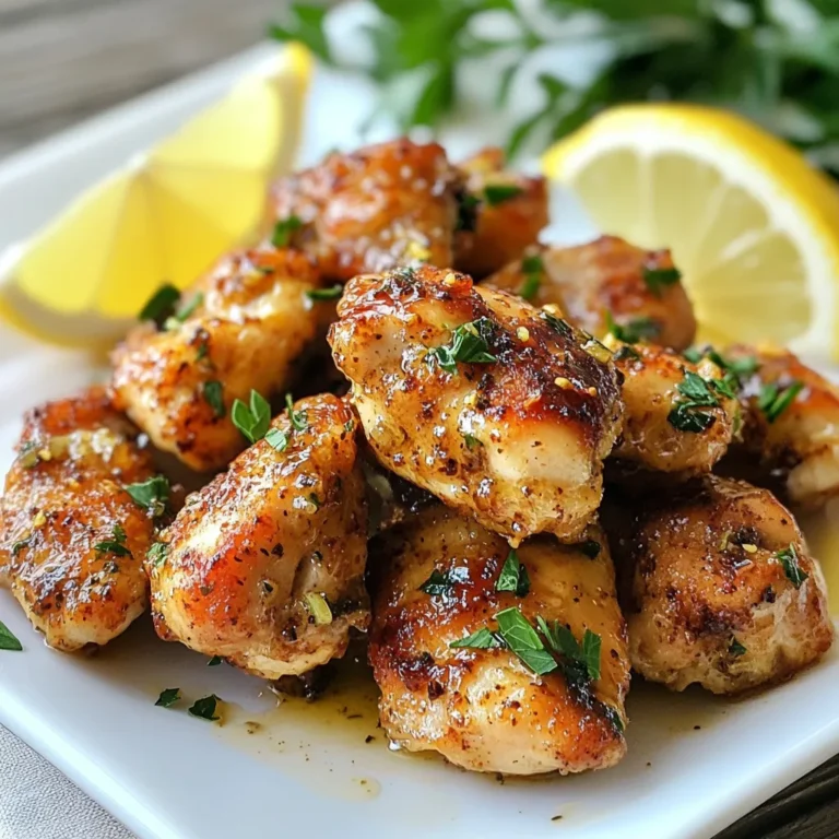 - 1 pound boneless, skinless chicken breasts, cut into bite-sized pieces - 4 tablespoons unsalted butter - 5 cloves garlic, finely minced - 1 teaspoon smoked paprika - 1 teaspoon Italian seasoning blend - Salt and freshly ground black pepper, to taste - 2 tablespoons fresh parsley, finely chopped (for garnish) - Juice of 1 medium lemon This recipe makes enough for four servings. Each serving is about one cup of chicken bites. To make meal prep easy, divide the chicken into four equal portions. You can also adjust the size based on your needs. Serve these bites as an appetizer or a main dish alongside rice or veggies. Enjoy the flavor with friends or family! {{ingredient_image_2}} Start by heating a large skillet on medium-high heat. Add four tablespoons of unsalted butter. Let the butter melt until it foams. Be careful not to let it brown. Once the butter is foamy, add five cloves of finely minced garlic. Sauté the garlic for about 30 seconds. Stir it to avoid burning. When the garlic smells great, add one pound of bite-sized chicken pieces. Season with one teaspoon of smoked paprika, one teaspoon of Italian seasoning, salt, and freshly ground black pepper. Stir well to coat all the chicken pieces with the garlic and spices. Cook the chicken for 8 to 10 minutes. Stir occasionally until it turns golden brown. Use a meat thermometer to check the chicken. It should reach at least 165°F (75°C). After the chicken is cooked, squeeze the juice of one medium lemon over the chicken bites. Stir the mixture to combine. Let it sit for one more minute. Remove the skillet from heat. Garnish the chicken with two tablespoons of finely chopped fresh parsley. This adds a nice color and flavor boost. To make your chicken golden and fully cooked, start with a hot skillet. Heat it over medium-high heat. Add butter, and let it melt until it foams. This step is key. Once the butter is ready, quickly add minced garlic. Stir it for about 30 seconds until it smells great. Then, add the chicken pieces. Make sure they are all coated in spices. Stir them often. Cook until they are golden brown. Use a meat thermometer to check the chicken. It should reach 165°F (75°C) for safety. You can boost the flavors of your chicken bites with more spices. Consider adding chili powder for heat. It adds a nice kick. You could also sprinkle in some onion powder for depth. Fresh herbs like thyme or oregano can bring freshness. Feel free to experiment! Every change can create a new taste. Just remember to balance strong flavors with the garlic butter base. Serving your chicken bites well makes a difference. Use a pretty platter to show them off. Drizzle the leftover garlic butter from the skillet over the top for shine. This adds flavor too! For an extra touch, sprinkle chopped parsley over the bites. It adds a pop of green. Pair them with colorful veggies or rice for a full meal. This makes your dish look inviting and delicious. Pro Tips Use Fresh Ingredients: Fresh garlic and herbs elevate the flavor of the dish significantly compared to dried alternatives. Don’t Overcrowd the Pan: Ensure there’s enough space between chicken pieces in the skillet for even cooking and browning. Adjust Lemon Juice to Taste: Start with half the lemon juice and adjust to your preference for acidity and brightness in the dish. Serve Immediately: Garlic butter chicken bites are best enjoyed fresh off the stove for maximum flavor and texture. {{image_4}} If you want to swap chicken, try shrimp or tofu. Both options work well. - Shrimp: Use peeled and deveined shrimp. Cook them in the same garlic butter sauce. Shrimp cooks fast, so watch them closely. They only need about 3-5 minutes to turn pink. - Tofu: Choose firm tofu for the best texture. Press it to remove extra water. Cut it into bite-sized pieces. Sauté the tofu in the garlic butter until it's golden brown and crispy. This gives you a tasty dish that can fit different diets or preferences. You can change the taste by using different spices and herbs. Here are some fun ideas: - Cajun Seasoning: Add a kick with Cajun spices. This mix gives a bold and zesty flavor. - Lemon Pepper: Use lemon pepper seasoning for a bright and tangy taste. It pairs well with the garlic. - Herbs de Provence: This mix of herbs adds a lovely depth. It works well with the butter and garlic. Feel free to mix and match these blends. Create a flavor you love! You can make garlic butter chicken bites healthier. Here’s how: - Use Olive Oil: Instead of butter, use olive oil. It’s lower in saturated fat and packed with healthy fats. - Lean Chicken: Choose chicken thighs or even turkey for a leaner option. - Add Veggies: Toss in bell peppers, broccoli, or zucchini. This adds nutrition and color to your dish. With these swaps, you can enjoy a delicious meal while sticking to your health goals. To store leftovers safely, let the chicken bites cool first. Once cooled, place them in an airtight container. Make sure to seal it tight to keep the chicken fresh. Store the container in the fridge. Your garlic butter chicken bites will stay good for about three to four days in the refrigerator. If you want to freeze the chicken bites, that’s easy too! Place them in a freezer-safe bag. Remove as much air as you can before sealing. Label the bag with the date. You can freeze them for up to three months. When you’re ready to eat, thaw the bites in the fridge overnight. Reheat them in a skillet over low heat. This way, they will stay juicy and flavorful. When stored properly, your garlic butter chicken bites can last a good while. In the fridge, they last three to four days. If frozen, they can stay tasty for about three months. Just remember, the sooner you eat them, the better they will taste! Yes, you can use frozen chicken for this recipe. Here are some tips: - Thaw the chicken first: Always thaw your chicken in the fridge overnight or use the defrost setting on your microwave. - Adjust cooking time: Frozen chicken takes longer to cook. You may need to add 5-10 minutes to ensure it reaches 165°F (75°C). - Check for doneness: Use a meat thermometer to be sure the chicken is fully cooked and safe to eat. You can pair garlic butter chicken bites with several sides. Here are a few great options: - Steamed vegetables: Broccoli, green beans, or carrots work well. - Rice or quinoa: These grains soak up the garlic butter sauce nicely. - Salad: A fresh green salad adds a nice crunch and balance. - Mashed potatoes: Creamy potatoes complement the savory chicken bites perfectly. To add some heat to your garlic butter chicken bites, consider these options: - Add red pepper flakes: Sprinkle in some red pepper flakes while cooking. - Use spicy paprika: Swap smoked paprika for spicy paprika for a kick. - Hot sauce: Drizzle your favorite hot sauce over the chicken before serving. - Jalapeños: Sauté sliced jalapeños with the garlic for extra spice. In this blog post, we explored how to make delicious garlic butter chicken bites. We discussed the key ingredients, important cooking steps, and helpful tips to get it just right. You can easily customize this dish to fit your taste too. With variations for proteins and health-conscious swaps, everyone can enjoy it. Proper storage ensures your leftovers stay fresh. Try these ideas, and enjoy delicious meals any night. Cooking can be fun and simple!