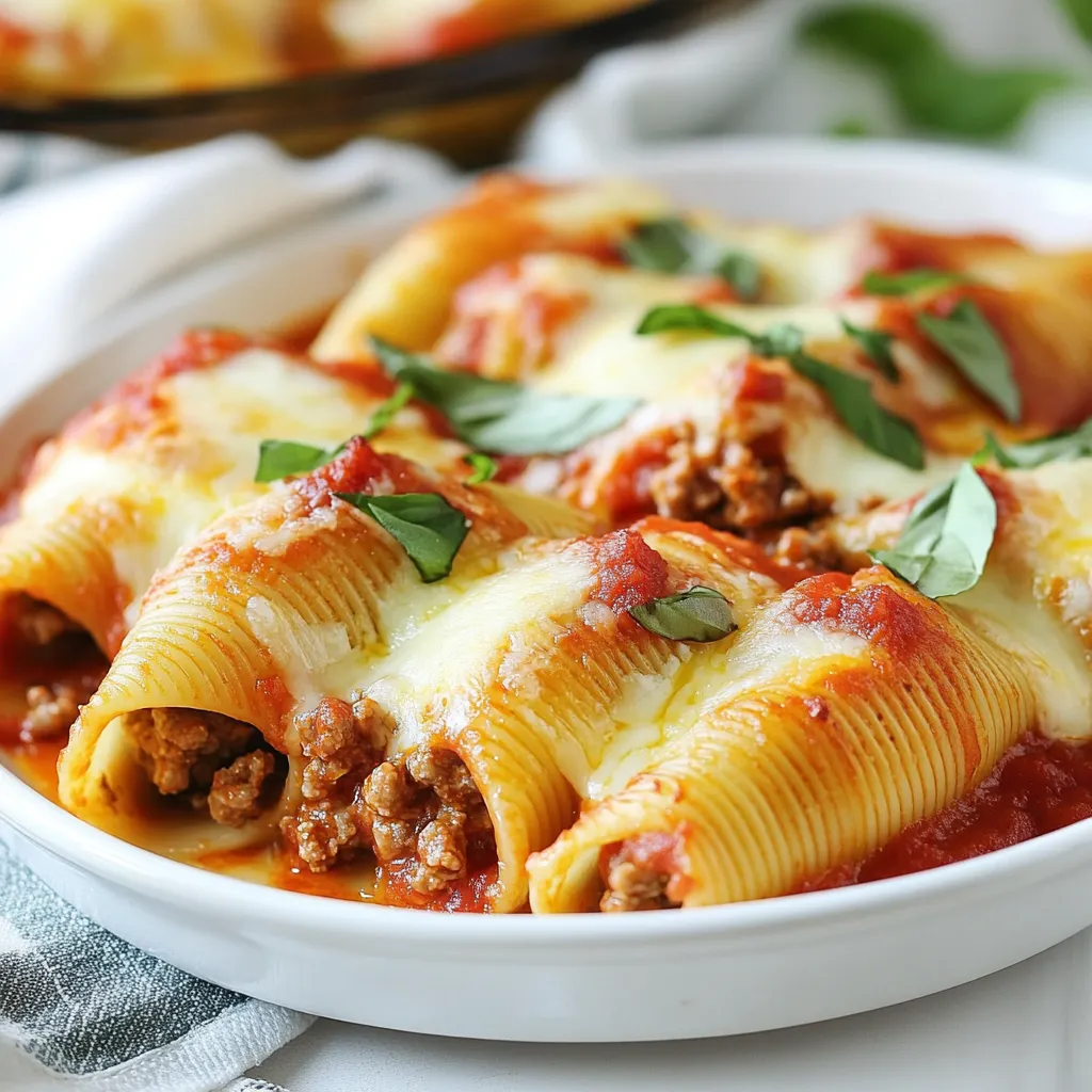 - 12 jumbo pasta shells - 1 pound ground beef - 1 cup ricotta cheese - 1 cup shredded mozzarella cheese - 1/2 cup grated Parmesan cheese - 1 large egg - 2 cups marinara sauce - 2 cloves garlic, finely minced - 1 teaspoon Italian seasoning - Salt and pepper to taste - Fresh basil leaves for garnish To make stuffed shells with beef, gather these simple ingredients. First, you need jumbo pasta shells. They are large and perfect for stuffing. Then, get one pound of ground beef. This adds flavor and protein. Next, you will need ricotta cheese. It gives the filling a creamy texture. Don't forget the shredded mozzarella cheese. It melts beautifully and adds that cheesy goodness. Grated Parmesan cheese brings a salty kick. You will also need one large egg. This helps bind the filling. Marinara sauce is key for flavor and moisture. Garlic adds a lovely aroma. Italian seasoning gives a nice herb blend. Lastly, have salt and pepper on hand to enhance the taste. Use fresh basil leaves for garnish. They add color and freshness to the dish. With these ingredients, you can create a hearty and delicious meal. {{ingredient_image_2}} - Preheat the oven to 375°F (190°C). - In a large pot, bring salted water to a boil. - Add 12 jumbo pasta shells and cook them for 10-12 minutes until al dente. - Drain the shells and set them aside to cool slightly. - In a skillet over medium heat, add 1 pound of ground beef. - Cook for about 5-7 minutes, breaking it into small pieces. - Add 2 cloves of minced garlic and cook for 1-2 minutes. - Season with salt, pepper, and 1 teaspoon of Italian seasoning. - In a large bowl, combine the cooked beef, 1 cup of ricotta cheese, half of the 1 cup of shredded mozzarella, and 1/2 cup of grated Parmesan cheese. - Add 1 large egg to the mix and stir until fully combined and creamy. - Carefully stuff each cooked pasta shell with the beef and cheese mixture. - In a baking dish, pour half of the 2 cups of marinara sauce at the bottom. - Arrange the stuffed shells in a single layer on top of the sauce. - Pour the remaining marinara sauce over the shells and sprinkle the rest of the mozzarella cheese on top. - Cover the dish tightly with aluminum foil and bake for 25 minutes. - After 25 minutes, remove the foil and bake for an additional 10 minutes until the cheese is melted and bubbly. - Let the dish rest for a few minutes and garnish with fresh basil leaves. To make perfect stuffed shells, cook the pasta just right. Aim for al dente. This means the pasta should be firm but not hard. Follow the package directions. Usually, it takes about 10-12 minutes in boiling water. To prevent shells from breaking, handle them gently. Once cooked, let them cool slightly. Use a slotted spoon to lift them out. Avoid stacking them on top of each other. To boost flavor, add fresh herbs like basil or parsley. A pinch of red pepper flakes adds warmth. You can also mix in some sautéed onions for sweetness. For cheese, try alternatives to ricotta. Cream cheese gives a rich taste. Goat cheese adds a tangy twist. Mix these options with the beef for new flavors. For serving, arrange the stuffed shells on a large platter. Drizzle some marinara sauce on top. Add a sprinkle of extra Parmesan for a nice touch. Pair your stuffed shells with a simple side salad. A fresh green salad balances the meal. Garlic bread is another great option to soak up sauce. Pro Tips Pre-soak the shells: Soaking the jumbo pasta shells in warm water for about 10 minutes before cooking can make them more pliable and easier to stuff. Mix up the cheeses: For added flavor, consider mixing in some goat cheese or feta with the ricotta for a tangy twist. Make it ahead: Prepare the stuffed shells in advance and refrigerate them. Just bake them when you're ready to serve for an easy meal. Experiment with sauces: Don't hesitate to try different sauces like Alfredo or pesto instead of marinara for a unique flavor profile. {{image_4}} You can easily swap the ground beef for other meats. Ground turkey or chicken works well. These options create a lighter dish while keeping it tasty. If you want a vegetarian option, try spinach and ricotta. Mix in mushrooms or zucchini for added flavor. These fillings give a fresh twist to stuffed shells. Marinara sauce is classic for stuffed shells. You can make your own or buy it. Homemade sauce can be richer and fresher. Use crushed tomatoes, garlic, and Italian herbs for a simple recipe. If you choose store-bought, look for low-sodium options. This helps keep the dish balanced and healthy. Don't be afraid to try different sauces like Alfredo or pesto for a unique flavor. Jumbo pasta shells are the star here, but you can use other types of pasta. Manicotti or cannelloni are great substitutes. They hold fillings just as well. For a gluten-free option, look for gluten-free pasta shells. These are widely available and work nicely. Just be sure to follow the cooking time on the package for the best results. Store any leftover stuffed shells in an airtight container. Make sure to use a container that fits them well. This helps keep them from drying out. Place your shells in the fridge. They can stay fresh for up to three days. To reheat, use your oven for the best taste. Preheat the oven to 350°F (175°C). Place the shells in a baking dish. Cover them with foil to keep moisture in. Heat for about 20 minutes. Check that they are hot all the way through before serving. You can freeze stuffed shells for later. First, prepare them as usual but do not bake. After stuffing the shells, place them in a single layer in a baking dish. Cover them tightly with plastic wrap and then foil. This helps prevent freezer burn. They can last up to three months in the freezer. When you're ready to eat, take them out. Move the shells to the fridge to thaw overnight. Once thawed, you can bake them as you normally would. Preheat your oven to 375°F (190°C), cover them with marinara sauce, and bake for 25 to 30 minutes. Make sure the cheese is bubbly and golden. Enjoy your tasty meal! Can I make stuffed shells ahead of time? Yes, you can make stuffed shells ahead of time. Prepare the shells and the filling, then stuff them. Place the stuffed shells in a baking dish and add marinara sauce. Cover and refrigerate for up to 24 hours. When ready to bake, add a few extra minutes to your cooking time. How do I prevent the stuffed shells from sticking together? To prevent stuffed shells from sticking, coat them lightly with oil after cooking. You can also place them in a single layer on a baking sheet until you are ready to stuff them. This keeps them from clumping together. What can I substitute for ricotta cheese? If you need a substitute for ricotta cheese, try cottage cheese. Blend it to make it creamy. You can also use cream cheese or goat cheese for a different flavor. Each option gives a unique taste while still being delicious. How long to bake stuffed shells at different temperatures? For stuffed shells, bake at 375°F (190°C) for 25 minutes covered with foil. Remove the foil and bake for another 10 minutes until the cheese is golden. If you bake at a lower temperature, such as 350°F (175°C), add about 5 to 10 extra minutes to the time. Stuffed pasta shells combine rich flavors and textures, making a perfect meal. We covered the key ingredients, step-by-step prep, and baking instructions. I also shared tips to enhance flavor and ways to store leftovers. Remember, you can adapt this dish with meats, sauces, or pasta types. Explore your choices to make it your own. Cooking should be fun and creative, so don’t hesitate to try different options. Enjoy your delicious stuffed shells, and share them with friends or family for a happy meal moment!