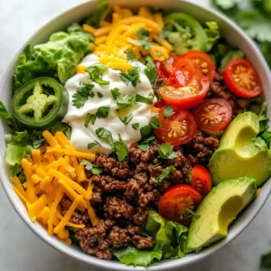 - 1 lb ground beef or turkey - 1 tablespoon olive oil - 1 teaspoon chili powder - 1 teaspoon cumin - 1 teaspoon garlic powder - Salt and pepper to taste The main ingredients create the flavor base of this dish. I prefer ground beef for its rich taste, but turkey is a great option too. You will need olive oil to sauté the meat. The spices like chili powder and cumin add warmth and depth. Garlic powder enhances the overall flavor. Make sure to add salt and pepper to suit your taste. - 4 cups mixed salad greens - 1 cup cherry tomatoes, halved - 1 avocado, diced - 1/2 cup shredded cheese - 1/4 cup sour cream - 1/4 cup fresh cilantro, chopped - 1 jalapeño, sliced (optional) The salad ingredients are fresh and vibrant. I use a mix of greens like romaine, spinach, and arugula. These add crunch and nutrients. Cherry tomatoes bring sweetness, while avocado adds creaminess. You can choose any cheese you like, but I enjoy cheddar or pepper jack. Sour cream gives a smooth finish, while cilantro adds a fresh touch. If you like heat, slice jalapeños for a spicy kick. - Lime wedges Lime wedges are optional but highly recommended. A squeeze of lime juice brightens the flavors in your salad. It adds a zesty twist that complements the dish perfectly. I always serve lime wedges on the side. {{ingredient_image_2}} 1. Start by heating a large skillet over medium heat. Pour in 1 tablespoon of olive oil. Let it warm up for a minute. 2. Add 1 pound of ground beef or turkey into the skillet. Use a spatula to break it into smaller pieces. 3. Sauté the meat for about 5 to 7 minutes. Look for it to turn brown and cook all the way through. 4. Once the meat is browned, add 1 teaspoon of chili powder, 1 teaspoon of cumin, and 1 teaspoon of garlic powder. 5. Don’t forget a pinch of salt and pepper to taste. Stir everything well to coat the meat evenly. 6. Allow the mixture to simmer for another 2 to 3 minutes. This helps all the flavors mix together. Remove the skillet from heat. 1. Grab a large serving bowl. Layer in 4 cups of mixed salad greens. Use a mix of romaine, spinach, and arugula for the base. 2. Spoon the savory cooked meat right over the greens. Spread it out to cover the salad base. 3. Next, add 1 cup of halved cherry tomatoes and 1 diced avocado on top. 4. Finish with 1/2 cup of shredded cheese. Choose your favorite, like cheddar or pepper jack. 1. Drizzle 1/4 cup of sour cream over the entire salad. This adds creaminess and richness. 2. Sprinkle 1/4 cup of chopped fresh cilantro on top. This gives a burst of fresh flavor. 3. For a spicy kick, add slices of jalapeño if you like heat. 4. Serve the salad in individual bowls or place it in the center of the table for family-style dining. 5. Don’t forget to include lime wedges on the side. A squeeze of fresh lime juice adds a zesty finish! - Ensuring the meat is fully cooked: Always cook the ground beef or turkey until it's brown. This usually takes about 5-7 minutes. Use a spatula to break it into small pieces. This helps it cook evenly. - Best practices for seasoning: Add spices like chili powder and cumin after the meat is browned. This allows the flavors to mix well. Don’t forget to salt and pepper to taste. Stir the meat thoroughly to coat it with the spices. - Vibrant bowl options: Choose a clear glass bowl to show off the colorful layers. The greens, tomatoes, and cheese create a fun look. This makes your taco salad feel festive and inviting. - Decorative serving suggestions: For a special touch, arrange the toppings in groups. Place the cheese, tomatoes, and avocado in separate sections. This adds visual appeal and lets guests pick their favorites. - Modifications for low-carb or dairy-free versions: For a low-carb option, skip the beans and corn. You can also use a dairy-free sour cream. There are many great brands that taste just as good! If you want more veggies, add bell peppers or cucumbers. Pro Tips Choose Lean Meat: Opt for lean ground beef or turkey to keep your taco salad lower in fat while still being flavorful. Customize the Greens: Mix and match your salad greens for different textures and flavors; try adding kale or romaine for crunch. Layer for Flavor: When assembling, layer ingredients to create a beautiful presentation that also enhances flavor with each bite. Make it Ahead: Prepare the meat and toppings in advance for an easy, quick assembly at mealtime; just store them separately until ready to serve. {{image_4}} You can change the protein in this dish easily. Ground chicken or turkey work well too. If you want a plant-based option, try lentils or crumbled tofu. These swaps keep the meal tasty. Next, switch up your greens. You can use romaine, spinach, or kale. Each green adds its own flavor. You can also mix in some shredded cabbage for crunch. Add your favorite toppings like radishes or bell peppers for extra color. To spice things up, add more chili powder or paprika. A pinch of cayenne adds heat. If you love bold flavors, try some taco seasoning instead. It gives a great taste boost. You can also add toppings like sliced olives or jalapeños. They add briny and spicy notes. Hot sauce is another fun way to enhance flavor. Choose your favorite brand for a kick. Want to change how you serve this dish? Try making it a wrap! Use large lettuce leaves to hold your fillings. This makes a fun, hand-held meal. Another idea is to use a bowl, but make it smaller. Create bite-sized portions in lettuce boats. This adds a crunchy texture and makes it easy to eat. To keep your Keto Taco Salad fresh, store it in an airtight container. Place the salad greens and toppings in separate containers. This keeps everything crisp. For the meat, let it cool before sealing it up. If you have extra sour cream or avocado, add those just before serving. They can brown quickly. When it's time to reheat the meat, use a skillet over medium heat. Stir it often to avoid burning. You can also microwave it. Just heat it in short bursts to keep it tender. Store your leftovers in the fridge for up to three days. After that, the salad greens may wilt and lose their crunch. The meat should stay safe to eat for a bit longer, but it’s best eaten fresh. Always check for any off smells or changes in texture before consuming. For easy meal prep, cook the meat ahead of time and store it in the fridge. Chop the veggies and keep them in separate containers. This way, you can grab them quickly. I suggest assembling your salad just before serving. This keeps everything fresh and vibrant. Enjoy a delicious meal that feels made just for you! Yes, this recipe is keto-friendly. It uses low-carb ingredients to fit your diet. The ground beef or turkey provides protein with minimal carbs. The mixed salad greens, such as romaine and spinach, are also low in carbs. Toppings like avocado and cheese add healthy fats without adding many carbs. This makes it a great choice for anyone on a keto diet. Yes, you can prepare this dish ahead of time. Cook the meat and store it in the fridge. You can also chop the veggies and mix them in a bowl. Keep the salad greens separate until serving. This keeps them fresh and crisp. Store everything in airtight containers. When you are ready to eat, just assemble your bowl. If you want a change, try ground chicken or pork. You can also use plant-based options like lentils or black beans. These provide protein and fit well in the salad. If you want a leaner option, you can use tofu or tempeh. These swaps keep the dish tasty and satisfying. This blog post covers tasty salad ideas with ground beef or turkey. You learned about key ingredients, like fresh greens and savory toppings. We explored step-by-step cooking and assembling methods, alongside helpful tips for perfecting your dish. You now know how to store leftovers safely and even make variations. Remember, you can switch ingredients and find what you love. Enjoy creating your salad masterpiece!