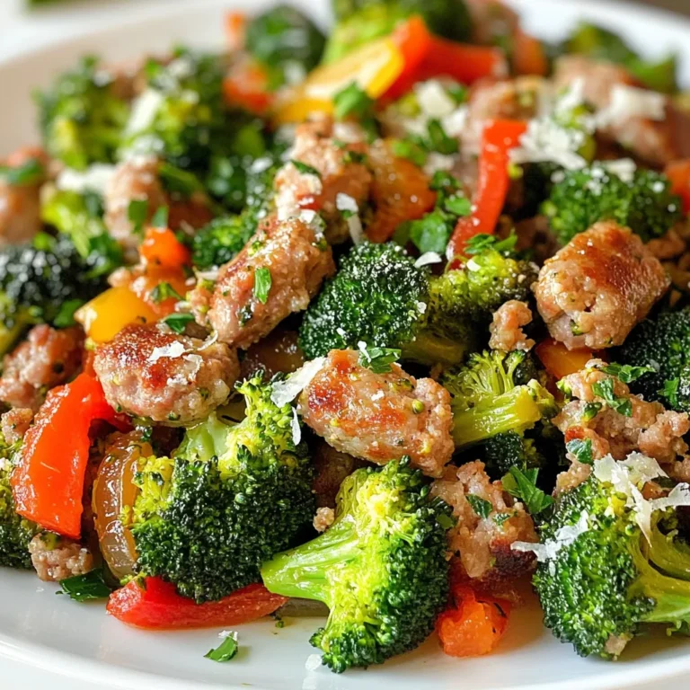 - 1 pound Italian sausage - 4 cups fresh broccoli florets - 1 medium onion - 3 cloves garlic - 1 red bell pepper - 1 tablespoon olive oil - 1 teaspoon red pepper flakes - Salt and pepper to taste - ½ cup grated Parmesan cheese - Fresh parsley for garnish - Large skillet - Spatula - Measuring spoons and cups The main ingredients for this dish are simple and fresh. You need Italian sausage, which brings great flavor. You can pick either mild or spicy sausage based on your taste. Fresh broccoli adds a nice crunch and bright color. The onion and garlic bring a sweet and savory taste, while the red bell pepper adds a hint of sweetness. For seasonings, olive oil helps cook everything beautifully. Red pepper flakes give a touch of heat, but you can skip them if you prefer less spice. Always season with salt and pepper to make the flavors pop. The Parmesan cheese melts and adds a creamy richness, and fresh parsley finishes the dish with a fresh touch. You will need a large skillet, a spatula for stirring, and measuring spoons and cups to get your ingredients just right. Having these tools ready makes cooking smooth and fun. {{ingredient_image_2}} 1. Heat a large skillet over medium heat. Add one tablespoon of olive oil. 2. Once the oil shimmers, take your Italian sausage. Remove the casing carefully. 3. Crumble the sausage into the skillet. Stir frequently with a spatula. 4. Cook the sausage until it turns brown, about 5 to 7 minutes. 1. When the sausage is browned, add the thinly sliced onion. 2. Next, toss in the red bell pepper strips. Stir to mix. 3. Add the minced garlic for flavor. Sauté for 3 to 4 minutes. 4. Cook until the onion and pepper become tender and fragrant. 1. Gently fold in the fresh broccoli florets. Stir everything together. 2. Pour in about ¼ cup of water. This adds steam for the broccoli. 3. Cover the skillet with a lid. Let it cook for 5 to 6 minutes. 4. The broccoli should turn bright green and stay crisp. 5. After cooking, uncover the skillet. Season with red pepper flakes, salt, and black pepper. 6. Sprinkle ½ cup of grated Parmesan cheese on top. Stir gently to combine. 7. Cook for another 2 minutes, stirring occasionally, until the cheese melts. 8. Remove from heat and garnish with fresh chopped parsley before serving. To ensure your sausage is cooked through, use a spatula to break it apart in the skillet. Cook it until it turns brown and no pink remains, about 5 to 7 minutes. Timing is key when adding each ingredient. Add the onion and red bell pepper right after the sausage. Sauté them for 3 to 4 minutes before adding garlic. This step builds a deep flavor base. When you add broccoli, pour in ¼ cup of water. This creates steam that helps cook the broccoli evenly. Cover the skillet for 5 to 6 minutes until the broccoli is bright green and tender. If you want a lighter option, use chicken or turkey sausage instead of Italian sausage. Both choices work well and keep the dish tasty. For last-minute additions, consider tossing in some cherry tomatoes or spinach. They add color and freshness. Serve the dish hot in shallow bowls. This allows the vibrant colors to shine. For a nice touch, sprinkle extra Parmesan on top and add a twist of black pepper. You can also pair it with crusty bread or a simple green salad for a complete meal. Pro Tips Choose Your Sausage Wisely: Depending on your preference for spice, select either mild or spicy Italian sausage to best suit your taste buds. Perfect Broccoli Texture: Avoid overcooking the broccoli; it should be bright green and tender-crisp for the best flavor and texture. Garlic Infusion: Add minced garlic just before the vegetables to maximize its aromatic qualities without burning it. Garnish for Presentation: Fresh parsley not only adds a pop of color but also enhances the dish's flavor, making it more appealing. {{image_4}} Want more heat in your Sausage and Broccoli Skillet? You can add more red pepper flakes. Start with one teaspoon and taste as you go. Adjust it based on your heat preference. You can also use spicy sausage varieties. Look for Italian sausage labeled as hot or spicy. This adds a bold flavor and a kick to your dish. If you want a meatless option, substitute the sausage with plant-based alternatives. Look for veggie sausage or mushrooms for a hearty texture. You can also add more vegetables to enrich the dish. Consider adding bell peppers, zucchini, or carrots. These choices will add color, flavor, and nutrition, making it just as delightful. For a complete meal, think about adding pasta or rice. Cook your pasta in the same skillet after the sausage and veggies. This saves time and adds flavor. Adjust cooking times accordingly. If you add rice, ensure it cooks through. Follow package instructions for best results. This method makes your meal filling and easy to serve. To keep leftovers fresh, store them in an airtight container. Glass or plastic containers work well. Make sure to cool the dish to room temperature before sealing it. This helps prevent moisture buildup. You can store the dish in the fridge for up to three days. The best way to reheat this dish is on the stove. Heat it in a skillet over medium heat. Stir often to warm it evenly. You can also use a microwave, but be careful. If you microwave it, add a splash of water to keep the broccoli crisp. This will help avoid sogginess. Yes, you can freeze this dish. To freeze, let it cool completely. Then, place it in a freezer-safe container. Remove as much air as possible before sealing. This helps prevent freezer burn. When you're ready to enjoy it, thaw it overnight in the fridge. Reheat it on the stove for the best taste. Yes, you can use frozen broccoli. It is quick and easy. Here are the pros and cons: - Pros: Frozen broccoli is convenient and has a long shelf life. It can save time. - Cons: Frozen broccoli may be softer than fresh. It can lose some crunch when cooked. Cooking sausage usually takes about 5 to 7 minutes. Here are some general times for different types: - Italian Sausage (ground): 5 to 7 minutes until browned. - Links: 10 to 15 minutes, turning often, until cooked through. - Chicken or Turkey Sausage: 7 to 10 minutes, also until cooked through. This skillet dish is versatile and pairs well with many sides. Here are some great options: - Rice: White or brown rice soaks up the flavors. - Pasta: Use a simple pasta for a filling meal. - Bread: Crusty bread is perfect for dipping. - Salad: A fresh green salad adds a nice crunch. This blog covered how to make a delicious sausage and broccoli skillet. We explored the key ingredients, cooking steps, tips, and variations for customization. You can make it spicy or vegetarian, or even turn it into a full meal with pasta. Store leftovers properly and reheat them for the best taste. Enjoy this dish with family and friends, and feel free to experiment! Happy cooking!