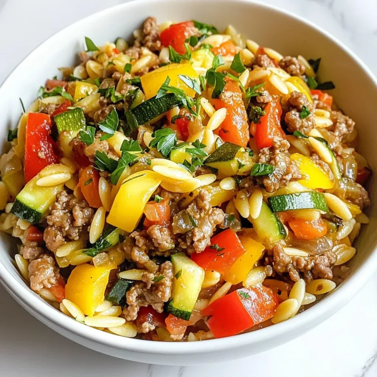 - 1 pound ground turkey - 1 cup orzo pasta - 1 medium onion, diced - 2 cloves garlic, minced - 1 red bell pepper, diced - 1 zucchini, diced Ground turkey is lean and flavorful. It cooks quickly and keeps your meal light. Orzo pasta is small and cooks fast, soaking up flavors well. The vegetables add color and nutrition. Onion gives a sweet base, while garlic adds depth. Red bell pepper brings crunch and sweetness. Zucchini provides moisture and a mild taste. - 1 teaspoon dried oregano - 1 teaspoon smoked paprika - 2 cups chicken broth Dried oregano adds a warm, earthy taste. Smoked paprika gives a nice, subtle smokiness. Chicken broth is key for rich flavor. It helps meld all the ingredients together. This broth keeps the dish moist and delicious. - 1 tablespoon lemon juice - Fresh parsley, chopped (for garnish) - Salt and pepper, to taste Lemon juice brightens the dish and balances flavors. Fresh parsley adds a touch of color and freshness. Salt and pepper elevate every bite. Adjust these to fit your taste. {{ingredient_image_2}} - Sauté onion and garlic Heat 2 tablespoons of olive oil in a large skillet over medium heat. When the oil shimmers, add the diced onion. Cook it for about 3-4 minutes until it softens and turns clear. Then, add 2 cloves of minced garlic. Stir for 2 more minutes until the garlic smells great. - Brown ground turkey Turn the heat to medium-high. Add 1 pound of ground turkey to the skillet. Use a spatula to break it apart as it cooks. Sauté for about 5-6 minutes until it’s browned and no longer pink. Make sure to stir it often for even cooking. - Incorporate vegetables and seasonings Add 1 diced red bell pepper, 1 diced zucchini, 1 teaspoon of dried oregano, and 1 teaspoon of smoked paprika to the skillet. Season with salt and pepper to taste. Cook everything together for another 3 minutes. This helps the vegetables soften and blend flavors. - Mix in orzo and broth Stir in 1 cup of orzo pasta, making sure it mixes well with the turkey and veggies. Pour in 2 cups of chicken broth and bring the mixture to a gentle boil. Once it’s boiling, reduce the heat to low. Cover the skillet and let it simmer for about 10-12 minutes. This cooks the orzo and allows it to absorb most of the liquid. - Stir in lemon juice After the orzo is tender, remove the skillet from the heat. Add 1 tablespoon of lemon juice for a fresh taste. Taste the dish and adjust the seasoning with more salt and pepper if you like. - Garnish before serving Let the dish rest for a few minutes before serving. For a nice touch, garnish with chopped parsley. This adds color and flavor to your meal. - Perfectly sautéing vegetables: Start with a hot skillet and olive oil. Add your onion first. Cook it until soft. Then, add garlic and bell pepper. Cook for a short time until fragrant. This builds a great base for flavor. - Ensuring turkey is fully cooked: Cook ground turkey until it is brown and no longer pink. Use a spatula to break it up as it cooks. This ensures even cooking. Always check the center for doneness. The turkey should reach an internal temperature of 165°F. - Presentation ideas with garnishes: Serve your dish in shallow bowls. This way, the bright veggies stand out. Top with chopped parsley for color and a lemon wedge for zing. It makes the dish look fresh and inviting. - Serving bowls and accompaniments: Use wide, shallow bowls to show off the dish. Pair it with crusty bread or a simple salad. These sides add texture and balance to the meal. - How to adjust cooking times for different stoves: Stoves vary in heat. If your stove runs hot, reduce cooking times slightly. If it runs cool, increase the cooking times. Always watch your dish closely. - Best ways to check doneness of orzo: Taste a piece of orzo to check if it’s tender. It should be soft but not mushy. The orzo is done when it absorbs most of the broth but is still moist. Pro Tips Keep It Moist: To ensure your orzo doesn't get too dry, monitor the cooking time and add a splash more chicken broth if needed. Customize the Veggies: Feel free to swap in your favorite vegetables such as spinach, kale, or peas for added nutrition and flavor. Spice It Up: For an extra kick, add a pinch of red pepper flakes or cayenne pepper when cooking the ground turkey. Perfect Garnish: Fresh herbs like basil or mint can elevate the flavor; try them instead of parsley for a unique twist. {{image_4}} You can swap out ground turkey for other meats. Ground chicken or beef works well. Each adds its own flavor. For pasta, try quinoa or whole wheat orzo. These options can change the meal's texture and taste. Boost the flavor by adding spices like cumin or chili powder. These spices add warmth and depth. You can also mix in more vegetables. Spinach and kale offer extra nutrients. They can brighten up your dish and add color. If you need gluten-free options, use gluten-free pasta. This keeps the dish safe for those with gluten sensitivity. For a low-carb version, consider substituting orzo with cauliflower rice. This keeps the meal light and hearty without the carbs. To keep your ground turkey and orzo dish fresh, store leftovers in the fridge. Use an airtight container to prevent moisture loss. It’s best to refrigerate within two hours of cooking. This practice helps keep the flavors intact and reduces the risk of spoilage. For freezing, let the dish cool completely. Then, transfer it to a freezer-safe container. Make sure to leave some space at the top, as the food will expand when frozen. Label the container with the date for easy tracking. You can reheat leftovers in several ways. The microwave is quick and easy. Place the dish in a microwave-safe bowl, cover it with a lid or a plate, and heat for one to two minutes. Stir halfway through for even heating. If you prefer the stovetop, pour the leftovers into a skillet. Add a splash of chicken broth or water to keep it moist. Heat over medium-low, stirring occasionally. This method helps maintain the dish's texture and flavor. In the refrigerator, your ground turkey and orzo will last for about three to four days. Always check for signs of spoilage before eating. If it smells off or looks discolored, it's best to throw it away. When frozen, the dish can last for up to three months. After this time, the quality may decline. To ensure freshness, use the dish within the recommended time frame. Can I make this dish ahead of time? Yes, you can make this dish ahead of time. Cook it fully and let it cool. Store it in the fridge for up to three days. When you are ready to eat, reheat it on the stove or in the microwave. Is it possible to make this recipe in one pot? Yes, you can make this recipe in one pot. Use a large skillet or pot. Cook the veggies, turkey, and orzo all in the same pan. This saves time and makes cleanup easier. How many calories are in a serving? Each serving has about 350 calories. The exact number may vary based on your ingredients and portions. What is the protein content of ground turkey and orzo? Ground turkey is a great source of protein. A serving of this dish gives around 25 grams of protein. The orzo adds more nutrients too. How do I know when the turkey is fully cooked? You know the turkey is fully cooked when it turns brown and is no longer pink inside. You can also use a meat thermometer. The safe internal temperature is 165°F. Can I use leftover turkey in this recipe? Yes, using leftover turkey is a smart idea. Just chop it up and add it when you cook the veggies. This saves time and adds flavor to the dish. This blog post covered a flavorful turkey orzo dish. We explored key ingredients like ground turkey, orzo, and fresh veggies. I provided easy steps for cooking and tips for perfecting the dish. You can switch ingredients and find ways to enhance flavors. I also shared storage tips to keep your leftovers fresh. Remember, you can adapt this meal to suit your needs. Enjoy cooking and trying new flavors that make every bite count. Your kitchen adventures can lead to delicious meals for everyone.