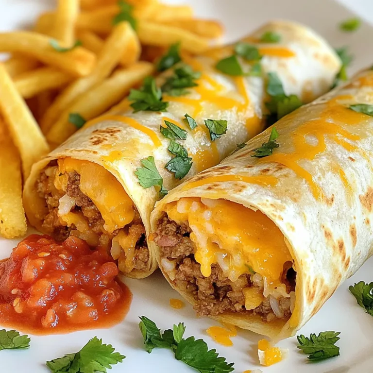 - 1 pound ground beef - 1 cup shredded sharp cheddar cheese - 1 cup refried beans - 1 cup cooked white or brown rice - ½ cup diced tomatoes (fresh or canned) - ½ cup finely diced onions - 2 cloves garlic, minced - 1 tablespoon taco seasoning - 4 large flour tortillas - 2 cups frozen French fries - 2 tablespoons extra virgin olive oil - Salt and freshly ground black pepper to taste - Fresh cilantro, chopped - Salsa - Sour cream The main ingredients for Cheesy Beef Burritos include ground beef, cheese, and tortillas. You need these key items to create a delicious filling. The refried beans and rice add creaminess and bulk. Diced tomatoes, onions, and garlic bring flavor to the mix. Taco seasoning gives it that classic burrito taste. For the fries, you can choose your favorite frozen French fries. They save time and add a nice crunch. Just toss them with olive oil, salt, and pepper for extra flavor. Adding optional toppings can elevate your dish. Fresh cilantro adds brightness. Salsa and sour cream enhance the flavors and provide a tasty dip. Feel free to mix and match based on your taste! {{ingredient_image_2}} First, you need to preheat your oven. Check the package of your frozen French fries for the right temperature. This step makes sure your fries are ready when the burritos are done. Next, gather all your ingredients. You will need ground beef, cheese, refried beans, rice, tomatoes, onions, garlic, taco seasoning, tortillas, and French fries. In a large skillet, heat two tablespoons of olive oil over medium heat. When the oil is hot, add the diced onions and minced garlic. Cook these for about 2-3 minutes. Stir them often until the onions look clear and smell great. Then, add the ground beef to the skillet. Break it apart with a spatula. Cook it for about 5-7 minutes until it turns brown. If there's extra fat, drain it out. Next, mix in the taco seasoning and diced tomatoes. Add a sprinkle of salt and black pepper. Let this cook for another 2-3 minutes. The flavors will blend nicely. Now, it’s time to build your burritos. Take a flour tortilla and lay it flat. Spoon about ⅓ cup of the beef mixture in the middle. Add a few spoonfuls of the bean and rice mixture next. Top it off with a generous amount of cheddar cheese. To roll it, fold the sides of the tortilla over the filling. Then, start at the bottom and roll it tightly upward. Repeat this step for the other tortillas. Place the burritos seam-side down on a baking sheet. If you like, sprinkle some leftover cheese on top. Bake them in the oven for 10-15 minutes until golden and crispy. While the burritos bake, you can cook the frozen French fries. Follow the package instructions for the best results. You can bake them in the oven or use an air fryer. Aim for a crispy finish, which will pair perfectly with your burritos. To fold your burrito right, start with a flat tortilla. Spoon the beef mixture in the center. Then, fold in the sides tightly. Next, roll from the bottom to the top. This helps keep all the goodness inside. A good fold means less mess when you eat! To add more flavor to the beef, you can use fresh herbs like cilantro or parsley. A splash of lime juice adds brightness. If you like heat, try adding jalapeños or hot sauce to the meat. You can also mix in some corn or black beans for extra texture. These small changes can make your burrito even tastier! For crispy tortillas, place the burritos seam-side down on the baking sheet. Bake them until golden brown, about 10-15 minutes. If you want extra crisp, use a little oil on top. You can also sprinkle more cheese on top for a cheesy crust. This step makes the burritos look and taste amazing! Pro Tips Tip Title: Use Fresh Ingredients: For the best flavor, use fresh tomatoes and onions. Fresh ingredients elevate the taste of your burritos significantly. Tip Title: Customize Your Fillings: Feel free to add other ingredients like bell peppers, corn, or even avocado to the filling for extra flavor and texture. Tip Title: Perfect Burrito Rolling: Ensure you don't overfill your burritos to avoid spills. A tight roll will keep all the deliciousness inside! Tip Title: Serve with a Twist: Try adding a drizzle of lime juice over your burritos before serving for a refreshing twist that complements the flavors. {{image_4}} You can make a tasty vegetarian version of these burritos. Swap the ground beef for black beans or lentils. This change keeps the dish filling and rich. You can also add more veggies like bell peppers or zucchini. Just sauté them with the onions and garlic. This adds color and flavor to your meal. Cheddar cheese is great, but you can try other kinds too. Monterey Jack offers a creamy texture. Pepper Jack adds a nice kick if you like spice. You can even use a blend of cheeses for a fun twist. Experimenting with cheese can change the whole flavor of your burrito. If you want some heat, consider adding jalapeños or hot sauce. Mixing in chopped green chilies can also give your burritos a nice zing. If you prefer mild spice, use sweet paprika instead of chili powder. Adjust the spice level to fit your taste. Everyone can enjoy their own version of these burritos! To store leftover burritos, wrap each one tightly in plastic wrap or foil. This keeps them fresh and prevents them from drying out. Place the wrapped burritos in an airtight container. Store them in the fridge for up to three days. If you want to keep them longer, freezing is a great option. When you’re ready to eat your leftover burritos, you can reheat them in several ways. For the best taste, use an oven. Preheat the oven to 350°F (175°C). Remove the burrito from any wrapping and place it on a baking sheet. Heat for about 15-20 minutes until warm. You can also use a microwave for a quick fix. Just place it on a microwave-safe plate and heat for about 1-2 minutes. To freeze burritos, first make sure they are completely cool. Wrap them tightly in plastic wrap, then place them in a freezer-safe bag or container. This helps keep out air and prevents freezer burn. You can freeze them for up to three months. When you’re ready to eat, thaw in the fridge overnight. Then, reheat using your preferred method. Enjoy your tasty meal whenever you want! You can serve many sides with cheesy beef burritos. I love crispy French fries as a classic choice. You can also add a fresh salad for crunch. Guacamole or salsa pairs well for flavor. Consider some corn or black beans for extra color and taste. Don’t forget to offer sour cream for a creamy touch. Yes, you can swap the ground beef for other proteins. Ground turkey or chicken works great. For a vegetarian option, use black beans or lentils. Shredded chicken or beef also tastes amazing. Just make sure to adjust the cooking time as needed. To make burritos ahead, prepare the filling and let it cool. Then, assemble the burritos, wrap them tightly in foil, and refrigerate. You can also freeze them for longer storage. When ready to eat, bake from frozen or thaw overnight in the fridge. Absolutely! Many brands offer gluten-free tortillas. Look for ones made from corn or almond flour. These options are tasty and suitable for anyone who avoids gluten. Just check the label to ensure they meet your dietary needs. You learned how to make cheesy beef burritos and tasty fries. We talked about the key ingredients, step-by-step cooking, and tips for perfect results. You can adjust the recipe with vegetarian options and different cheese. Remember, storing leftovers is easy, and reheating keeps them yummy. You now have the tools to make this meal your own, so get cooking! Enjoy each bite and share it with friends!