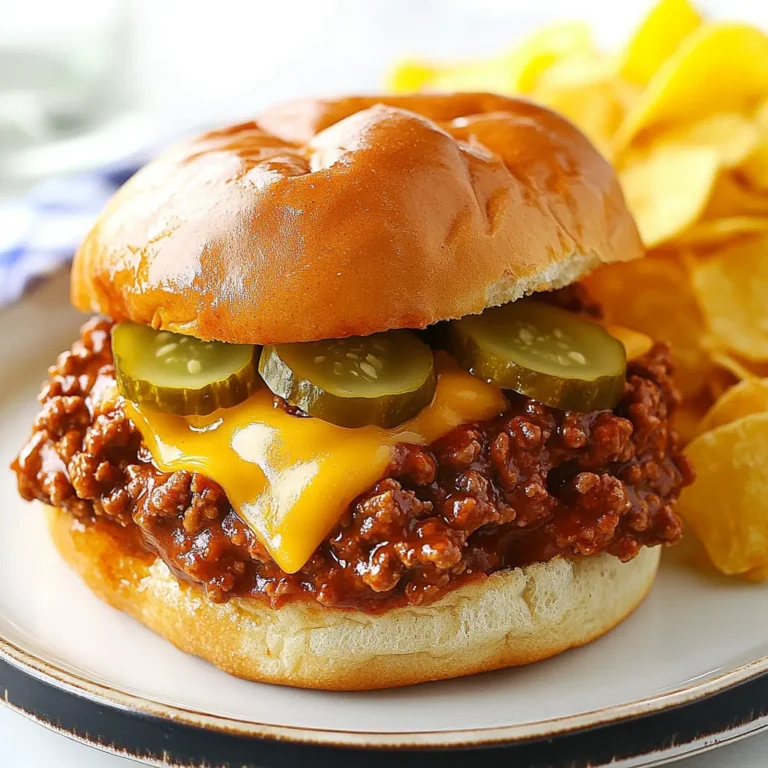When making homemade Sloppy Joes, you need a few key items. Here’s what you should gather for a tasty meal: - 1 lb ground beef or turkey - 1 cup finely chopped onion - 1 cup finely chopped bell pepper (mix of red and green) - 2 cloves garlic, minced - 1 cup ketchup - 1 tablespoon Worcestershire sauce - 1 tablespoon brown sugar - 1 tablespoon apple cider vinegar - 1 teaspoon smoked paprika - 1 teaspoon mustard (yellow or Dijon) - Salt and pepper to taste - 4 hamburger buns - Optional: sliced pickles and sliced cheese for topping Each ingredient adds its own flavor. The ground beef or turkey forms the base. The onion and bell pepper provide sweetness and crunch. Garlic adds a nice, bold taste. For the sauce, the ketchup gives a rich, tangy flavor. Worcestershire sauce adds depth. Brown sugar balances the flavors with sweetness. Apple cider vinegar gives a nice zing, while smoked paprika brings warmth. Don’t forget your buns! They hold everything together and make your Sloppy Joes easy to eat. Add some pickles and cheese on top for extra flavor. With these ingredients, you’re set to make a delicious meal. {{ingredient_image_2}} - Browning the meat Start by heating a large skillet over medium heat. Add 1 pound of ground beef or turkey. Use a wooden spoon to break the meat apart as it cooks. Brown the meat for 5 to 7 minutes. If there is extra grease, drain it to keep the filling from being oily. - Softening the vegetables Next, add 1 cup of finely chopped onion and 1 cup of finely chopped bell pepper to the skillet. Stir the mixture well with the meat. Cook for about 4 to 5 minutes until the vegetables soften. The onion should look translucent at this point. - Mixing and combining ingredients for the sauce In a mixing bowl, whisk together the following: - 1 cup of ketchup - 1 tablespoon of Worcestershire sauce - 1 tablespoon of brown sugar - 1 tablespoon of apple cider vinegar - 1 teaspoon of smoked paprika - 1 teaspoon of mustard - A sprinkle of salt and pepper Pour this sauce over the meat and vegetables in the skillet. Mix everything thoroughly to combine. - Simmering the mixture Lower the heat to low and let the mixture simmer for about 10 minutes. This step helps the flavors blend together and thickens the filling. - Toasting the buns While the Sloppy Joe mixture simmers, toast your hamburger buns. You can do this in a dry skillet or an oven. Toast them until they are golden brown. This adds a nice crunch to your sandwich. - Serving suggestions Once the filling is ready, scoop a generous amount onto the toasted buns. You can add optional toppings like sliced pickles and cheese for extra flavor. Place the top half of the bun gently on each sandwich. Enjoy your Sloppy Joes with a side of crispy potato chips for a tasty meal! To enhance the flavor, start by adjusting spices and sweetness. You can add more brown sugar for sweetness or a splash of vinegar for tang. Don't forget to taste as you go. For a meaty texture, use ground beef or turkey. If you want a firmer bite, choose a leaner meat. Cooking the meat until brown adds a rich flavor. Sloppy Joes pair well with sides like crunchy potato chips or fresh salad. You can also serve them with coleslaw for a nice crunch. If you want something warm, try a side of baked beans. Each side adds a fun twist to your meal. Store any leftovers in an airtight container. They’ll last in the fridge for about three days. For longer storage, freeze the filling in portions. When you’re ready to eat, reheat in a skillet over low heat. Stir often to keep it moist. You can also microwave it in a bowl, covered, but be careful not to dry it out. Pro Tips Choose Your Meat Wisely: Ground turkey is a leaner option that works beautifully in this recipe without sacrificing flavor. Enhance the Flavor: Consider adding a splash of hot sauce or a pinch of chili powder to the sauce for an extra kick. Let It Simmer: The longer you let the mixture simmer, the more the flavors will develop, so don’t skip this step! Experiment with Toppings: Try adding avocado slices or jalapeños for a unique twist that complements the Sloppy Joes perfectly. {{image_4}} You can make Sloppy Joes healthier by using turkey or plant-based meat. Turkey has less fat than beef. It still gives you that savory flavor. Many brands offer plant-based options. They mimic ground meat well. Just swap out the beef for the substitute of your choice. Want to spice things up? Add heat with jalapeños or hot sauce. This gives your Sloppy Joes an exciting kick. You can also try different sauces. Barbecue sauce or Sriracha adds a unique twist. Experiment with flavors to find your favorite mix. If you prefer a meatless meal, lentils or beans work great. They are full of protein and flavor. Cook lentils until soft, then mix them with your sauce. Canned beans are another easy choice. Just rinse and add them to the skillet. Both options make a tasty Sloppy Joe without meat. You can store your Sloppy Joes in the fridge for up to three days. Make sure to place the filling in an airtight container. Keep the buns separate to avoid sogginess. When ready to eat, just grab the filling and buns for a quick meal. If you want to freeze your Sloppy Joes, let the filling cool first. Place it in a freezer-safe bag or container. Remove as much air as you can. They can last up to three months in the freezer. When you are ready, just thaw it in the fridge overnight before reheating. To reheat, I suggest using the stove for best results. Place the filling in a skillet and add a splash of water. Heat on low and stir often. This keeps the filling moist and tasty. If using a microwave, cover the dish to trap steam and heat in short bursts, stirring in between. Enjoy your meal just like the first time! You can pair Sloppy Joes with many tasty sides. Here are my favorites: - Crispy potato chips - Coleslaw for crunch - Sweet corn on the side - French fries for a classic touch - A simple green salad These sides add texture and flavor. They also make your meal more fun! Yes, you can prepare Sloppy Joes ahead of time. Here are some tips: - Cook the meat mixture and let it cool. - Store it in an airtight container in the fridge. - Reheat it on the stove or microwave before serving. You can also freeze it for later. Just thaw it in the fridge overnight before reheating. Absolutely! You can mix it up with different meats or meat substitutes: - Ground turkey for a leaner option - Ground chicken if you prefer - Lentils or black beans for a vegetarian dish These options keep the flavor while changing the dish's profile. Experiment and find your favorite! This blog post covers everything you need to make great Sloppy Joes. We talked about essential ingredients, step-by-step instructions, tips for flavor, and variations for healthier or veggie options. Remember, you can easily adjust the recipe to fit your taste. Whether you enjoy a classic Sloppy Joe or a healthier twist, these tips will help you succeed. Enjoy making this dish with your favorite toppings and sides! Happy cooking!