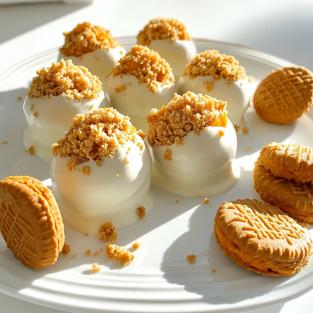 Gather these simple ingredients to make your No Bake Biscoff Pumpkin Truffles: - 1 cup pumpkin puree - 1 cup Biscoff cookie crumbs - 1/2 cup cream cheese, softened to room temperature - 1/4 cup powdered sugar - 1 teaspoon pumpkin spice - 1/4 teaspoon vanilla extract - 1/3 cup white or dark chocolate chips (for coating) - Extra Biscoff cookie crumbs for garnish Using quality ingredients makes a big difference. Fresh pumpkin puree gives a nice flavor. Biscoff cookie crumbs add a sweet and spiced crunch. Cream cheese binds everything together and adds creaminess. When measuring, use precise amounts for the best taste. Too much pumpkin or sugar can change the texture. The pumpkin spice gives that cozy fall taste. It’s perfect for this time of year. White or dark chocolate chips are for coating. Choose what you love most! The extra cookie crumbs on top add a fun finish. Each bite will be a treat. Now, let’s get started on making these delicious truffles! Start by grabbing a medium bowl. Add 1 cup of pumpkin puree and 1/2 cup of softened cream cheese. Use a hand mixer to blend these until smooth. This will create a creamy, rich base. Next, add 1/4 cup of powdered sugar, 1 teaspoon of pumpkin spice, and 1/4 teaspoon of vanilla extract. Mix again until everything is well combined. This mixture smells amazing and tastes even better! Now it’s time to add some crunch. Gradually fold in 1 cup of Biscoff cookie crumbs. Stir until the dough is thick and holds together. If it feels too crumbly, use your hands to knead it gently. Once it feels right, cover the bowl with plastic wrap. Chill it in the fridge for about 30 minutes. This step helps firm the mixture, making it easier to shape the truffles. After the mixture is chilled, scoop about one tablespoon of the dough. Roll it into a ball using your palms. Place it on a parchment-lined baking sheet. Repeat this with the rest of the mixture until you have formed all your truffles. Next up, melt your chocolate. In a microwave-safe bowl, add 1/3 cup of chocolate chips. Heat them in 15-second intervals, stirring in between until the chocolate is smooth. Be careful not to overheat it! Now, dip each truffle into the melted chocolate. Make sure to coat it well, then allow any extra chocolate to drip off. Place the coated truffles back on the parchment. While the chocolate is still wet, sprinkle extra Biscoff cookie crumbs on top. This adds a nice touch and extra flavor! Finally, return the truffles to the fridge for about 30 minutes to let the chocolate set. After that, you’ll have a delicious treat ready to enjoy! To get the best texture for your truffles, use room-temperature cream cheese. This helps create a smooth mixture. Mix all the wet ingredients first, then fold in the dry ingredients. This way, you avoid lumps. If your mixture feels too loose, add more Biscoff crumbs. Letting the mixture chill for at least 30 minutes helps firm it up. Arranging truffles on a nice plate makes them look great. Use a decorative platter for a festive touch. Drizzling some melted chocolate over the truffles adds flair. You can also place whole Biscoff cookies beside the truffles. This will make your treat even more inviting. If the mixture is too soft, add more Biscoff crumbs. This will help it hold shape better. If the truffles taste too sweet, you can mix in a pinch of salt. This balances the flavor nicely. Always taste your mixture before rolling it into truffles. Adjust as needed! {{image_4}} You can change the taste of your truffles easily. Adding spices like cinnamon or nutmeg makes them warm and cozy. If you want a twist, try mixing in a bit of cocoa powder for a chocolatey kick. You can also swap Biscoff cookies for other types. Oreos or ginger snaps work great too. These simple changes can make your truffles unique. For a vegan option, use dairy-free cream cheese. There are many brands that taste great and work well. If you need gluten-free truffles, choose gluten-free cookie brands. This way, everyone can enjoy these tasty treats without worry. Check the labels to ensure they meet your needs. Fall is a great time for new flavors. You can add maple syrup or crushed pecans for a new taste. These ingredients enhance the fall vibe of your truffles. Try adding a bit of caramel for a sweet surprise. With these seasonal twists, you can keep your truffles fresh and exciting. To keep your truffles fresh, store them in the fridge. Place the truffles in an airtight container. This helps to prevent them from drying out. Make sure the container has a tight seal. If you stack the truffles, use parchment paper between layers. This keeps them from sticking together. You can freeze the truffles for later enjoyment. To freeze, place them in a single layer on a baking sheet. Freeze until solid, then transfer them to an airtight container. They can last up to three months in the freezer. When you want to eat them, take them out and let them thaw in the fridge. This keeps the texture nice. Avoid thawing them at room temperature, as it can make them too soft. No Bake Biscoff Pumpkin Truffles stay fresh in the fridge for about one week. To keep them safe, store them in an airtight container. If you notice any off smells, or if the truffles feel sticky or look dry, it’s time to discard them. Yes, you can swap Biscoff for other cookies. For a similar taste, try gingersnaps or speculoos cookies. If you seek a different flavor, use Oreo cookies or vanilla wafers. Each type of cookie adds its own unique twist to the truffles. Absolutely! You can make these truffles up to three days ahead. After shaping them, store them in the fridge in an airtight container. You can coat them in chocolate just before serving for the best taste and texture. You can make delicious No Bake Biscoff Pumpkin Truffles with simple ingredients. Start by mixing pumpkin puree and cream cheese with spices. Shape the mixture into truffles and coat them in melted chocolate. Remember to chill your truffles for a perfect texture. For extra fun, try different flavors or dietary options. Store them in an airtight container for freshness. You'll wow your friends and enjoy tasty treats all season. Truffles are easy to make and full of flavor; give them a try!